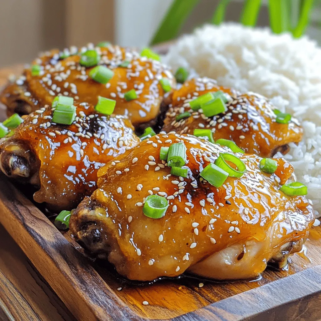 Here are the ingredients you'll need for the honey soy glazed chicken thighs: - 4 bone-in, skin-on chicken thighs - 1/4 cup honey - 1/4 cup soy sauce - 2 tablespoons sesame oil - 2 cloves garlic, minced - 1 tablespoon fresh ginger, minced - 1 teaspoon red pepper flakes (optional for a hint of spice) - 1 tablespoon rice vinegar - 2 green onions, finely chopped (for garnish) - Sesame seeds (for garnish) These ingredients blend together to create a sweet and savory glaze. The honey adds a rich sweetness, while the soy sauce brings depth and umami. You can adjust the red pepper flakes based on your spice level. If you want more heat, feel free to add a bit more! Using fresh ginger and garlic gives the chicken a bright, fresh flavor. This recipe is simple yet packed with taste. You can find the full recipe in the earlier part of the article. Enjoy your cooking! - Combine the honey, soy sauce, sesame oil, minced garlic, minced ginger, and rice vinegar in a medium bowl. - Whisk until smooth and all ingredients blend well. This marinade adds sweet and savory notes to the chicken. - Place the chicken thighs in a resealable bag or a shallow dish. - Pour the marinade over the chicken, making sure every piece is coated. - Seal the bag or cover the dish. Refrigerate for 30 minutes to 4 hours. Longer marinating gives the chicken great flavor. - Preheat your oven to 425°F (220°C). - Remove the chicken from the marinade. Save the marinade for later use. - Place the chicken thighs skin-side up on a lined baking sheet. - Bake for 25-30 minutes. Look for golden, crispy skin. The chicken should reach 165°F (74°C) for safe eating. - While the chicken bakes, take the reserved marinade and pour it into a small saucepan. Bring it to a boil, then simmer for 5-7 minutes to thicken. - After baking, brush the thickened marinade on each chicken thigh. - Return the chicken to the oven for an extra 5 minutes. This step caramelizes the glaze perfectly. - Once done, let the chicken rest for 5 minutes. This helps keep the meat juicy. - Before serving, garnish with chopped green onions and sesame seeds for a nice touch. Enjoy the juicy, tasty flavors of honey soy glazed chicken thighs with this simple recipe! For the full recipe, check the earlier section. To get the best flavor from your chicken thighs, marinate them longer. I suggest at least four hours. This time allows the chicken to soak up all the tasty goodness. If you want a kick, adjust the red pepper flakes. Less for mild heat, more for a spicier dish. To ensure your chicken is cooked just right, use a meat thermometer. The chicken should reach 165°F (74°C). This temperature means it’s safe to eat and juicy. After cooking, let the chicken rest for about five minutes. This rest time helps keep the meat moist and tender. For a stunning plate, serve your glazed chicken on a wide platter. Drizzle any extra marinade over the top. This adds flavor and makes it look nice. Garnish with chopped green onions and sesame seeds. Pair your chicken with steamed rice and colorful vegetables. This combo makes the meal vibrant and appealing. For the full recipe, check the previous section. {{image_4}} You can easily switch up the main protein in this dish. If you prefer chicken breasts, those work well too. They will have a lighter taste but still soak up that yummy honey soy glaze. Drumsticks are another great choice, giving you the same juicy flavor with a fun eating experience. For a vegetarian option, consider using tofu. Tofu absorbs flavors well, making it a tasty substitute. Just press and cube the tofu before marinating it. This will help it soak up all that honey and soy goodness. Want to mix it up? Try adding citrus juice to the marinade. Lemon or lime juice brings a bright, tangy twist that balances the sweetness of the honey. This makes the dish feel fresh and lively. You can also add herbs for extra flavor. Cilantro or parsley can add a nice touch. Sprinkle those on top right before serving for a pop of color and taste. Grilling is a fun way to cook honey soy glazed chicken. It gives the chicken a smoky flavor that pairs well with the glaze. Just marinate and then throw the chicken on the grill until it’s cooked through. If you want tender meat without much fuss, use a slow cooker. Just place the marinated chicken in the cooker and let it do its magic. This method keeps the chicken juicy and full of flavor. For more ideas, check out the Full Recipe for Honey Soy Glazed Chicken Thighs. Store any leftovers in an airtight container. This keeps the chicken fresh for up to 3 days. Always let the chicken cool before sealing it. This helps avoid condensation inside the container. Trust me, fresh chicken tastes much better. You can freeze cooked chicken for later use. Place it in a freezer-safe bag. Remove as much air as possible before sealing. This way, it stays good for up to 3 months. When you’re ready to eat, just thaw in the fridge overnight. For the best texture, reheat in the oven. It keeps the skin crispy, which is key to a great bite. Preheat your oven to 375°F (190°C) and bake for about 10-15 minutes. If you need a quick option, you can use the microwave. Just note, it may lose some crispiness. Enjoy your Honey Soy Glazed Chicken Thighs every way! - Follow the step-by-step instructions provided above for best results. You will mix the marinade, marinate the chicken, and then bake it. Each step helps build flavor and create that tasty glaze. - Yes, but homemade marinade enhances flavor customization. When you make it from scratch, you can adjust the sweetness or saltiness. This gives you control over the taste, making it more personal. - Recommended sides include steamed rice, stir-fried vegetables, or a fresh salad. These sides balance the rich flavors of the chicken. They also add color and nutrition to your plate. This blog covered a tasty Honey Soy Glazed Chicken Thighs recipe. You learned how to create a flavorful marinade, marinate the chicken, and bake it for perfect results. I shared tips for flavor, cooking methods, and serving ideas to elevate your dish. Remember, you can customize this recipe with different proteins or spices. Enjoy making this dish for your next meal. It’s simple, fun, and delicious!
