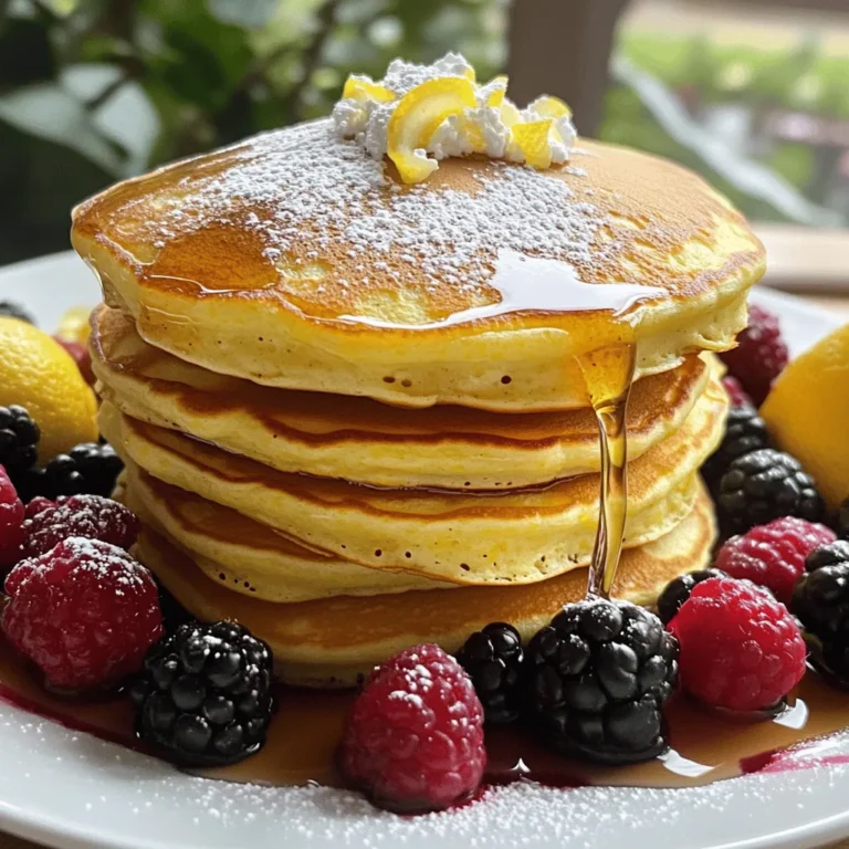 - Ricotta cheese and its role in texture Ricotta cheese is key for these pancakes. It adds creaminess and helps them stay fluffy. The moisture in ricotta gives a light and tender bite. Using fresh ricotta makes a big difference in taste and texture. - Importance of fresh lemons for flavor Fresh lemons bring bright flavor to the pancakes. Their zest adds a fragrant aroma, while the juice gives a tangy zing. Always choose organic, fresh lemons for the best taste. Avoid bottled lemon juice; it lacks the vibrant flavor of fresh fruit. - Optional toppings for serving You can serve these pancakes with many toppings. Fresh berries like blueberries or strawberries add sweetness. Maple syrup drizzled on top enhances the flavor. For a special touch, try adding whipped cream or a sprinkle of powdered sugar. - Measuring ingredients accurately Accurate measurements are crucial for perfect pancakes. Use a kitchen scale for the best results. When measuring flour, spoon it into your cup and level it off. This method ensures you don’t pack it down and make dense pancakes. - Choosing high-quality ingredients for the best results Always select high-quality ingredients for your pancakes. Fresh eggs, real vanilla extract, and high-fat ricotta cheese will elevate your dish. Investing in good ingredients pays off in flavor and texture. Using fresh, organic items can make your meal feel gourmet. For the full recipe, check out the details above! Start by mixing the wet ingredients. In a medium bowl, whisk together the ricotta cheese, eggs, sugar, lemon zest, lemon juice, and vanilla extract. Make sure the mix is smooth and well combined. This step is key to getting that rich flavor and creamy texture. Next, in a separate bowl, measure and combine the dry ingredients. Mix the flour, baking powder, baking soda, and salt. Stir them until they are evenly distributed. When you combine the dry and wet mixes, do it gently. Overmixing can lead to tough pancakes. It’s fine if the batter has some lumps; that helps keep them fluffy. Preheat a large non-stick skillet or griddle over medium heat. Make sure it’s hot enough. Lightly grease the surface with butter or oil. This will help the pancakes not stick. Pour about 1/4 cup of batter onto the skillet for each pancake. Cook them until you see bubbles forming on the surface and the edges look set. This takes about 3-4 minutes. Once they are ready, gently flip the pancakes. Cook on this side until they turn golden brown, which takes about 2-3 minutes more. As you finish each batch, keep the pancakes warm in a low-temperature oven, around 200°F. This way, they stay nice and hot while you cook the rest. Serve the pancakes warm. Top them with fresh berries like blueberries or strawberries. A generous drizzle of pure maple syrup adds sweetness. For a beautiful presentation, stack the pancakes high on a plate. Lightly dust them with powdered sugar for a lovely finish. You might also add a few mint leaves for color. A side of lemon wedges can give an extra citrusy flair. You can find the full recipe above to guide you through every step. Enjoy your cooking! To get the best texture in your lemon ricotta pancakes, resting the batter is key. After mixing your batter, let it sit for about 10 minutes. This allows the flour to absorb moisture and helps make the pancakes fluffier. Another vital tip is to not over-mix the batter. When combining the wet and dry ingredients, mix just until they come together. It’s okay if there are some lumps. Over-mixing can make your pancakes tough instead of light and airy. You can enhance the flavor of these pancakes in fun ways. Try adding herbs like basil or mint for a fresh twist. Chopped nuts, like walnuts or almonds, can add a nice crunch. Adjust the sweetness to fit your taste. If you prefer sweeter pancakes, add a bit more sugar. If you like it less sweet, reduce the sugar. You can also drizzle honey or maple syrup on top for added flavor. If you're looking for gluten-free options, swap the all-purpose flour for a gluten-free blend. Many blends work well and keep the pancakes tasty. For vegan adaptations, use a plant-based ricotta and replace the eggs with flaxseed meal or a banana. This way, you can still enjoy delicious pancakes while sticking to your dietary needs. {{image_4}} You can make lemon ricotta pancakes even more fun by adding some extras. Chocolate chips are a great choice. They melt into the warm pancakes and add a sweet touch. Just fold in about 1/2 cup of chips into the batter. Nuts also add a nice crunch. Chopped walnuts or pecans work well. Add about 1/4 cup to the batter for a nutty flavor. Seasonal fruits can change how the pancakes taste. In spring, use fresh strawberries or blueberries. In summer, try peaches or raspberries. In fall, diced apples or pears can be a good fit. You can serve these fruits on top for a colorful and tasty pancake. Lemon ricotta pancakes shine in stacks. Stack three pancakes high, and drizzle with syrup. This makes an eye-catching and tasty dish. You can also turn pancakes into sandwiches. Spread some ricotta cheese or cream cheese between two pancakes. Add fruit or honey for a sweet treat. This way, you get a fun twist on breakfast that is both filling and delicious. For even more ideas, check out the Full Recipe for lemon ricotta pancakes, and let your creativity flow! After enjoying your lemon ricotta pancakes, you may have some leftovers. To keep them fresh, stack the pancakes with parchment paper between each layer. Place the stack in an airtight container. Store it in the fridge for up to three days. If you want to save them longer, freeze the pancakes. Lay them in a single layer on a baking sheet first. Once frozen, transfer them to a freezer-safe bag. This way, they stay nice and fluffy for up to two months. When it's time to enjoy your pancakes again, reheating is easy. You can use the microwave, but be careful. Heat them in short bursts of 15 seconds. This helps prevent drying out. Another great method is to reheat them on a skillet. Use low heat and flip them after a minute. This warms them up nicely without losing moisture. For serving suggestions, try adding fresh berries or a drizzle of maple syrup. This adds flavor and makes the pancakes look great again. You can also warm up some extra lemon juice or zest to drizzle on top for a fresh kick. How do I know when the pancakes are done cooking? You can tell the pancakes are done when bubbles form on the surface. The edges should look set and slightly dry. Flip them gently. Cook until they turn golden brown. This usually takes about 3-4 minutes on the first side and 2-3 minutes on the other. Can I use low-fat ricotta cheese for this recipe? Yes, you can use low-fat ricotta cheese. It will still give you a nice texture. However, keep in mind that it may not be as creamy as full-fat ricotta. The taste will still be delicious! What can I use instead of ricotta cheese? If you don’t have ricotta, you can use cottage cheese. Blend it first to make it smooth. Cream cheese can also work, but it will change the flavor a bit. Greek yogurt can be a good option too. Just remember to adjust the liquid if needed. Alternatives for lemon juice and zest If you don’t have fresh lemons, use bottled lemon juice. It won’t have the same bright flavor but works in a pinch. For zest, you can use lemon extract. Just a few drops will do. It adds nice flavor without the zest. Can I make these pancakes in advance? Yes, you can prepare the batter ahead of time. Store it in the fridge for up to 2 hours. This helps the flavors meld together. Just give it a gentle stir before cooking. You can also cook the pancakes and store them in the fridge. What skillet is best for cooking pancakes? A non-stick skillet or griddle is ideal for pancakes. It helps prevent sticking and ensures even cooking. Make sure it’s preheated well before adding the batter. This step is key for fluffy pancakes! Lemon ricotta pancakes are a tasty way to start your day. Use fresh lemons and quality ricotta for the best flavor and texture. Remember to mix wet and dry ingredients gently for fluffy results. You can add fruit or nuts for fun variations, too. Don’t forget about storing leftovers and reheating tips to enjoy later. With these steps, you can create wonderful pancakes that impress everyone. Experiment and make this recipe your own, turning breakfast into a celebration. Happy cooking!