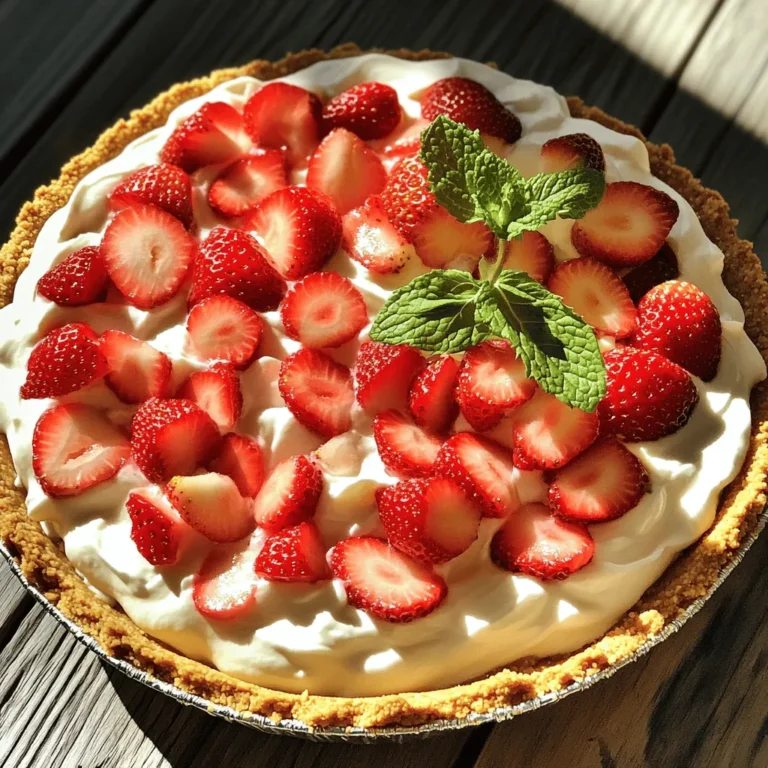 To make a No-Bake Strawberry Cream Pie, you need simple, fresh ingredients. Here’s what you'll need: - 1 pre-made graham cracker pie crust - 2 cups fresh strawberries, hulled and halved - 1 cup heavy whipping cream - 1 cup cream cheese, softened to room temperature - 1/2 cup powdered sugar - 1 teaspoon vanilla extract - 1 tablespoon freshly squeezed lemon juice - Fresh mint leaves for garnish (optional) These ingredients blend to create a creamy, fruity, and delightful pie. The pre-made graham cracker crust saves time and adds a sweet crunch. Fresh strawberries bring bright flavor and color. Heavy whipping cream and cream cheese make the filling rich and fluffy. Powdered sugar adds just the right sweetness. Vanilla and lemon juice enhance the overall taste. You can top it with mint leaves for a touch of elegance. For the full recipe, you can check out the detailed instructions to create this tasty treat. Making a No-Bake Strawberry Cream Pie is simple and fun. You start by gathering all your ingredients. You will need a graham cracker crust, fresh strawberries, heavy whipping cream, cream cheese, powdered sugar, vanilla extract, and lemon juice. Once you have everything, follow the steps carefully for the best results. To make perfect whipped cream, use a medium mixing bowl. Set an electric mixer to medium speed. Beat the heavy whipping cream until soft peaks form. Be careful not to over-whip. The cream should be smooth and fluffy, not grainy or stiff. This step is key for a light pie filling. In a large bowl, add softened cream cheese, powdered sugar, vanilla extract, and lemon juice. Use a spatula or mixing spoon to blend these ingredients. Mix until the texture is completely smooth. This creamy base is crucial for the pie's flavor. Now, it’s time to combine the mixtures. Gently fold the whipped cream into the cream cheese mixture. Use a spatula for this. Do it slowly to keep the air in the whipped cream. Then, add the halved strawberries, mixing them in evenly. Reserve some strawberries for later. Pour the strawberry cream mixture into the graham cracker crust. Use a spatula to spread it evenly. Cover the pie with plastic wrap. Refrigerate for at least four hours. For best flavor, let it chill overnight. This helps the pie set properly. Before serving, it's time to make the pie look pretty. Take the reserved strawberries and arrange them on top. You can add fresh mint leaves for a splash of color. This final touch makes your pie look as good as it tastes. Follow this guide, and you'll create a delightful No-Bake Strawberry Cream Pie. For the full recipe, refer to the details above. To get a light and airy texture for your pie filling, whip the heavy cream until soft peaks form. This step is key! Use a medium bowl and an electric mixer for the best results. Be careful not to over-whip, as the cream can turn grainy and lose its fluffiness. Gently fold this whipped cream into the cream cheese mixture. This folding action keeps air in the cream, making your filling light and delicious. If you have dietary needs, you can easily modify this recipe. For a dairy-free version, use coconut cream instead of heavy cream and dairy-free cream cheese. You can also swap the graham cracker crust for a gluten-free crust. If you want to cut sugar, use a sugar substitute like stevia or erythritol. These changes can make the pie fit various diets while still tasting great. This pie pairs well with many treats. I love to serve it with a scoop of vanilla ice cream on the side. You can also add a dollop of whipped cream on top for extra sweetness. Fresh mint leaves make a lovely garnish and add a pop of color. For a fun twist, serve the pie with a berry sauce drizzled over each slice. This adds flavor and makes your dessert look fancy. Check out the Full Recipe for more ideas! {{image_4}} You can change up your no-bake strawberry cream pie with other fruits. Blueberries, raspberries, and peaches work great. Just make sure to cut them into small pieces. You can even mix fruits for a colorful pie. For example, half strawberries and half blueberries create a fun look. The flavors blend well, too. Using flavored cream cheese adds a fun twist. You can find options like strawberry, vanilla, or even lemon. Just swap the plain cream cheese for your flavored choice. This adds extra taste and may surprise your guests. It’s an easy way to make the pie unique. Toppings can make your pie shine. Here are some fun ideas: - Crushed graham crackers for crunch - Chocolate shavings for a sweet touch - Whipped cream for extra fluffiness - Sliced almonds for a nutty flavor - Fresh mint leaves for color and taste You can mix and match these toppings to suit your style. Let your creativity flow and impress your friends! For the full recipe, check out the recipe card above. To store your No-Bake Strawberry Cream Pie, keep it in the fridge. Cover the pie with plastic wrap or place it in an airtight container. This helps keep the pie fresh and prevents it from absorbing any odors. Make sure to chill it for at least 4 hours before serving. If you have leftovers, they will stay fresh for about 3 to 4 days. You can freeze No-Bake Strawberry Cream Pie, but keep in mind it may change the texture. To freeze, wrap the pie tightly in plastic wrap and then in aluminum foil. This protects it from freezer burn. It can last up to 2 months in the freezer. When you're ready to enjoy it, let it thaw overnight in the fridge. This will help it regain some of its original texture. In the fridge, the pie lasts about 3 to 4 days. After that, the cream can separate, and the strawberries may lose their freshness. If you freeze it, remember to consume it within 2 months for the best taste. Always check for any signs of spoilage before serving. Enjoy this easy treat while it’s still fresh! Yes, you can make this pie ahead of time. It actually tastes better when chilled. I suggest making it the night before. This gives the pie time to set and the flavors to blend nicely. Just cover it well with plastic wrap. Store it in the fridge until you are ready to serve. Use full-fat cream cheese for the best results. It makes the filling rich and creamy. You can also use low-fat cream cheese if you want a lighter option. Just keep in mind that the taste and texture may change a bit. To make this pie gluten-free, choose a gluten-free graham cracker crust. Many brands offer gluten-free options now. You can also make your own crust using gluten-free cookies or oats. Just ensure all other ingredients are gluten-free as well. You can switch strawberries for other fruits easily. Here are some great options: - Raspberries - Blueberries - Peaches - Kiwi - Mixed berries These fruits will add different flavors and colors to your pie. Feel free to mix and match! You’ve learned how to make a delicious No-Bake Strawberry Cream Pie. We covered the key ingredients, step-by-step instructions, and helpful tips. Now, you can impress friends and family with this simple dessert. Remember, you can get creative with fruits and flavors. Don’t hesitate to try different toppings or adjustments. Your pie can be a unique creation. Enjoy your delicious pie-making journey!