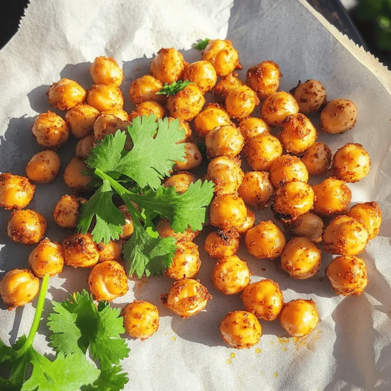 - 2 cans (15 oz each) chickpeas, thoroughly drained and rinsed - 2 tablespoons extra virgin olive oil - 1 tablespoon smoked paprika - 1 teaspoon cayenne pepper - 1 teaspoon garlic powder - 1 teaspoon onion powder - 1 teaspoon ground cumin - Salt, to taste - Fresh cilantro for garnish (optional) Chickpeas are the star of this recipe. They are high in protein and fiber, making them a healthy choice. Each can of chickpeas gives you a great base for a crispy snack. Now, let's break down the other ingredients. Extra virgin olive oil adds healthy fats, helping the spices stick. Smoked paprika gives a deep flavor, while cayenne pepper adds heat. Garlic and onion powders give a nice aroma and a touch of sweetness. Ground cumin brings an earthy taste that balances the spices. You can adjust the salt to your liking. Fresh cilantro is optional but adds a fresh touch. Chickpeas are packed with nutrients. One serving has about 120 calories. They provide around 6 grams of protein and 2 grams of fat. You also get about 20 grams of carbs and 5 grams of fiber. Chickpeas support heart health, help with digestion, and can aid in weight management. They are a smart choice for a snack or a meal. They fit well into many diets, too! For the full recipe, check out [Full Recipe]. Start by preheating your oven to 400°F (200°C). This step is key for making the chickpeas crispy. Use a baking sheet lined with parchment paper. This helps with easy cleanup and ensures the chickpeas do not stick. Next, rinse the chickpeas under cold water. Drain them well, then pat them dry with a clean paper towel. This step is very important. Removing moisture makes the chickpeas crispier when roasting. In a large bowl, mix the drained chickpeas with olive oil and spices. Use smoked paprika, cayenne pepper, garlic powder, onion powder, ground cumin, and a pinch of salt. Toss gently so every chickpea gets coated in the spice mix. Even coverage is vital for that great flavor. Spread the seasoned chickpeas on the baking sheet in a single layer. This helps them roast evenly. Place the sheet in the oven and roast for about 25-30 minutes. Shake the pan halfway through to promote even cooking. Watch them closely near the end to avoid burning. Once they are golden and crispy, take the chickpeas out. Let them cool on the baking sheet for a few minutes. They will continue to crisp up as they cool. For a fresh touch, sprinkle chopped cilantro on top before serving. Enjoy them as a snack or use them as a topping on salads. For the full recipe, check the ingredient list above. To make your spicy roasted chickpeas super crispy, dry them well. After draining, rinse them under cold water. Then, pat them dry with a paper towel. This step is vital! Any leftover moisture will make them soggy. Spread the chickpeas in a single layer on your baking sheet. This helps them cook evenly. If they overlap, they won’t get as crisp. Adjusting the spice levels is easy. If you want more heat, add more cayenne pepper. For less spice, reduce the amount or skip it. You can also experiment with other spices! Try adding chili powder or even a dash of curry powder for a fun twist. Taste the mix before roasting to find your perfect balance. Store any leftover roasted chickpeas in an airtight container. Keep them at room temperature for up to three days. If they get soft, re-crisp them in the oven for a few minutes. This restores their crunch. Enjoy them as a snack or toss them on salads. For the full recipe, check out the original source. {{image_4}} You can change the flavor of spicy roasted chickpeas easily. Try adding different spices or herbs. Here are some great ideas: - Cumin: Boost the earthy flavor. - Chili powder: Add more heat. - Turmeric: For a warm, golden color. - Herbs: Experiment with thyme or rosemary for fresh notes. For a sweet twist, mix in a little cinnamon and honey. Toss your roasted chickpeas with a bit of honey after cooking. The sweetness pairs well with spice. It creates a tasty snack that balances flavors. Spicy roasted chickpeas work well with many dishes. They are great as a snack on their own. You can also add them to salads or grain bowls for extra crunch. - Salads: Sprinkle them over leafy greens. They add texture and flavor. - Bowls: Use them in grain bowls for a hearty meal. - Snacking: Serve them in a bowl at parties for a fun treat. Feel free to mix them into soups for added richness. The crispy texture enhances warm dishes too. Get creative and enjoy these versatile little gems! For the full recipe, check the earlier section. To keep your spicy roasted chickpeas fresh, place them in an airtight container. This helps lock in their crunch. You can store them on the counter for up to three days. For longer storage, try the fridge, where they can last up to a week. However, they might lose some crispness in the fridge. If you want to save them for later, consider freezing them. In the freezer, they can last for about three months. Just remember to let them cool completely before storing. When you’re ready to enjoy leftovers, the best way to reheat them is in the oven. Preheat your oven to 375°F (190°C). Spread the chickpeas on a baking sheet in a single layer. Heat them for about 10 minutes. This method helps restore their crunch and flavor. You can also use an air fryer for quick reheating. Set it to 350°F (175°C) and heat for five to seven minutes. Both methods keep your chickpeas crispy and tasty! If you can't use chickpeas, try these options: - Canned white beans: They are creamy and mild in taste. - Edamame: These young soybeans add a nice crunch. - Lentils: Cooked lentils can work, but they won’t be as crunchy. - Roasted pumpkin seeds: They give a great crunch and are nutty. These alternatives are great for those with dietary restrictions or different tastes. Yes, you can easily adapt this recipe for an air fryer. Here’s how: - Preheat your air fryer to 400°F (200°C). - Follow the same steps to season your chickpeas. - Place them in the air fryer basket in a single layer. - Cook for about 15 to 20 minutes, shaking the basket halfway. This method gives you extra crispiness while saving time. The spice level of spicy roasted chickpeas is adjustable. The cayenne pepper in the recipe gives a kick, but you can change it. - For mild: Use less or skip the cayenne. - For extra spicy: Add more cayenne or include chili powder. Taste as you go to find your perfect heat! Yes, spicy roasted chickpeas are naturally gluten-free. Chickpeas do not contain gluten, making them a safe choice for those with gluten sensitivities. Always check your spice labels to ensure no gluten-containing ingredients are added. Enjoy these snacks worry-free! For the full recipe, visit the Spicy Roasted Chickpeas section. This blog post covered how to make spicy roasted chickpeas. We went through the ingredients, detailed the steps, and shared tips for perfecting your snack. Chickpeas are healthy, tasty, and easy to customize. You can adjust spices or enjoy them sweet. Whether you serve them in salads or as a snack, there are many ways to enjoy them. With proper storage, your leftovers will stay fresh. Get ready to impress with this simple recipe!