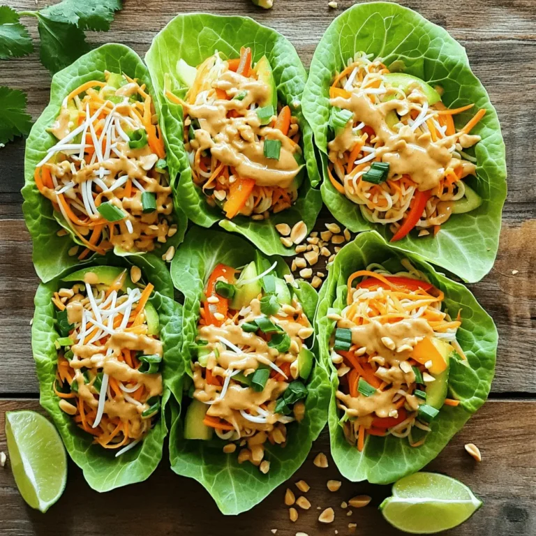 - Butter lettuce or Romaine leaves - Rice noodles - Fresh vegetables: - 1 cup shredded carrots - 1 bell pepper, thinly sliced - 1 cup bean sprouts, rinsed - 1/2 cup green onions, chopped - 3 tablespoons soy sauce or tamari - 2 tablespoons creamy peanut butter - 1 tablespoon lime juice - 1 teaspoon maple syrup - 1/4 cup chopped peanuts - Fresh cilantro - Lime wedges When you gather these ingredients, pay attention to freshness. Choose crisp lettuce and vibrant veggies. They add crunch and color to your dish. The rice noodles give a nice base for your filling. You can use gluten-free options if needed. The sauce combines rich flavors that tie everything together. Maple syrup adds a hint of sweetness, balancing the saltiness of soy sauce. Don't skip the garnishes; they elevate your wraps. Chopped peanuts add crunch, while cilantro brings freshness. Lime wedges offer a zesty kick. This recipe is both simple and full of depth. For the complete recipe, check out Full Recipe. - Cook rice noodles according to package instructions. - Chop and prepare fresh vegetables. Start by cooking the rice noodles. Follow the package instructions closely. Once cooked, drain them and set them aside to cool. Next, take fresh vegetables like carrots, bell peppers, and green onions. Chop the carrots into thin strips. Slice the bell pepper into thin pieces. Finally, rinse the bean sprouts under cold water. - Combine vegetables and noodles in a large mixing bowl. - Prepare and add sauce. In a large mixing bowl, mix the cooked rice noodles, shredded carrots, bell pepper, bean sprouts, and half of the chopped green onions. Use your hands or a spoon to toss these ingredients well. Now, let’s make the sauce. In a small bowl, whisk together soy sauce, creamy peanut butter, lime juice, maple syrup, and sriracha. Blend until smooth. Drizzle the sauce over the noodle and veggie mix. Toss gently until everything is coated. - Filling the lettuce leaves and tucking them. - Plating the wraps for serving. Take a lettuce leaf and place a generous spoonful of the Pad Thai mixture in the center. Top it with chopped peanuts and the remaining green onions. Fold the lettuce leaf like a taco, tucking in the edges to secure the filling. Repeat this until all filling is used. Plate the wraps nicely and serve with lime wedges for a fresh burst. You can also add fresh cilantro on top for extra flavor. For the full recipe, refer to the earlier section. To boost flavor in your Vegan Pad Thai Lettuce Wraps, consider two key tips. First, you can adjust spice levels with sriracha. Start with a little and add more if you like heat. This sauce adds a nice kick without overwhelming the dish. Second, add fresh herbs like cilantro or basil. They bring bright flavors and freshness, making each bite exciting. Preparing ingredients in advance can save time. Cook rice noodles and chop veggies the day before. Store them in separate containers in the fridge. This keeps everything fresh and ready to use. For the best results, assemble wraps just before serving. This keeps lettuce crisp and prevents sogginess. Pair your wraps with simple side dishes for a complete meal. Fresh spring rolls or a light cucumber salad work well. For dips, try peanut sauce or a zesty lime dressing. These options add more flavor and make your meal even more enjoyable. You can find the full recipe to get started on these delicious wraps. {{image_4}} You can add tofu or tempeh for extra protein. Tofu has a soft texture and soaks up flavors well. Tempeh offers a nutty taste and a firmer bite. Both options are easy to cook. Just sauté them until golden brown. You can also use edamame. They add a nice pop and bright color. Edamame is packed with protein too. Feel free to mix in seasonal vegetables. You can use snap peas, zucchini, or bok choy. These veggies add crunch and freshness. Customizing based on your taste is fun. Try adding radishes for a peppery kick. Or use spinach for a nutrient boost. If you need gluten-free wraps, use rice paper instead of lettuce. Simply soak them in warm water until soft. They work well and hold the filling nicely. You can also swap rice noodles for gluten-free noodles. Look for rice or quinoa noodles at your store. This way, everyone can enjoy the meal. Explore these options to make your Vegan Pad Thai Lettuce Wraps unique. You can find the Full Recipe linked above for all the details! To keep your Vegan Pad Thai lettuce wraps fresh, store them in the fridge. Use airtight containers to prevent moisture loss. You can layer the wraps with parchment paper to avoid sticking. Keep the sauce separate for the best taste. This helps maintain the crispness of the lettuce. When reheating the filling, do it gently. Use a non-stick pan over low heat. Stir often to avoid burning. You can add a splash of water to keep it moist. To serve, place the reheated filling back in fresh lettuce leaves. This keeps the wraps crisp and tasty. You can freeze the filling but not the assembled wraps. Freezing the components separately keeps the flavors fresh. Use a freezer-safe bag for the filling. Remove as much air as possible to prevent freezer burn. When ready to eat, thaw the filling overnight in the fridge. To lower the heat, reduce or skip the sriracha. You can also use sweet chili sauce instead. Adding more peanut butter and lime juice can help balance the spice. Here are some tips to adjust spice levels: - Use less sriracha or omit it. - Add more creamy peanut butter for a richer flavor. - Include a splash of coconut milk for creaminess. Yes, you can prep many parts ahead. Cook rice noodles and chop veggies a day early. Store items separately in the fridge. This keeps everything fresh and crunchy. Best tricks for meal prepping include: - Keep the sauce in a sealed container. - Assemble wraps only when ready to eat. - Store lettuce leaves in a damp paper towel to keep them crisp. You can swap ingredients based on what you have. If you need gluten-free options, use tamari instead of soy sauce. For a nut-free version, use sunflower seed butter. Here are some suggestions for substitutions: - Use zucchini noodles instead of rice noodles. - Replace peanuts with sunflower seeds. - Try bok choy or cabbage leaves for wraps. To store leftovers, place them in an airtight container. Keep the filling and lettuce separate to avoid wilting. This way, they stay fresh longer. Proper storage methods include: - Wrap leftover lettuce in a damp paper towel. - Store the filling in a separate container. - Use within two days for the best quality. For the full recipe, check out the earlier sections. Enjoy making these Vegan Pad Thai Lettuce Wraps! In this blog post, we explored how to make Vegan Pad Thai Lettuce Wraps. We covered the main ingredients and sauce you need, plus tips for enhancing flavors. You learned the step-by-step process, from cooking rice noodles to assembling the wraps. We also discussed meal prep and storage tips to keep your wraps fresh. This dish is versatile and easy to customize, making it perfect for everyone. Enjoy these fresh, healthy wraps at your next meal!