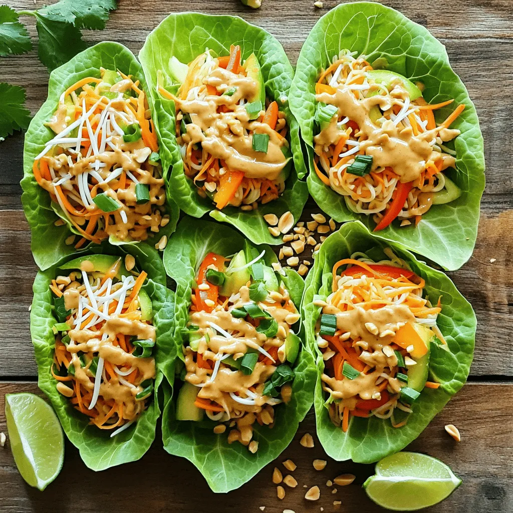 - Butter lettuce or Romaine leaves - Rice noodles - Fresh vegetables: - 1 cup shredded carrots - 1 bell pepper, thinly sliced - 1 cup bean sprouts, rinsed - 1/2 cup green onions, chopped - 3 tablespoons soy sauce or tamari - 2 tablespoons creamy peanut butter - 1 tablespoon lime juice - 1 teaspoon maple syrup - 1/4 cup chopped peanuts - Fresh cilantro - Lime wedges When you gather these ingredients, pay attention to freshness. Choose crisp lettuce and vibrant veggies. They add crunch and color to your dish. The rice noodles give a nice base for your filling. You can use gluten-free options if needed. The sauce combines rich flavors that tie everything together. Maple syrup adds a hint of sweetness, balancing the saltiness of soy sauce. Don't skip the garnishes; they elevate your wraps. Chopped peanuts add crunch, while cilantro brings freshness. Lime wedges offer a zesty kick. This recipe is both simple and full of depth. For the complete recipe, check out Full Recipe. - Cook rice noodles according to package instructions. - Chop and prepare fresh vegetables. Start by cooking the rice noodles. Follow the package instructions closely. Once cooked, drain them and set them aside to cool. Next, take fresh vegetables like carrots, bell peppers, and green onions. Chop the carrots into thin strips. Slice the bell pepper into thin pieces. Finally, rinse the bean sprouts under cold water. - Combine vegetables and noodles in a large mixing bowl. - Prepare and add sauce. In a large mixing bowl, mix the cooked rice noodles, shredded carrots, bell pepper, bean sprouts, and half of the chopped green onions. Use your hands or a spoon to toss these ingredients well. Now, let’s make the sauce. In a small bowl, whisk together soy sauce, creamy peanut butter, lime juice, maple syrup, and sriracha. Blend until smooth. Drizzle the sauce over the noodle and veggie mix. Toss gently until everything is coated. - Filling the lettuce leaves and tucking them. - Plating the wraps for serving. Take a lettuce leaf and place a generous spoonful of the Pad Thai mixture in the center. Top it with chopped peanuts and the remaining green onions. Fold the lettuce leaf like a taco, tucking in the edges to secure the filling. Repeat this until all filling is used. Plate the wraps nicely and serve with lime wedges for a fresh burst. You can also add fresh cilantro on top for extra flavor. For the full recipe, refer to the earlier section. To boost flavor in your Vegan Pad Thai Lettuce Wraps, consider two key tips. First, you can adjust spice levels with sriracha. Start with a little and add more if you like heat. This sauce adds a nice kick without overwhelming the dish. Second, add fresh herbs like cilantro or basil. They bring bright flavors and freshness, making each bite exciting. Preparing ingredients in advance can save time. Cook rice noodles and chop veggies the day before. Store them in separate containers in the fridge. This keeps everything fresh and ready to use. For the best results, assemble wraps just before serving. This keeps lettuce crisp and prevents sogginess. Pair your wraps with simple side dishes for a complete meal. Fresh spring rolls or a light cucumber salad work well. For dips, try peanut sauce or a zesty lime dressing. These options add more flavor and make your meal even more enjoyable. You can find the full recipe to get started on these delicious wraps. {{image_4}} You can add tofu or tempeh for extra protein. Tofu has a soft texture and soaks up flavors well. Tempeh offers a nutty taste and a firmer bite. Both options are easy to cook. Just sauté them until golden brown. You can also use edamame. They add a nice pop and bright color. Edamame is packed with protein too. Feel free to mix in seasonal vegetables. You can use snap peas, zucchini, or bok choy. These veggies add crunch and freshness. Customizing based on your taste is fun. Try adding radishes for a peppery kick. Or use spinach for a nutrient boost. If you need gluten-free wraps, use rice paper instead of lettuce. Simply soak them in warm water until soft. They work well and hold the filling nicely. You can also swap rice noodles for gluten-free noodles. Look for rice or quinoa noodles at your store. This way, everyone can enjoy the meal. Explore these options to make your Vegan Pad Thai Lettuce Wraps unique. You can find the Full Recipe linked above for all the details! To keep your Vegan Pad Thai lettuce wraps fresh, store them in the fridge. Use airtight containers to prevent moisture loss. You can layer the wraps with parchment paper to avoid sticking. Keep the sauce separate for the best taste. This helps maintain the crispness of the lettuce. When reheating the filling, do it gently. Use a non-stick pan over low heat. Stir often to avoid burning. You can add a splash of water to keep it moist. To serve, place the reheated filling back in fresh lettuce leaves. This keeps the wraps crisp and tasty. You can freeze the filling but not the assembled wraps. Freezing the components separately keeps the flavors fresh. Use a freezer-safe bag for the filling. Remove as much air as possible to prevent freezer burn. When ready to eat, thaw the filling overnight in the fridge. To lower the heat, reduce or skip the sriracha. You can also use sweet chili sauce instead. Adding more peanut butter and lime juice can help balance the spice. Here are some tips to adjust spice levels: - Use less sriracha or omit it. - Add more creamy peanut butter for a richer flavor. - Include a splash of coconut milk for creaminess. Yes, you can prep many parts ahead. Cook rice noodles and chop veggies a day early. Store items separately in the fridge. This keeps everything fresh and crunchy. Best tricks for meal prepping include: - Keep the sauce in a sealed container. - Assemble wraps only when ready to eat. - Store lettuce leaves in a damp paper towel to keep them crisp. You can swap ingredients based on what you have. If you need gluten-free options, use tamari instead of soy sauce. For a nut-free version, use sunflower seed butter. Here are some suggestions for substitutions: - Use zucchini noodles instead of rice noodles. - Replace peanuts with sunflower seeds. - Try bok choy or cabbage leaves for wraps. To store leftovers, place them in an airtight container. Keep the filling and lettuce separate to avoid wilting. This way, they stay fresh longer. Proper storage methods include: - Wrap leftover lettuce in a damp paper towel. - Store the filling in a separate container. - Use within two days for the best quality. For the full recipe, check out the earlier sections. Enjoy making these Vegan Pad Thai Lettuce Wraps! In this blog post, we explored how to make Vegan Pad Thai Lettuce Wraps. We covered the main ingredients and sauce you need, plus tips for enhancing flavors. You learned the step-by-step process, from cooking rice noodles to assembling the wraps. We also discussed meal prep and storage tips to keep your wraps fresh. This dish is versatile and easy to customize, making it perfect for everyone. Enjoy these fresh, healthy wraps at your next meal!