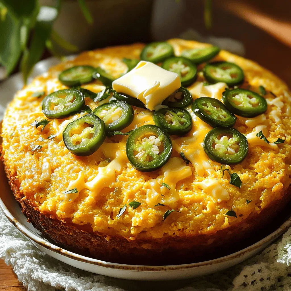 - 1 cup cornmeal - 1 cup all-purpose flour - 1 tablespoon baking powder - 1/2 teaspoon salt - 1/4 teaspoon baking soda - 1 cup buttermilk (or milk with vinegar) - 1/4 cup unsalted butter, melted - 2 large eggs - 1 cup shredded sharp cheddar cheese - 2-3 jalapeños, finely chopped (remove seeds for milder flavor) - 1/4 cup honey (optional) This mix of ingredients makes the cornbread rich and tasty. You start with the dry items. Cornmeal gives a nice texture. The all-purpose flour helps it rise. The baking powder is key for fluffiness. Salt enhances all the flavors, while baking soda balances the acidity of buttermilk. Next, we have the wet ingredients. Buttermilk adds moisture and tang. If you can't find buttermilk, you can mix milk with a bit of vinegar. The melted butter adds richness. Eggs bind everything together, making the cornbread soft. Now for the flavor boosters! Sharp cheddar cheese gives a bold taste. Jalapeños add a kick. If you want less heat, just remove the seeds. Honey is optional, but it adds a touch of sweetness that balances the spice. For the full recipe, check out the detailed instructions to create this delightful dish. - Preheat the Oven: Set to 400°F (200°C). This step ensures even cooking. - Prepare Baking Dish: Grease an 8x8-inch dish or cast-iron skillet. A well-greased pan helps prevent sticking. - Combine Ingredients: In a large bowl, mix cornmeal, flour, baking powder, salt, and baking soda. Use a whisk to blend them well. This mix forms the base of your cornbread. - Whisk Together: In another bowl, whisk buttermilk, melted butter, and eggs. If you like sweetness, add honey now and mix. This adds moisture and flavor. - Mix Together: Pour the wet ingredients into the bowl with dry ingredients. Stir gently until just combined; some lumps are okay. Overmixing could make your cornbread dense. - Add Cheese and Jalapeños: Carefully fold in cheese and jalapeños. This step adds delicious flavor and spice. - Pour Batter: Transfer the mixture into the greased dish. Use a spatula to smooth the top. This helps it bake evenly. - Bake: Place in the oven and bake for 20-25 minutes. It's ready when the top is golden brown and a toothpick comes out clean. - Cool Before Slicing: Let the cornbread cool for about 10 minutes. This makes slicing easier and lets the flavors settle. Enjoy your warm, spicy treat! For the full recipe, refer to the earlier section. To get light and fluffy cornbread, avoid overmixing. When you combine the wet and dry ingredients, mix just until you see no dry flour. A few lumps are okay. Overmixing makes the cornbread dense and tough. You want it to rise nicely and stay soft. You can switch up the cheese for more flavor. Try using pepper jack cheese for a spicy kick. If you prefer less heat, adjust the jalapeño quantity. Start with one jalapeño and taste the batter. You can always add more if you want extra spice. This way, you control the heat level in your cornbread. Serve the cornbread warm for the best taste. A pat of butter on top makes it rich and creamy. You can also add toppings like honey or jam for sweetness. This adds a nice contrast to the spicy jalapeños. Enjoy your cornbread as a side with chili or soup for a great meal. For the complete recipe, check out the Full Recipe section. {{image_4}} You can modify this recipe to fit your needs. For a gluten-free option, use a gluten-free flour blend. This will keep the texture nice while making it safe for those with gluten issues. If you're looking for a vegan option, you can substitute the eggs with flaxseed meal mixed with water. Replace buttermilk with almond milk mixed with a bit of vinegar. These swaps keep the cornbread tasty and friendly for various diets. Want to boost the flavor? Add corn kernels to the batter for a sweet crunch. You might also like to include chopped herbs like cilantro or green onions. These herbs add freshness to each bite. Feel free to experiment with flavors that you love. For a heartier version, mix in cooked chorizo or crispy bacon. This adds a savory kick and extra protein to your cornbread. The rich flavors of these meats pair well with the cheese and jalapeños. You can also try adding a blend of spices, like cumin or smoked paprika, for even more depth. For the complete recipe, check out the Full Recipe. You can store leftover jalapeño cheddar cornbread in an airtight container. Keep it at room temperature for up to three days. This way, it stays fresh and ready to enjoy. For longer storage, you can refrigerate the cornbread. It lasts up to a week in the fridge. If you want to keep it even longer, freeze the cornbread. Wrap it well in plastic wrap or foil before placing it in a freezer bag. This method ensures it stays tasty for up to three months. When you're ready to enjoy your cornbread again, reheat it for the best flavor. You can use the oven or microwave. For the oven, set it to 350°F (175°C) and heat for about 10-15 minutes. If using the microwave, heat each slice for about 20-30 seconds. This way, your cornbread stays warm and delicious. For the full recipe, check out the complete guide! You can serve this cornbread with many dishes. Best pairings include chili, soups, or grilled meats. The cornbread's spice and cheese make it a great side. It balances well with savory flavors. Yes, you can make this cornbread ahead of time. Bake it, then cool it completely. Store it in an airtight container. It stays fresh for a few days. You can also freeze it for longer storage. Just reheat it when you're ready to serve. Absolutely! You can make this recipe spicier. Add more jalapeños to the batter. You can also use spicier peppers, like serranos. This will enhance the heat without losing flavor. Adjust it to your taste for a fun twist. You now have a simple and tasty cornbread recipe. We explored dry and wet ingredients, and how to mix and bake them. Don't forget to try different flavors and toppings to make your cornbread unique. Whether you want it sweet or spicy, this recipe is flexible. Enjoy it fresh or store some for later. Keep experimenting to find what you love. Happy baking!