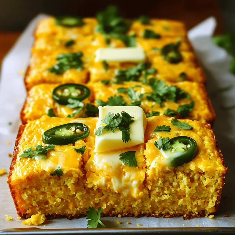 To make Cheesy Jalapeño Cornbread, gather these key ingredients: - 1 cup cornmeal - 1 cup all-purpose flour - 1 tablespoon baking powder - 1/2 teaspoon salt - 1/4 teaspoon baking soda - 1 cup buttermilk - 1/4 cup vegetable oil - 2 large eggs - 1 cup shredded sharp cheddar cheese - 1/2 cup jalapeños, finely chopped (fresh or pickled) These ingredients create a soft, cheesy bread with a spicy kick. You can add honey for a touch of sweetness. This balances the heat from the jalapeños. A quarter cup of honey works well. You can also sprinkle in herbs like cilantro or parsley for extra flavor. For gluten-free cornbread, use gluten-free flour instead of all-purpose flour. If you're lactose intolerant, try almond milk or oat milk in place of buttermilk. You can also use a dairy-free cheese to keep it vegan. For those who want a milder flavor, use fewer jalapeños. You can also swap them for mild peppers or bell peppers. Each choice gives a unique twist to your cornbread. This recipe is simple and fun. You can find the full recipe above for all the details! First, set your oven to 400°F (200°C). This heat will give your cornbread a nice crust. Next, grease an 8-inch square baking dish or a cast-iron skillet. Use a bit of oil or non-stick spray. This step helps the cornbread come out easily. In a big mixing bowl, whisk together the cornmeal, flour, baking powder, salt, and baking soda. Make sure to mix them well. This ensures the cornbread will rise evenly and taste great. In another bowl, mix the buttermilk, vegetable oil, and eggs until smooth. If you like a hint of sweetness, add honey now. Whisk it well into the mixture. This adds a nice flavor to the cornbread. Pour the wet mixture into the dry ingredients. Gently stir with a spatula or wooden spoon until just combined. Be careful not to overmix. The batter should still have lumps. Now, fold in the shredded sharp cheddar cheese and chopped jalapeños. This step gives your cornbread a cheesy, spicy kick. Transfer the batter to your greased baking dish. Smooth the top with a spatula for even baking. Place it in the oven and bake for 20-25 minutes. When done, the top should be golden brown. A toothpick inserted in the center should come out clean. After baking, let it cool for a few minutes. Then, slice it into squares or wedges. Enjoy! To get the best texture in your cornbread, do not overmix the batter. Mix the wet and dry ingredients until just combined. This keeps the cornbread light and airy. When you fold in the cheese and jalapeños, be gentle. This way, you keep those lovely lumps that create a soft, fluffy bite. Cheesy Jalapeño Cornbread shines when served warm. I love to add a pat of butter on top. It melts nicely and makes every bite rich. Pair it with chili or soup for a hearty meal. You can also enjoy it alone for a tasty snack. Fresh herbs, like cilantro or parsley, add a great touch and color. One common mistake is not measuring ingredients correctly. Use dry measuring cups for flour and cornmeal. Another error is baking too long. Check for doneness with a toothpick around the 20-minute mark. If it comes out clean, your cornbread is ready. Lastly, don't skip greasing the baking dish. This prevents sticking and makes serving easy. For the full recipe, check out the details above! {{image_4}} You can switch up the cheese in your cornbread. Sharp cheddar gives a nice tang, but other cheeses work too. Try using pepper jack for extra heat or mozzarella for a milder taste. You might also mix cheeses for a more complex flavor. Blend cheddar with feta for a unique twist. You can enhance your cornbread by adding corn or herbs. Sweet corn adds a nice texture and sweetness. Fresh herbs like cilantro or chives brighten the flavor. You can even try adding cooked bacon for a savory crunch. Just chop and fold them into the batter before baking. Adjust the spice level to suit your taste. If you want it hotter, add more jalapeños or use fresh ones. For a milder version, remove the seeds from the jalapeños. You can also add spices like cayenne or chili powder for extra warmth. Just remember, a little goes a long way! Feel free to explore these variations to make your cornbread truly your own. For the complete dish, check out the Full Recipe! To keep your cornbread fresh, store it in an airtight container. You can also wrap it in plastic wrap. This helps keep moisture in and prevents it from drying out. Place the container in the fridge if you plan to eat it within a few days. It can last up to five days this way. For longer storage, consider freezing it. When you're ready to enjoy your leftover cornbread, you can reheat it easily. Preheat your oven to 350°F (175°C). Place the cornbread on a baking sheet. Cover it with aluminum foil to keep it moist. Heat for about 10-15 minutes until warm. You can also microwave individual pieces for about 20-30 seconds. Just be careful not to overheat as it can become tough. If you want to save cornbread for later, freezing is a great option. First, let it cool completely. Then, wrap each piece tightly in plastic wrap. Next, put the wrapped pieces in a freezer bag or container. Label it with the date. Cornbread can last in the freezer for up to three months. When you're ready to eat it, thaw it in the fridge overnight before reheating. This way, you can enjoy your Cheesy Jalapeño Cornbread anytime! For the full recipe, see above. To make Cheesy Jalapeño Cornbread from scratch, gather your ingredients first. You need: - 1 cup cornmeal - 1 cup all-purpose flour - 1 tablespoon baking powder - 1/2 teaspoon salt - 1/4 teaspoon baking soda - 1 cup buttermilk - 1/4 cup vegetable oil - 2 large eggs - 1 cup shredded sharp cheddar cheese - 1/2 cup jalapeños, finely chopped - 1/4 cup honey (optional) Start by preheating your oven to 400°F (200°C). Grease your baking dish to prevent sticking. In one bowl, mix the dry ingredients. In another bowl, whisk together the wet ingredients. Combine both mixtures gently. Then fold in your cheese and jalapeños. Bake for 20-25 minutes until golden brown. Yes, you can substitute non-dairy ingredients in this recipe. Use almond milk or oat milk instead of buttermilk. For the eggs, use a flaxseed or chia seed mixture. For butter, you can use coconut oil or a non-dairy butter. These swaps keep the cornbread tasty and suitable for many diets. Cheesy Jalapeño Cornbread pairs well with many dishes. Enjoy it with chili, soup, or a hearty stew. It also makes a great side for barbecued meats. If you want a lighter meal, serve it with a fresh salad. You can even eat it on its own with butter for a tasty snack. Cheesy Jalapeño Cornbread lasts about 3-5 days in the fridge. Store it in an airtight container to keep it fresh. If you want to enjoy it later, you can freeze it. Just wrap it tightly and store it in the freezer for up to 3 months. This way, you can enjoy this delicious cornbread anytime! Cheesy jalapeño cornbread is easy to make and full of flavor. We covered the key ingredients, step-by-step instructions, and helpful tips. You can adjust the spices and cheese to match your taste. Proper storage keeps it fresh, so it’s ready when you want it. Experiment with different ingredients to make it your own. Enjoy this dish as a tasty side or snack. It's a delightful addition to any meal!