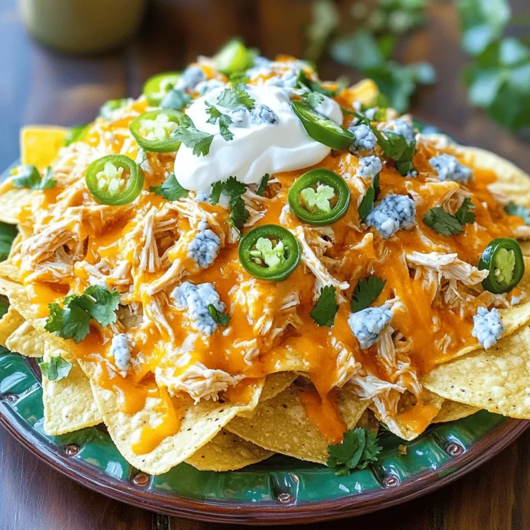 - 2 cups cooked chicken, shredded - 1/2 cup buffalo sauce - 1 bag (12 oz) tortilla chips - 1 1/2 cups shredded sharp cheddar cheese - 1 cup crumbled blue cheese - 1/2 cup sour cream - 1/4 cup green onions, finely chopped - 1/2 cup jalapeños, sliced - Fresh cilantro for garnish The ingredients for Loaded Buffalo Chicken Nachos make it a fun dish. First, you need cooked chicken. Shredding it helps mix in the buffalo sauce. You can choose how spicy you want your nachos based on the sauce. Next, tortilla chips are a must. I like using thick-cut ones. They hold up well under all the toppings. For cheese, I use sharp cheddar. It melts nicely and adds rich flavor. Crumbled blue cheese brings a tangy twist. Don’t forget the sour cream! It cools the heat and adds creaminess. For extra flavor, consider the optional add-ons. Chopped green onions give a fresh taste. Sliced jalapeños add heat. Fresh cilantro brightens up the dish. These ingredients create a perfect balance of flavors. You can find the full recipe to guide you through making this delicious treat! 1. Preheat your oven to 350°F (175°C). This heat is key for melting cheese perfectly. 2. In a medium bowl, mix the shredded chicken with buffalo sauce. Ensure every piece is coated well. This adds a punch of flavor to your dish. 1. Grab a large baking sheet or oven-safe platter. Lay out the tortilla chips evenly. Make sure they cover the sheet completely. This base holds all the tasty toppings. 2. Sprinkle half of the shredded cheddar cheese over the chips. This creates a cheesy layer that binds everything. 3. Now, take your buffalo chicken mixture. Spread it evenly on top of the cheese. Each chip should get a good amount of chicken. 4. Add the rest of the cheddar cheese on top. Then, sprinkle crumbled blue cheese for a tangy kick. This adds depth to each bite. 5. If you want heat, add sliced jalapeños on top. They bring extra flavor and spice to the nachos. 1. Place the loaded nachos in the oven. Bake them for about 10-15 minutes. Look for the cheese to melt and bubble. 2. Once done, take them out of the oven. Let them cool for a short time to avoid burns. 3. Drizzle sour cream over the hot nachos. This adds creaminess that balances the heat. 4. Finish by sprinkling chopped green onions and fresh cilantro on top. They add color and freshness to your dish. You can find the full recipe for more details. Enjoy the deliciousness! To make the best loaded buffalo chicken nachos, start with thick-cut tortilla chips. These chips hold the toppings better and add a nice crunch. You can also adjust the buffalo sauce amount based on how spicy you want your nachos. If you like it hot, go for more sauce. If you prefer it milder, use less sauce. Baking nachos gives a nice, even melt to the cheese. You can bake them at 350°F (175°C) for 10-15 minutes. If you want a crunchier texture, try using an air fryer. Cook for about 8-10 minutes at 350°F, checking often to avoid burning. Both methods work well, so choose your favorite! Pair your nachos with cool drinks like soda or beer. They go great with fresh veggies like carrot sticks or celery. To make your party fun, serve nachos straight from the baking sheet. This gives a casual feel. Add extra chopped green onions and cilantro on top for a colorful touch. You can find the Full Recipe to make these delicious nachos! {{image_4}} You can switch up the protein in your nachos. Try using shredded beef or pork. Both add a rich taste that pairs well with the buffalo sauce. If you want a lighter option, consider shredded chicken or turkey. For a meatless dish, use black beans or lentils. These add protein and fiber while keeping it hearty. Cheese makes nachos special. You can explore different cheese blends. Mix sharp cheddar with Monterey Jack for a creamy touch. For a twist, try pepper jack for added heat. If you're dairy-free, look for vegan cheese options. These can melt well and still taste great. Brands like Daiya or Violife offer tasty choices. Want to add some extra flair? Experiment with spices or sauces. A sprinkle of smoked paprika can enhance the flavor. You can also drizzle ranch or spicy mayo over the top. For added texture, toss in some beans or corn. They give a nice crunch and pair well with the buffalo chicken. To keep nachos fresh, store them right. Place the nachos in an airtight container. This helps keep them from getting hard. Use a glass or plastic container with a tight lid. If you have extra toppings, like sour cream or green onions, store those separately. This way, they will stay fresh longer. To reheat nachos, the oven works best. Preheat your oven to 350°F. Place the nachos on a baking sheet. Heat them for about 10 minutes. This keeps them crispy. If you use a microwave, heat them in short bursts. This avoids sogginess. Cover them with a paper towel to trap steam. You can freeze loaded nachos, but with care. Freeze the nachos without toppings first. Place them in a freezer bag, removing as much air as possible. When you want to eat them, thaw in the fridge overnight. Reheat them in the oven as before. This keeps the texture nice. If you freeze with toppings, it can get mushy, so it's best to add those fresh. Follow these steps for great results! For the full recipe, check out Loaded Buffalo Chicken Nachos Delight. You can try several sauces if you want a change. Barbecue sauce works great for a sweet twist. Hot sauce mixed with ranch gives a spicy and creamy flavor. You might even like a sweet chili sauce if you prefer mild heat. Each option adds a unique taste to your nachos. To make nachos gluten-free, choose the right tortilla chips. Look for brands that say “gluten-free” on the bag. Some popular options include Blue Corn Chips and Beanitos. You can also make your own chips by baking corn tortillas. Just cut them into triangles and bake until crispy. You can prep your nachos ahead with a few steps. Cook and shred the chicken, then mix it with buffalo sauce. Store this mixture in the fridge. You can also layer the chips and cheese on a baking sheet. When ready, add the chicken and toppings, then bake. This way, you save time when guests arrive. Yes, you can easily adjust the spice level. Use mild buffalo sauce for a lighter taste. You can add sliced jalapeños for extra heat. If you want it hot, mix in some cayenne pepper or hot sauce into the chicken. Taste as you go, so it matches your spice preference. This recipe works well for small and large groups. The ingredients serve about 4-6 people. To scale up, just double or triple the ingredients. Use a bigger baking sheet to fit all the nachos. This way, everyone can enjoy a tasty plate of loaded nachos. You can find the Full Recipe online to guide you. This article covered all the essential steps to create delicious buffalo chicken nachos. We discussed the main ingredients and the best toppings. You learned how to prepare, assemble, and bake the nachos. Plus, we explored tips for perfecting your dish and variations to try. Feel confident in making these nachos your own. They are perfect for parties or just a snack. Enjoy experimenting with flavors and serving up this tasty treat!