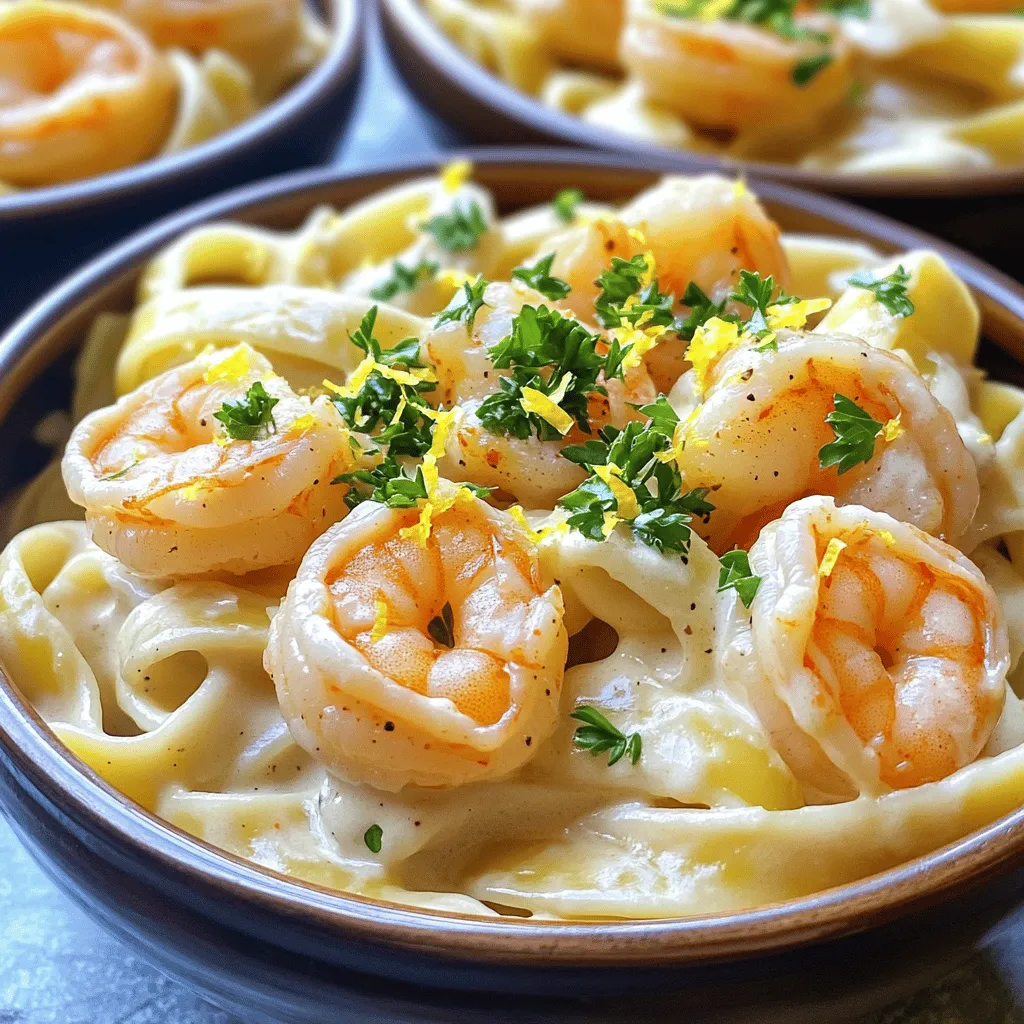 - 8 oz fettuccine pasta - 1 lb large shrimp, peeled and deveined - 2 tablespoons Cajun seasoning - 2 tablespoons olive oil - 3 cloves of garlic, minced - 1 cup heavy cream - 1 cup grated Parmesan cheese - 1/2 cup cream cheese, softened - Salt and pepper to taste - 2 tablespoons chopped fresh parsley (for garnish) - Zest of 1 lemon (for brightness) When I make Cajun Shrimp Alfredo, I love how rich and creamy it is. The fettuccine pasta serves as a perfect base for the dish. You can choose any pasta you like, but fettuccine offers a great texture that holds the sauce well. The shrimp is the star of this recipe. I always prefer large shrimp because they have a great bite and flavor. Make sure to peel and devein them for the best experience. The Cajun seasoning adds a warm kick that makes this dish pop. For the sauce, I use both heavy cream and cream cheese. They blend together to create a smooth and thick sauce. Parmesan cheese adds that salty, nutty flavor that ties everything together. Fresh garlic enhances the aroma, making your kitchen smell divine while cooking. I finish the dish with fresh parsley and lemon zest. The parsley brings a bright color, while the lemon zest adds a hint of freshness. This combination makes every bite a flavorful delight. You can find the Full Recipe to guide you through the cooking process. Enjoy creating this scrumptious meal! Start by bringing a large pot of salted water to a boil. The salt helps flavor the pasta. Once the water is boiling, add 8 ounces of fettuccine. Cook the pasta until it is al dente, which usually takes about 8 to 10 minutes. You want it firm, not mushy. After cooking, drain the pasta but save 1/2 cup of the water for later. Next, take 1 pound of large shrimp, peeled and deveined. In a bowl, sprinkle 2 tablespoons of Cajun seasoning over the shrimp. Toss them well so every piece is coated. This gives the shrimp a nice, bold taste. Heat 2 tablespoons of olive oil in a large skillet over medium-high heat. When hot, add the shrimp and sauté for 2 to 3 minutes per side. Cook until they turn pink and opaque. Once done, remove them from the skillet and set aside. In the same skillet, lower the heat a bit. Add 3 cloves of minced garlic to the skillet. Sauté the garlic for about 30 seconds. You want it fragrant but not burnt. Then, pour in 1 cup of heavy cream. Stir gently and let it come to a gentle simmer. Add in 1/2 cup of softened cream cheese, stirring until it melts. Now, gradually mix in 1 cup of grated Parmesan cheese. Stir vigorously to make the sauce creamy. If it’s too thick, add some of the reserved pasta water until you reach the right consistency. Now it’s time to bring everything together. Return the sautéed shrimp to the skillet with the creamy sauce. Add the cooked fettuccine next. Toss all the ingredients gently so the pasta and shrimp are well-coated. Taste and season with salt and pepper as needed. For a bright touch, add the zest of 1 lemon, mixing it in for extra flavor. Enjoy this flavorful creamy delight! For a complete recipe, check out the [Full Recipe]. - Avoid overcooking shrimp: Cook shrimp for only 2-3 minutes per side. They should be pink and opaque. Overcooked shrimp can turn rubbery. Keep a close eye on them as they cook. - How to achieve a silky sauce: To make a smooth sauce, stir the heavy cream gently as it heats. Add cream cheese and Parmesan slowly. If the sauce is too thick, use reserved pasta water to thin it out. - Suggesting additional spices: Try adding a pinch of cayenne for extra heat. Smoked paprika can add a nice depth. Experiment with flavors that excite your taste buds. - Importance of fresh herbs for garnishing: Fresh parsley adds color and brightness to the dish. You can also use basil or chives for a different twist. Fresh herbs make every plate look and taste better. - Pairing with a side salad or garlic bread: A crisp side salad balances the rich flavors of the Alfredo. Garlic bread is a perfect complement too. It helps soak up the creamy sauce. - Creative plating ideas: Swirl the fettuccine into a nest on the plate. Top it with shrimp and a sprinkle of parsley. Adding lemon zest on top gives it a fresh look and flavor. For added flair, drizzle some sauce around the plate. For the complete process of making this dish, check out the Full Recipe. {{image_4}} For those with dietary needs, there are great options. You can use gluten-free pasta. Many brands offer tasty versions made from rice or corn. These options cook well and hold sauce nicely. If you need a dairy-free choice, try cashew cream or almond milk. These alternatives give a creamy texture that works well in Alfredo. Both options keep your dish rich and full of flavor. Cajun seasoning can be adjusted to fit your taste. If you love spice, add more seasoning. For a milder dish, use less. You can also mix in smoked paprika for a smoky flavor. Adding vegetables can boost nutrition. Bell peppers, spinach, or zucchini blend well into the sauce. They add color, taste, and extra vitamins. Just sauté them with the shrimp for a quick mix. If you prefer a different protein, chicken works great. Simply swap shrimp for diced chicken breast. Cook it the same way until golden and cooked through. Tofu is another excellent option for a vegetarian twist. Firm tofu absorbs flavors well. Just cube it and sauté until crispy. For a seafood twist, try adding fish. Salmon or scallops can add rich flavor. Cook them gently to keep them tender. These variations keep the dish fun and tasty while catering to different diets. Enjoy mixing it up! For the full recipe, check out Cajun Shrimp Alfredo Delight. To keep your Cajun Shrimp Alfredo fresh, store leftovers in the fridge. Use airtight containers to avoid moisture loss. It’s best to cool the dish before sealing it. This helps maintain the creamy texture. Try to eat the leftovers within 2 to 3 days for the best taste. When reheating, use low heat on the stove or microwave. Stir the dish gently to avoid breaking the creamy sauce. Add a splash of milk or cream to refresh the texture. This will help revive the dish and keep it smooth. Remember to heat just until warm, so you don’t overcook the shrimp. If you want to freeze Cajun Shrimp Alfredo, cool it completely first. Use freezer-safe containers and leave some space for expansion. The dish will last about 2 to 3 months in the freezer. When you’re ready to eat, thaw it in the fridge overnight. Reheat slowly on the stove, adding a bit of cream if needed for a creamy finish. Cajun Shrimp Alfredo is a creamy pasta dish with bold flavors. It features fettuccine pasta and shrimp coated in a rich Alfredo sauce. The Cajun seasoning adds warmth and a bit of spice. This dish balances creamy texture with savory notes from garlic and cheese. You will taste hints of lemon zest, which brighten the flavors. It's a perfect mix of comfort food and exciting cuisine that can impress anyone. To add extra heat to your Cajun Shrimp Alfredo, try these options: - Use more Cajun seasoning than the recipe calls for. - Add a pinch of cayenne pepper or crushed red pepper flakes. - Incorporate diced jalapeños or fresh chili peppers into the shrimp. - Serve with a drizzle of hot sauce on top for a spicy kick. Yes, you can use frozen shrimp. Here are some best practices: - Thaw the shrimp in cold water for about 15-20 minutes before cooking. - Pat them dry with a paper towel to remove excess moisture. - Ensure you sauté them until fully cooked, which usually takes 2-3 minutes per side. Using frozen shrimp can save time and still give you great flavor. To keep your Alfredo sauce smooth and creamy: - Use low heat when making the sauce. - Stir continuously to help the cheese melt evenly. - Gradually add the cream and cheese, mixing well each time. - If the sauce gets too thick, slowly add reserved pasta water until it reaches the desired texture. Following these tips will help maintain a silky sauce that clings perfectly to your pasta. Cajun Shrimp Alfredo is a rich and tasty dish that you can easily make at home. You learned about key ingredients, cooking steps, and helpful tips. Variations allow you to adapt this dish to your diet or taste. Proper storage ensures your leftovers stay delicious. Remember, you can always customize flavors and ingredients to suit your needs. Enjoy creating this meal and impressing your family or friends. It’s all about the simple joys of cooking and sharing great food.