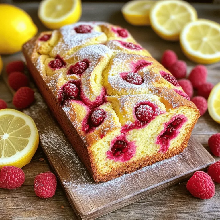 To make the Easy Lemon Raspberry Loaf, you need a few simple ingredients. Here’s the list you will use: - 1 ¾ cups all-purpose flour - 1 cup granulated sugar - ½ cup unsalted butter - 2 large eggs - 1 teaspoon pure vanilla extract - 1 tablespoon fresh lemon zest - ½ cup freshly squeezed lemon juice - 1 teaspoon baking powder - ½ teaspoon baking soda - ¼ teaspoon fine sea salt - 1 cup fresh raspberries - Powdered sugar for dusting (optional) These ingredients help create a moist and zesty loaf. The lemon zest and juice add bright flavor. Fresh raspberries give you sweet bursts in every bite. Use unsalted butter to control the saltiness. It’s best to use fresh raspberries, but frozen will work too. Make sure to measure everything carefully. Baking is all about balance. Each ingredient plays a role in the final taste and texture. If you want to learn more about the steps to make this treat, check out the Full Recipe. - Setting the Temperature First, set your oven to 350°F (175°C). This step is crucial for even baking. - Preparing the Loaf Pan Grease a 9x5-inch loaf pan. You can also line it with parchment paper. This helps the loaf come out easily after baking. - Method of Mixing In a large bowl, combine softened butter and granulated sugar. Use a hand mixer or stand mixer to beat them together. - Desired Consistency Mix until the blend is light and fluffy. This should take about 3-4 minutes. The mixture should look pale and creamy. - Adding Eggs One at a Time Add the eggs one by one. Mix well after each egg to ensure they are fully blended. - Mixing Techniques After adding the eggs, stir in the vanilla extract and lemon zest. Mix gently but thoroughly to keep the batter smooth. - Combining Flour and Leavening Agents In another bowl, whisk together flour, baking powder, baking soda, and salt. This ensures even distribution of leavening agents. - Proper Mixing Technique Gradually add the dry mix to the wet mixture, alternating with lemon juice. Start and end with the dry ingredients. Mix gently, and don’t overmix. - Techniques to Preserve Raspberry Shape Carefully fold in the raspberries. Use a spatula to gently mix. This keeps the raspberries intact. - Ensuring Even Distribution Make sure the raspberries are evenly spread throughout the batter. This enhances the flavor in every slice. - Baking Time and Techniques for Doneness Pour the batter into the loaf pan. Bake for 55-60 minutes. To check doneness, insert a toothpick into the center of the loaf. It should come out clean. - Cooling Tips for Best Texture Once done, let the loaf cool in the pan for 10-15 minutes. Then, transfer it to a wire rack to cool completely. This helps achieve a perfect texture. Feel free to check the Full Recipe for more details! To make the best lemon raspberry loaf, avoid overmixing. Mixing too much can make the loaf dense. When you combine wet and dry ingredients, mix just until you see no flour. To check for doneness, insert a toothpick into the center. If it comes out clean or with a few crumbs, your loaf is ready. If not, bake a little longer. If the top is browning too fast, cover it with foil halfway through. Measuring ingredients incorrectly can lead to issues. Always use dry measuring cups for flour and sugar. Spoon the flour into the cup, then level it off with a knife. This keeps the correct ratio. Adjust baking time if you use a dark pan. Dark pans can cook faster, so start checking for doneness a few minutes early. Fresh lemon juice makes a big difference. Squeeze the lemons right before you use them. This keeps the juice bright and zesty. You can also add extras like nuts or spices. Chopped walnuts or a touch of cinnamon can add great depth. For a sweet twist, consider a lemon glaze on top for extra shine. {{image_4}} You can switch out raspberries for other fruits. Blueberries make a great choice. They add a sweet touch and look pretty too. Strawberries can also work well. Just chop them into smaller pieces. If you like seasonal fruits, use what is fresh. In summer, try peaches or cherries. In fall, apples or pears can add a nice twist. Each fruit brings its own flavor and charm to the loaf. If you need a gluten-free loaf, don’t worry. You can use almond flour or coconut flour. Both work great as substitutes. Just remember, the texture may change a bit. You might need to adjust the liquid too. Gluten-free flours absorb more moisture. Adding an extra egg or some yogurt can help keep it moist and fluffy. Want to jazz up your loaf? Adding nuts can give it a nice crunch. Chopped walnuts or pecans are perfect. Just fold them in gently with the raspberries. You can also add spices for warmth. Cinnamon or nutmeg can enhance the flavor. For a sweet finish, create a lemon glaze. Mix powdered sugar with lemon juice. Drizzle this over the cooled loaf for a zesty touch. These variations keep your lemon raspberry loaf exciting and fun! For the full recipe, check out the details provided earlier. Room Temperature Storage Store your lemon raspberry loaf at room temperature. Use an airtight container to keep it fresh. This will help it stay moist and tasty. It can last for up to three days this way. Refrigeration Guidelines If you want to keep it longer, put the loaf in the fridge. Wrap it tightly in plastic wrap or foil. This will keep it from drying out. It can last up to one week in the fridge. How to Freeze the Loaf Freezing the lemon raspberry loaf is easy. Wait until it cools completely. Then, wrap it in plastic wrap and foil. This protects it from freezer burn. You can freeze it for up to three months. Thawing Tips To thaw, take it out of the freezer. Leave it in the fridge overnight. If you want it warm, slice and heat it in the microwave for a few seconds. Freshness Indicators Check for signs of spoilage. Look for mold or a change in smell. If the loaf feels dry or hard, it’s time to toss it. Maximum Storage Duration In total, the loaf can last up to one week in the fridge or three months in the freezer. Proper storage helps maintain its delicious flavor and texture. To keep the loaf moist, use a few key ingredients. Butter adds fat and moisture. Eggs also help with texture. Additionally, use fresh lemon juice for tang and juiciness. Baking techniques matter too. Do not overmix the batter. This keeps air in the loaf. Bake at the right temperature and check for doneness with a toothpick. A little moist crumb is perfect! Yes, you can use frozen raspberries! Just make sure to thaw them first. Drain any extra juice to avoid a soggy loaf. Using frozen fruit may change the texture. Fresh raspberries give a firmer bite. However, frozen raspberries still add great flavor and color. You can substitute lemon juice with lime or orange juice. Lime juice adds a tart zing. Orange juice gives a sweeter flavor. Keep in mind that this changes the flavor profile. The loaf will taste different but still delicious! This loaf pairs well with tea or coffee. The bright lemon flavor complements hot drinks nicely. For a fun twist, serve it with whipped cream. Fresh berries on the side add a lovely touch too. For the full recipe, feel free to check the [Full Recipe]. You now know how to make a delicious Lemon Raspberry Loaf. We covered key ingredients, step-by-step instructions, and helpful tips for success. Remember, watch your mixing and baking time to avoid mistakes. Try different fruits or flavors to put your spin on it. Store it properly to keep it fresh. Whether for breakfast or dessert, this loaf will please everyone. Enjoy your baking adventure and the tasty treats you create!