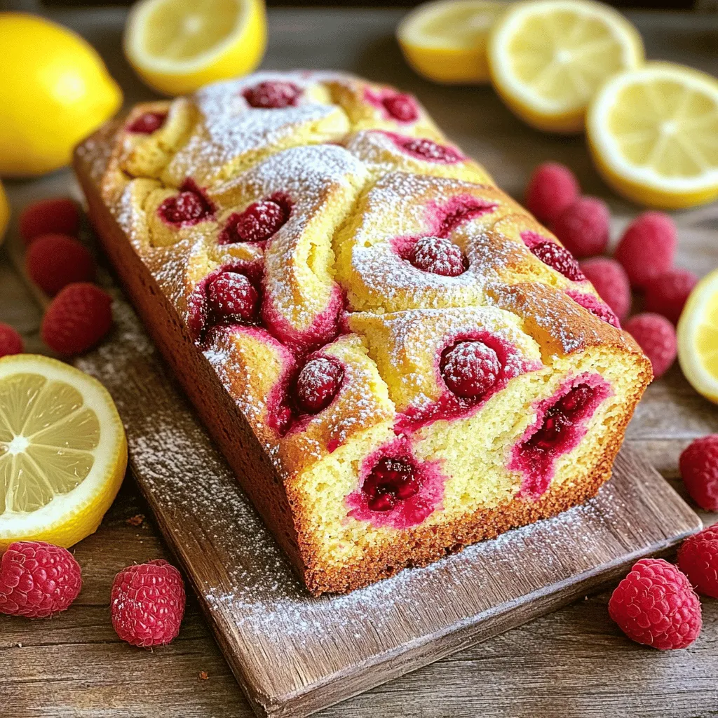To make the Easy Lemon Raspberry Loaf, you need a few simple ingredients. Here’s the list you will use: - 1 ¾ cups all-purpose flour - 1 cup granulated sugar - ½ cup unsalted butter - 2 large eggs - 1 teaspoon pure vanilla extract - 1 tablespoon fresh lemon zest - ½ cup freshly squeezed lemon juice - 1 teaspoon baking powder - ½ teaspoon baking soda - ¼ teaspoon fine sea salt - 1 cup fresh raspberries - Powdered sugar for dusting (optional) These ingredients help create a moist and zesty loaf. The lemon zest and juice add bright flavor. Fresh raspberries give you sweet bursts in every bite. Use unsalted butter to control the saltiness. It’s best to use fresh raspberries, but frozen will work too. Make sure to measure everything carefully. Baking is all about balance. Each ingredient plays a role in the final taste and texture. If you want to learn more about the steps to make this treat, check out the Full Recipe. - Setting the Temperature First, set your oven to 350°F (175°C). This step is crucial for even baking. - Preparing the Loaf Pan Grease a 9x5-inch loaf pan. You can also line it with parchment paper. This helps the loaf come out easily after baking. - Method of Mixing In a large bowl, combine softened butter and granulated sugar. Use a hand mixer or stand mixer to beat them together. - Desired Consistency Mix until the blend is light and fluffy. This should take about 3-4 minutes. The mixture should look pale and creamy. - Adding Eggs One at a Time Add the eggs one by one. Mix well after each egg to ensure they are fully blended. - Mixing Techniques After adding the eggs, stir in the vanilla extract and lemon zest. Mix gently but thoroughly to keep the batter smooth. - Combining Flour and Leavening Agents In another bowl, whisk together flour, baking powder, baking soda, and salt. This ensures even distribution of leavening agents. - Proper Mixing Technique Gradually add the dry mix to the wet mixture, alternating with lemon juice. Start and end with the dry ingredients. Mix gently, and don’t overmix. - Techniques to Preserve Raspberry Shape Carefully fold in the raspberries. Use a spatula to gently mix. This keeps the raspberries intact. - Ensuring Even Distribution Make sure the raspberries are evenly spread throughout the batter. This enhances the flavor in every slice. - Baking Time and Techniques for Doneness Pour the batter into the loaf pan. Bake for 55-60 minutes. To check doneness, insert a toothpick into the center of the loaf. It should come out clean. - Cooling Tips for Best Texture Once done, let the loaf cool in the pan for 10-15 minutes. Then, transfer it to a wire rack to cool completely. This helps achieve a perfect texture. Feel free to check the Full Recipe for more details! To make the best lemon raspberry loaf, avoid overmixing. Mixing too much can make the loaf dense. When you combine wet and dry ingredients, mix just until you see no flour. To check for doneness, insert a toothpick into the center. If it comes out clean or with a few crumbs, your loaf is ready. If not, bake a little longer. If the top is browning too fast, cover it with foil halfway through. Measuring ingredients incorrectly can lead to issues. Always use dry measuring cups for flour and sugar. Spoon the flour into the cup, then level it off with a knife. This keeps the correct ratio. Adjust baking time if you use a dark pan. Dark pans can cook faster, so start checking for doneness a few minutes early. Fresh lemon juice makes a big difference. Squeeze the lemons right before you use them. This keeps the juice bright and zesty. You can also add extras like nuts or spices. Chopped walnuts or a touch of cinnamon can add great depth. For a sweet twist, consider a lemon glaze on top for extra shine. {{image_4}} You can switch out raspberries for other fruits. Blueberries make a great choice. They add a sweet touch and look pretty too. Strawberries can also work well. Just chop them into smaller pieces. If you like seasonal fruits, use what is fresh. In summer, try peaches or cherries. In fall, apples or pears can add a nice twist. Each fruit brings its own flavor and charm to the loaf. If you need a gluten-free loaf, don’t worry. You can use almond flour or coconut flour. Both work great as substitutes. Just remember, the texture may change a bit. You might need to adjust the liquid too. Gluten-free flours absorb more moisture. Adding an extra egg or some yogurt can help keep it moist and fluffy. Want to jazz up your loaf? Adding nuts can give it a nice crunch. Chopped walnuts or pecans are perfect. Just fold them in gently with the raspberries. You can also add spices for warmth. Cinnamon or nutmeg can enhance the flavor. For a sweet finish, create a lemon glaze. Mix powdered sugar with lemon juice. Drizzle this over the cooled loaf for a zesty touch. These variations keep your lemon raspberry loaf exciting and fun! For the full recipe, check out the details provided earlier. Room Temperature Storage Store your lemon raspberry loaf at room temperature. Use an airtight container to keep it fresh. This will help it stay moist and tasty. It can last for up to three days this way. Refrigeration Guidelines If you want to keep it longer, put the loaf in the fridge. Wrap it tightly in plastic wrap or foil. This will keep it from drying out. It can last up to one week in the fridge. How to Freeze the Loaf Freezing the lemon raspberry loaf is easy. Wait until it cools completely. Then, wrap it in plastic wrap and foil. This protects it from freezer burn. You can freeze it for up to three months. Thawing Tips To thaw, take it out of the freezer. Leave it in the fridge overnight. If you want it warm, slice and heat it in the microwave for a few seconds. Freshness Indicators Check for signs of spoilage. Look for mold or a change in smell. If the loaf feels dry or hard, it’s time to toss it. Maximum Storage Duration In total, the loaf can last up to one week in the fridge or three months in the freezer. Proper storage helps maintain its delicious flavor and texture. To keep the loaf moist, use a few key ingredients. Butter adds fat and moisture. Eggs also help with texture. Additionally, use fresh lemon juice for tang and juiciness. Baking techniques matter too. Do not overmix the batter. This keeps air in the loaf. Bake at the right temperature and check for doneness with a toothpick. A little moist crumb is perfect! Yes, you can use frozen raspberries! Just make sure to thaw them first. Drain any extra juice to avoid a soggy loaf. Using frozen fruit may change the texture. Fresh raspberries give a firmer bite. However, frozen raspberries still add great flavor and color. You can substitute lemon juice with lime or orange juice. Lime juice adds a tart zing. Orange juice gives a sweeter flavor. Keep in mind that this changes the flavor profile. The loaf will taste different but still delicious! This loaf pairs well with tea or coffee. The bright lemon flavor complements hot drinks nicely. For a fun twist, serve it with whipped cream. Fresh berries on the side add a lovely touch too. For the full recipe, feel free to check the [Full Recipe]. You now know how to make a delicious Lemon Raspberry Loaf. We covered key ingredients, step-by-step instructions, and helpful tips for success. Remember, watch your mixing and baking time to avoid mistakes. Try different fruits or flavors to put your spin on it. Store it properly to keep it fresh. Whether for breakfast or dessert, this loaf will please everyone. Enjoy your baking adventure and the tasty treats you create!