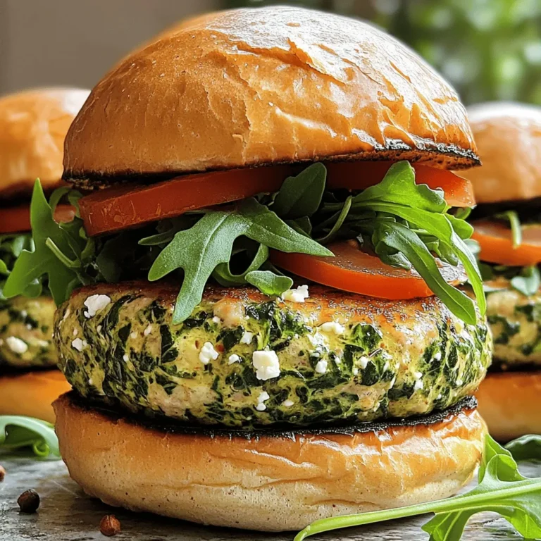 - 1 lb ground turkey - 1 cup fresh spinach, finely chopped - 1/2 cup feta cheese, crumbled - 1/4 cup red onion, finely diced - 2 cloves garlic, minced - 1/4 cup whole wheat breadcrumbs - 1 large egg, lightly beaten - 1 tsp dried oregano - 1 tsp salt - 1/2 tsp freshly ground black pepper - Olive oil, for cooking - Whole grain burger buns - Fresh arugula or crispy lettuce, for topping - Ripe tomatoes, thinly sliced, for topping To measure ingredients correctly, use dry measuring cups for solids and liquid measuring cups for liquids. For small amounts, use measuring spoons. Always level off dry ingredients with a knife for accuracy. For quality ingredients, I recommend brands like Organic Valley for dairy and Bob's Red Mill for breadcrumbs. Fresh herbs from local markets also enhance flavor. - Mixing bowls: Choose bowls that are large enough to hold all ingredients. - Cooking utensils: Use a sturdy spatula for mixing and flipping. - Meat thermometer: This tool helps you check the turkey's doneness, ensuring safety and taste. To make the best spinach feta turkey burgers, start by mixing the ingredients. In a large bowl, add the ground turkey, fresh spinach, crumbled feta cheese, diced red onion, minced garlic, whole wheat breadcrumbs, beaten egg, oregano, salt, and black pepper. This step is key. You want to combine the dry and wet ingredients without over-mixing. If you mix too much, the patties may become tough. Just mix until everything is blended. Next, it’s time to shape the patties. Divide the mixture into four equal parts. Use your hands to form each part into a patty. Aim for about 1 inch thick. This thickness helps them cook evenly. If you want perfect burgers, make sure they are similar in size. This way, they will cook at the same rate. Now, let’s cook these tasty patties. You can use a skillet or a grill pan. Preheat your skillet over medium heat and drizzle in some olive oil. Once the oil begins to shimmer, carefully place the patties in the pan. Cook for about 5-6 minutes on one side until they are golden brown. Then flip the patties and cook for another 5-6 minutes. To check if they are done, use a meat thermometer. The center should read 165°F (75°C). For a fun twist, toast the burger buns cut side down during the last minute of cooking. Follow these steps, and you’ll have delicious spinach feta turkey burgers that are easy and healthy. For a complete guide, check out the Full Recipe. To keep your turkey patties juicy, it's key to consider the fat content in the turkey. Ground turkey often has less fat than beef. A bit of fat helps keep the burger moist. When choosing turkey, go for ground turkey with a higher fat content, like 93% lean. To add moisture, include ingredients like finely chopped spinach and crumbled feta cheese. These not only add flavor but also help retain moisture. Mixing the ingredients gently prevents the patties from becoming tough. Over-mixing can lead to dry burgers, so be careful! Herbs and spices enhance the taste of your burgers. Try adding dried oregano, garlic powder, or even a pinch of red pepper flakes for a kick. Fresh herbs like parsley or dill can also brighten the flavor. For toppings, consider fresh arugula or crispy lettuce. Slices of ripe tomatoes add freshness. You can also add tzatziki sauce to bring a creamy texture and tangy flavor. Experiment with your favorite toppings to create a burger that excites your taste buds. Toasting burger buns can elevate your meal. The best methods include using a skillet or grill pan. Just place the cut side of the bun down on the hot surface for a few minutes. This creates a nice crunch and prevents the bun from getting soggy. For serving, consider adding a spread like hummus or avocado. These toppings add flavor and creaminess. Pair your juicy turkey burger with your favorite sides for a complete meal. Check out the Full Recipe for all the details! {{image_4}} You can play with the ingredients in these spinach feta turkey burgers. If you want to change the greens, try kale or Swiss chard. They both add great color and taste. Instead of feta cheese, use goat cheese or even cheddar for a different flavor. If you need a gluten-free option, swap the whole wheat breadcrumbs with gluten-free breadcrumbs. You can also use oats to bind the patties. They work well and keep the burgers moist. You have a couple of ways to cook these burgers. Baking is a healthier option. Preheat your oven to 375°F (190°C) and bake for 20 minutes. You may want to flip them halfway through for even cooking. Frying gives a nice crispy texture. Heat olive oil in a skillet over medium heat. Cook each side for about 5-6 minutes, until golden brown. If you love grilling, these burgers work great on the grill. Preheat your grill and cook for about 5-6 minutes per side. Make sure to check the internal temperature. It should reach 165°F (75°C) for safety. For side dishes, try a fresh salad or sweet potato fries. They pair nicely with the burgers. A side of tzatziki sauce adds a cool touch, too. When it comes to presentation, serve the burgers on a wooden cutting board. Add a small bowl of tzatziki sauce for dipping. Garnish with fresh dill for a pop of color and flavor. These small tweaks can make your spinach feta turkey burgers fun and unique. For the full recipe, check out the details earlier in the article. To keep your spinach feta turkey burgers fresh, follow these steps: - Refrigeration: Place leftover patties in an airtight container. They can last about 3-4 days in the fridge. - Freezing: For longer storage, freeze the patties. Wrap each one in plastic wrap, then place them in a freezer bag. They can last up to 3 months. - Reheating: To reheat, thaw the patties overnight in the fridge. Cook them on medium heat until warm, about 5 minutes per side. The freshness of your turkey burgers depends on storage. Here’s what to know: - Refrigerated: Patties stay fresh for about 3-4 days. - Frozen: They remain safe to eat for about 3 months. - Signs of Spoilage: Look for an off smell, discoloration, or a slimy texture. Discard any patties that show these signs. Making these turkey burgers in advance saves time. Here are my tips: - Batch Cooking: Form and cook patties ahead of time. Store in the fridge or freezer as discussed. - Accompaniments: Pair with whole grain buns, fresh veggies, and a favorite sauce. You can pre-slice toppings like tomatoes and lettuce for easy assembly. - Serving Suggestions: Serve with a side of sweet potato fries or a fresh salad for a complete meal. For the full recipe, check out the detailed instructions above. Yes, you can use chicken in this recipe. Chicken has a milder flavor than turkey. It also tends to be juicier, which some people prefer. However, if you use chicken, make sure to check the cooking time. Chicken may cook faster than turkey. The best way to know is by using a meat thermometer. Insert the thermometer into the thickest part of the patty. The turkey burgers should reach 165°F (75°C) to be safe to eat. This ensures the burgers are fully cooked and safe for you and your family. You can get creative with your toppings! Fresh arugula and crispy lettuce add crunch. Slices of ripe tomato bring freshness. You can also add tzatziki sauce for a cool flavor. Other options include avocado, pickles, or even a spicy aioli. Absolutely! Grilling adds great flavor. Preheat your grill to medium heat. Oil the grill grates to prevent sticking. Cook the burgers for about 5-6 minutes on each side. Check that they reach the right internal temperature. To keep the patties together, avoid over-mixing the ingredients. Shape them gently and make sure they are not too wet. If the mix seems loose, add a little more breadcrumbs. Also, chilling the patties for about 30 minutes before cooking helps them hold their shape. This blog post explored how to make delicious spinach feta turkey burgers. We covered the essential ingredients, measuring tips, and tools needed. You learned step-by-step instructions for mixing, shaping, and cooking your patties. We also shared helpful tips for keeping them juicy and flavorful. Lastly, you discovered storage info and answered some common questions. By following these steps, you can create a tasty and healthy meal. Enjoy crafting your own burgers with the variations and tips provided!