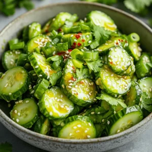 To make a tasty smashed cucumber salad, gather these ingredients: - 4 medium cucumbers - 2 cloves garlic, finely minced - 1 tablespoon sesame oil - 2 tablespoons rice vinegar - 1 tablespoon soy sauce (or tamari for a gluten-free option) - 1 tablespoon honey or agave syrup - 1 teaspoon chili flakes (adjust to your spice preference) - 2 green onions, finely chopped - 2 tablespoons toasted sesame seeds - Salt, to taste These items create a fresh and flavorful dish that shines in any season. You can add a personal touch to your salad with these optional ingredients: - Fresh herbs like cilantro or mint for added aroma - Thinly sliced radishes for a crunchy bite - Avocado for a creamy texture - Peppers for a sweet crunch - Carrots for extra color and nutrition Feel free to mix and match to suit your taste! Choosing the right cucumbers is key. Look for cucumbers that are: - Firm to the touch, with no soft spots - Dark green in color, indicating freshness - Free from blemishes or wrinkles Buying organic cucumbers can also help avoid pesticides. Fresh cucumbers enhance the salad's taste and texture. To make smashed cucumber salad, start with fresh cucumbers. Wash them well under cool water. Trim both ends of each cucumber. Use the flat side of a chef's knife or a rolling pin to smash the cucumbers. Smash until they crack but stay chunky. Next, place the smashed cucumbers in a colander. Sprinkle them with salt and let them drain for 10-15 minutes. This step pulls out excess water, making the salad crispier. For best results, choose firm cucumbers. English cucumbers work well, but any type will do. Make sure the cucumbers are cold when you start. This keeps them crunchy. If you like spice, adjust the chili flakes to fit your taste. You can also try adding fresh herbs like mint or cilantro for extra flavor. Once drained, rinse the cucumbers under cold water. Pat them dry with a towel to remove moisture. In a large bowl, mix together minced garlic, sesame oil, rice vinegar, soy sauce, honey, and chili flakes. Whisk until all ingredients blend well. Add the cucumbers to the bowl and toss them gently in the dressing. Finally, fold in chopped green onions and toasted sesame seeds. Let the salad sit for 10 minutes to let the flavors meld. For the full recipe, check out the section above. To boost the taste of your smashed cucumber salad, focus on fresh ingredients. Use ripe cucumbers for a crisp texture. Choose high-quality sesame oil. This oil adds a rich, nutty flavor. Adding minced garlic enhances the taste even more. You can also mix in fresh herbs, like cilantro or mint. These herbs bring brightness to the dish. Allow the salad to sit for at least ten minutes before serving. This resting time helps the flavors blend perfectly. One common mistake is not salting the cucumbers enough. Salt draws out excess water, making the salad crunchy. If you skip this step, your salad may become watery. Another error is not letting the salad sit before serving. Skipping this step can result in less flavor. Lastly, avoid over-mixing when adding the dressing. Gently toss the cucumbers to keep them in chunky pieces. Smashed cucumber salad pairs well with grilled meats or fish. It also complements rice dishes and noodles. Serve it as a side dish at summer barbecues. For a light meal, add protein like grilled chicken or tofu. You can plate the salad in a wide bowl. Garnish with extra sesame seeds or fresh herbs for a colorful touch. This salad is not just tasty; it’s also eye-catching! Enjoy your refreshing dish with family and friends. For the full recipe, check out the Crunchy Smashed Cucumber Salad. {{image_4}} You can easily change the dressing for your smashed cucumber salad. Try using a sesame-ginger dressing. Mix together: - 1 tablespoon grated ginger - 2 tablespoons soy sauce - 1 tablespoon rice vinegar - 1 tablespoon sesame oil - A pinch of sugar This blend adds a warm zing. Another tasty option is a creamy yogurt dressing. Combine: - 1/2 cup plain yogurt - 1 tablespoon lemon juice - 1 tablespoon olive oil - Salt and pepper to taste This version brings a cool and creamy touch to the salad. Adding extra ingredients can elevate your salad. Consider these options: - Chopped bell peppers: They add a nice crunch. - Carrots: Use shredded carrots for a sweet bite. - Radishes: Thinly slice them for a peppery kick. - Avocado: Cubes of avocado make the salad creamy. Mix and match these add-ins to find your perfect blend. Change the salad with the seasons for fresh flavors. In summer, add diced tomatoes and fresh basil. This mix feels bright and summery. In fall, toss in roasted butternut squash for warmth. Winter brings a great time to try pomegranate seeds for a burst of flavor. These seasonal tweaks keep your smashed cucumber salad fun and interesting all year long. For the full recipe, check the main section! Store your smashed cucumber salad in an airtight container. This keeps it fresh for up to three days. If you plan to eat it later, keep the dressing separate. This way, the cucumbers stay crisp. Freezing is not recommended for smashed cucumber salad. Cucumbers have high water content. When frozen, they lose their crunch and become mushy when thawed. So, it's best to enjoy this salad fresh. To keep leftovers fresh, use these tips: - Place the salad in a container with a tight lid. - Avoid adding extra salt until you're ready to eat. - If the salad seems watery, drain excess liquid before serving. These steps help maintain taste and texture. Enjoy your delicious salad! For the full recipe, check out the Crunchy Smashed Cucumber Salad section. Smashed cucumber salad is a light, crunchy dish made with cucumbers. The cucumbers get smashed to create interesting textures and flavors. You mix them with garlic, sesame oil, rice vinegar, and soy sauce for a tasty dressing. This dish is fresh and perfect for summer meals. To make your smashed cucumber salad spicier, add more chili flakes. You can also include sliced fresh chilies or a dash of hot sauce. Adjust the spice to fit your taste. Feel free to experiment with different spicy ingredients. This way, you can make the salad your own. Yes, you can prepare smashed cucumber salad in advance. It tastes even better after sitting for a bit. Just make sure to store it in the fridge. However, avoid adding green onions and sesame seeds until you're ready to serve. This will keep the salad fresh and crunchy. Cucumbers are low in calories and high in water. They help keep you hydrated, especially in hot weather. They also contain vitamins K and C, which are great for your skin and bones. Plus, cucumbers have antioxidants that fight free radicals. Overall, this salad is a healthy choice for any meal. Smashed cucumber salad is fresh and fun to make. We covered the ingredients, preparation, and handy tips to make it great. Don't forget about delicious dressing options and fun variations. You can also learn how to store leftovers properly. Enjoy experimenting with this salad and make it your own. Keep it fresh and flavorful for any meal. Simple care ensures it brings joy whenever you serve it. This salad is perfect for warm days or any gathering.