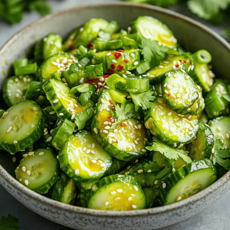 To make a tasty smashed cucumber salad, gather these ingredients: - 4 medium cucumbers - 2 cloves garlic, finely minced - 1 tablespoon sesame oil - 2 tablespoons rice vinegar - 1 tablespoon soy sauce (or tamari for a gluten-free option) - 1 tablespoon honey or agave syrup - 1 teaspoon chili flakes (adjust to your spice preference) - 2 green onions, finely chopped - 2 tablespoons toasted sesame seeds - Salt, to taste These items create a fresh and flavorful dish that shines in any season. You can add a personal touch to your salad with these optional ingredients: - Fresh herbs like cilantro or mint for added aroma - Thinly sliced radishes for a crunchy bite - Avocado for a creamy texture - Peppers for a sweet crunch - Carrots for extra color and nutrition Feel free to mix and match to suit your taste! Choosing the right cucumbers is key. Look for cucumbers that are: - Firm to the touch, with no soft spots - Dark green in color, indicating freshness - Free from blemishes or wrinkles Buying organic cucumbers can also help avoid pesticides. Fresh cucumbers enhance the salad's taste and texture. To make smashed cucumber salad, start with fresh cucumbers. Wash them well under cool water. Trim both ends of each cucumber. Use the flat side of a chef's knife or a rolling pin to smash the cucumbers. Smash until they crack but stay chunky. Next, place the smashed cucumbers in a colander. Sprinkle them with salt and let them drain for 10-15 minutes. This step pulls out excess water, making the salad crispier. For best results, choose firm cucumbers. English cucumbers work well, but any type will do. Make sure the cucumbers are cold when you start. This keeps them crunchy. If you like spice, adjust the chili flakes to fit your taste. You can also try adding fresh herbs like mint or cilantro for extra flavor. Once drained, rinse the cucumbers under cold water. Pat them dry with a towel to remove moisture. In a large bowl, mix together minced garlic, sesame oil, rice vinegar, soy sauce, honey, and chili flakes. Whisk until all ingredients blend well. Add the cucumbers to the bowl and toss them gently in the dressing. Finally, fold in chopped green onions and toasted sesame seeds. Let the salad sit for 10 minutes to let the flavors meld. For the full recipe, check out the section above. To boost the taste of your smashed cucumber salad, focus on fresh ingredients. Use ripe cucumbers for a crisp texture. Choose high-quality sesame oil. This oil adds a rich, nutty flavor. Adding minced garlic enhances the taste even more. You can also mix in fresh herbs, like cilantro or mint. These herbs bring brightness to the dish. Allow the salad to sit for at least ten minutes before serving. This resting time helps the flavors blend perfectly. One common mistake is not salting the cucumbers enough. Salt draws out excess water, making the salad crunchy. If you skip this step, your salad may become watery. Another error is not letting the salad sit before serving. Skipping this step can result in less flavor. Lastly, avoid over-mixing when adding the dressing. Gently toss the cucumbers to keep them in chunky pieces. Smashed cucumber salad pairs well with grilled meats or fish. It also complements rice dishes and noodles. Serve it as a side dish at summer barbecues. For a light meal, add protein like grilled chicken or tofu. You can plate the salad in a wide bowl. Garnish with extra sesame seeds or fresh herbs for a colorful touch. This salad is not just tasty; it’s also eye-catching! Enjoy your refreshing dish with family and friends. For the full recipe, check out the Crunchy Smashed Cucumber Salad. {{image_4}} You can easily change the dressing for your smashed cucumber salad. Try using a sesame-ginger dressing. Mix together: - 1 tablespoon grated ginger - 2 tablespoons soy sauce - 1 tablespoon rice vinegar - 1 tablespoon sesame oil - A pinch of sugar This blend adds a warm zing. Another tasty option is a creamy yogurt dressing. Combine: - 1/2 cup plain yogurt - 1 tablespoon lemon juice - 1 tablespoon olive oil - Salt and pepper to taste This version brings a cool and creamy touch to the salad. Adding extra ingredients can elevate your salad. Consider these options: - Chopped bell peppers: They add a nice crunch. - Carrots: Use shredded carrots for a sweet bite. - Radishes: Thinly slice them for a peppery kick. - Avocado: Cubes of avocado make the salad creamy. Mix and match these add-ins to find your perfect blend. Change the salad with the seasons for fresh flavors. In summer, add diced tomatoes and fresh basil. This mix feels bright and summery. In fall, toss in roasted butternut squash for warmth. Winter brings a great time to try pomegranate seeds for a burst of flavor. These seasonal tweaks keep your smashed cucumber salad fun and interesting all year long. For the full recipe, check the main section! Store your smashed cucumber salad in an airtight container. This keeps it fresh for up to three days. If you plan to eat it later, keep the dressing separate. This way, the cucumbers stay crisp. Freezing is not recommended for smashed cucumber salad. Cucumbers have high water content. When frozen, they lose their crunch and become mushy when thawed. So, it's best to enjoy this salad fresh. To keep leftovers fresh, use these tips: - Place the salad in a container with a tight lid. - Avoid adding extra salt until you're ready to eat. - If the salad seems watery, drain excess liquid before serving. These steps help maintain taste and texture. Enjoy your delicious salad! For the full recipe, check out the Crunchy Smashed Cucumber Salad section. Smashed cucumber salad is a light, crunchy dish made with cucumbers. The cucumbers get smashed to create interesting textures and flavors. You mix them with garlic, sesame oil, rice vinegar, and soy sauce for a tasty dressing. This dish is fresh and perfect for summer meals. To make your smashed cucumber salad spicier, add more chili flakes. You can also include sliced fresh chilies or a dash of hot sauce. Adjust the spice to fit your taste. Feel free to experiment with different spicy ingredients. This way, you can make the salad your own. Yes, you can prepare smashed cucumber salad in advance. It tastes even better after sitting for a bit. Just make sure to store it in the fridge. However, avoid adding green onions and sesame seeds until you're ready to serve. This will keep the salad fresh and crunchy. Cucumbers are low in calories and high in water. They help keep you hydrated, especially in hot weather. They also contain vitamins K and C, which are great for your skin and bones. Plus, cucumbers have antioxidants that fight free radicals. Overall, this salad is a healthy choice for any meal. Smashed cucumber salad is fresh and fun to make. We covered the ingredients, preparation, and handy tips to make it great. Don't forget about delicious dressing options and fun variations. You can also learn how to store leftovers properly. Enjoy experimenting with this salad and make it your own. Keep it fresh and flavorful for any meal. Simple care ensures it brings joy whenever you serve it. This salad is perfect for warm days or any gathering.