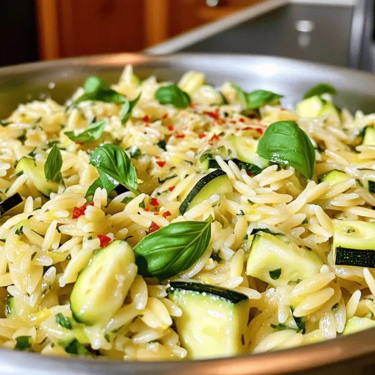 For Lemon Basil Zucchini Orzo, you will need: - 1 cup of orzo pasta - 2 medium zucchinis, diced into bite-sized cubes - 1 cup of vegetable broth - 1 tablespoon of extra-virgin olive oil - 3 cloves of garlic, finely minced - Zest and juice of 1 large lemon - 1/4 cup of fresh basil leaves, chopped roughly - 1/4 teaspoon of red pepper flakes (adjust to taste) - Salt and freshly cracked black pepper, to taste - Grated Parmesan cheese, for garnish (optional) You can make your dish pop with these garnishes: - Extra fresh basil leaves - A sprinkle of lemon zest - A drizzle of olive oil These will add color and flavor to your meal. To make this dish, gather these tools: - A medium-sized pot for cooking orzo - A large skillet for sautéing - A colander for draining orzo - A sharp knife for chopping - A cutting board for prepping ingredients Having these on hand will make your cooking easier and more fun. For the full recipe, follow the steps carefully to enjoy a tasty, fresh meal. Start by boiling water in a medium pot. You need about 4 cups of water. When it boils, add 1 cup of orzo pasta. Cook it for 9 to 11 minutes, following the package instructions. You want it to be al dente, so check it often. Once it's cooked, drain the orzo in a colander and set it aside. This pasta adds a nice texture to your meal. Next, grab a large skillet and heat 1 tablespoon of extra-virgin olive oil over medium heat. Once the oil is hot, add 3 cloves of minced garlic. Sauté for about 1 minute. You want it fragrant, but don’t let it brown. After that, toss in 2 medium zucchinis, diced into bite-sized cubes. Stir them together for 4 to 5 minutes. The zucchinis should soften but still have some crunch. If you like it spicy, add 1/4 teaspoon of red pepper flakes at this point. Now it's time to bring it all together. Pour in 1 cup of vegetable broth and squeeze the juice of 1 large lemon into the skillet. Let it simmer gently for 3 to 4 minutes. This helps the flavors mix well. After that, stir in the cooked orzo pasta, zest from the lemon, and 1/4 cup of roughly chopped fresh basil leaves. Season it all with salt and freshly cracked black pepper to taste. Mix thoroughly. If the dish seems a bit dry, add a splash more vegetable broth for a creamy finish. Finally, let it cook on low heat for another 2 to 3 minutes before serving. For the full recipe, check out the instructions above. To get the best texture in your Lemon Basil Zucchini Orzo, cook the orzo just right. Follow the package time closely, aiming for al dente. This means it should be firm but not hard. After cooking, drain it well. Avoid overcooking the zucchini. Sauté them until they are tender but still have a little bite. This keeps your dish fresh and exciting. You can boost the flavor in this dish easily. Fresh lemon juice gives a bright taste. Adding lemon zest will enhance this citrus flavor even more. For a bit of heat, use red pepper flakes, but adjust to your taste. If you want a richer flavor, sprinkle on some grated Parmesan cheese before serving. Fresh basil is key too; it adds a deep, herbal note that ties everything together. Serve your Lemon Basil Zucchini Orzo in shallow bowls for a lovely look. Add a few extra basil leaves on top for color. A sprinkle of lemon zest makes it pop, adding brightness to the dish. You can also drizzle a little olive oil on top for a nice finish. Don't forget to use your best bowls; good presentation makes the dish even more appealing. For the full recipe, check out the earlier section. {{image_4}} You can make this dish vegan by skipping the cheese. Use nutritional yeast instead for a cheesy taste. This works well with the lemon and basil. You can add more veggies like bell peppers or spinach for extra flavor. To make this dish gluten-free, swap the orzo with gluten-free pasta. Rice or quinoa can also work well. These options keep the dish light and fresh. Always check labels to ensure they are gluten-free. If you want to add protein, consider chickpeas or lentils. They pair nicely with the lemon and basil. Grilled chicken or shrimp are also great choices. Just cook them separately and mix them in at the end. This makes the meal hearty and satisfying. For the full recipe, check the Full Recipe section. Store any leftover Lemon Basil Zucchini Orzo in an airtight container. Place it in the fridge. It stays fresh for up to 3 days. Before serving again, check for any signs of spoilage. If it smells off or has changed color, toss it out. You can freeze Lemon Basil Zucchini Orzo, but with a few tips. Let the dish cool completely before freezing. Use a freezer-safe container or bag. It can last up to 2 months in the freezer. When you're ready to eat, thaw it in the fridge overnight. To reheat, use a skillet over low heat. Add a splash of broth to help it stay creamy. Stir frequently until it's warmed through. You can also use the microwave. Heat in short bursts, stirring in between, until hot. Enjoy your meal just like it was fresh! For the full recipe, check out the original. Yes, you can use other pasta types. Try penne or farfalle for a twist. Both will work well with the flavors in this dish. Just remember to adjust the cooking time as needed. Check the package for the best cooking instructions. To add heat, sprinkle in red pepper flakes. You can also add diced jalapeños or a dash of hot sauce. Start with a small amount and taste as you go. This way, you can find the perfect level of spice that suits your taste. Zucchini is low in calories and full of vitamins. It helps keep you hydrated and is a good source of fiber. Basil has anti-inflammatory properties and is rich in antioxidants. This herb can boost your immune system and enhance your mood. Together, they make a nutritious choice for any meal. For a full recipe, check the [Full Recipe]. This blog post covered the key ingredients and steps to make a tasty dish. You learned about cooking orzo, sautéing garlic and zucchini, and combining flavors. Tips helped achieve great texture and presentation. Variations offered vegan and gluten-free options. Remember to store leftovers properly and reheat them well. Use these insights to create a meal you love. Enjoy the process and make it your own! With some practice, you'll impress everyone with your cooking skills.