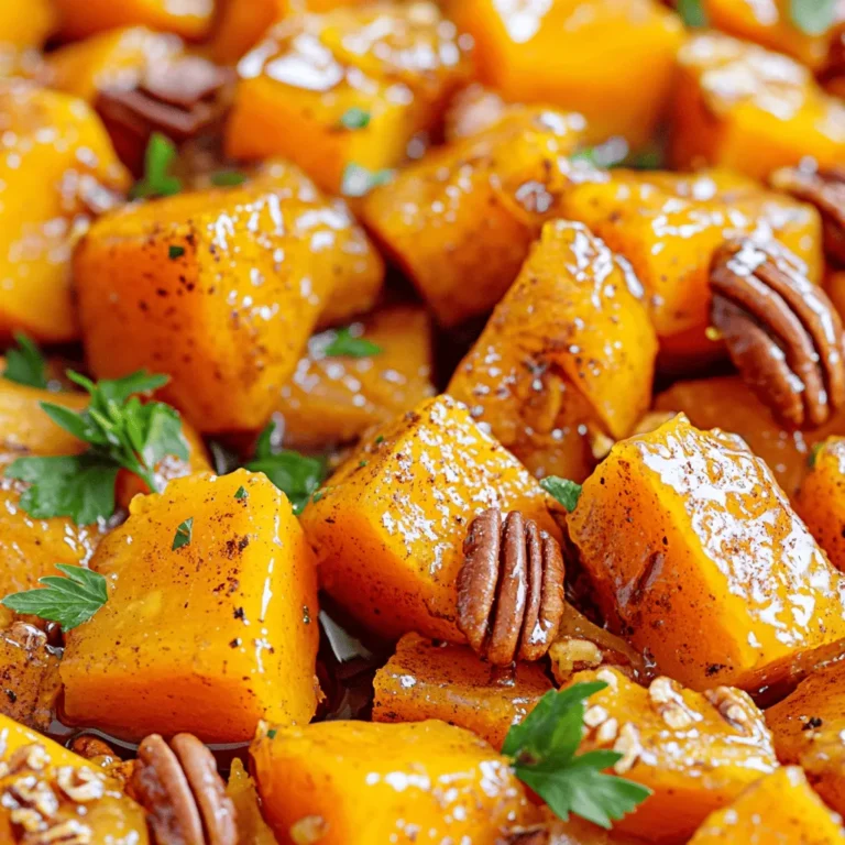 To make this tasty dish, you'll need a few simple items. Here’s your shopping list: - 1 medium butternut squash, peeled and cut into 1-inch cubes - 3 tablespoons pure maple syrup - 2 tablespoons extra virgin olive oil - 1 teaspoon ground cinnamon - 1/2 teaspoon ground nutmeg - Salt and freshly ground black pepper to taste These ingredients create a sweet and warm flavor that makes your squash shine. You can add some extra crunch or flavor. Here are some options: - 1/4 cup pecans, roughly chopped (for added crunch) - Fresh parsley, finely chopped (for brightness) If you like nuts or fresh herbs, these will enhance your dish. This dish is not only delicious but also healthy. Here are some quick facts: - Butternut squash is high in vitamins A and C. - Maple syrup adds natural sweetness without refined sugar. - Pecan nuts provide healthy fats and protein. Enjoy this savory side as part of a balanced meal. For the full recipe, check out the steps above. To start, preheat your oven to 400°F (200°C). This temperature helps the squash roast evenly. Next, line a baking sheet with parchment paper. This will prevent the squash from sticking and make clean-up easier. In a large bowl, add the cubed butternut squash. Pour in 3 tablespoons of maple syrup and 2 tablespoons of olive oil. Add 1 teaspoon of ground cinnamon and 1/2 teaspoon of ground nutmeg. Sprinkle with salt and pepper. Mix everything well. Make sure each cube is coated in that sweet and spicy blend. Spread the squash in a single layer on your baking sheet. Don’t overcrowd the pieces; this ensures they roast well. Place the baking sheet in the oven. Roast for about 25-30 minutes. Halfway through, stir the squash gently to help it cook evenly. Look for a golden-brown color and fork-tender texture. If you want to add pecans, sprinkle them on in the last 5 minutes. This gives them a nice crunch. Once done, remove the squash from the oven and let it cool slightly. You can find the full recipe above. To make maple glazed butternut squash shine, balance sweetness and spice. The maple syrup adds a rich sweetness, while ground cinnamon and nutmeg bring warmth. Adjust the maple syrup amount if you prefer less sweetness. A pinch of salt brightens the flavors. Experiment with adding a sprinkle of cayenne for a spicy kick. Sweetness paired with spice creates a delightful contrast that excites the palate. Roasting the butternut squash is the best method for this dish. Roasting caramelizes the sugars, giving it a sweet, nutty flavor. Other methods, like boiling, can make the squash mushy and watery. Roasting also allows for even cooking and browning. Use high heat to achieve a crispy outside and tender inside. This method enhances the natural flavor of the squash. Serving matters just as much as taste. Place your maple glazed butternut squash in a rustic wooden bowl. This adds a cozy touch to your dining table. Sprinkle extra pecans and parsley on top for color and crunch. You can also serve it alongside roasted meats or as a stand-alone dish. A bright orange squash with green parsley looks great on any plate. Consider using seasonal decor to enhance the dish's autumn vibe. For more details, refer to the Full Recipe. {{image_4}} You can change the flavor by using different sweeteners. Honey is a great swap for maple syrup. It adds its own unique taste. Brown sugar will also work well. It gives a rich, caramel flavor. Try agave syrup for a lighter touch. Each sweetener can create a different twist on the dish. - Herbs and Spices to Enhance Flavor You can play with spices to make this dish your own. Add cayenne pepper for a kick. It pairs nicely with the sweetness of the squash. You can also try fresh herbs like thyme or rosemary. They add a fresh note that brightens the dish. A pinch of cumin can bring warmth and depth as well. - Gluten-Free and Vegan Options This recipe is naturally gluten-free, so you’re already set! To keep it vegan, use pure maple syrup and olive oil. They are both plant-based and safe for all diets. If you want a nut-free version, skip the pecans or replace them with sunflower seeds. This keeps the crunch while avoiding allergens. For the full recipe, check the complete guide to Maple Glazed Butternut Squash. Store leftover maple glazed butternut squash in an airtight container. Glass containers work best, but plastic ones are fine too. Keep the squash in the fridge. It will stay fresh for about 3 to 5 days. Make sure it cools down before you seal the container. This helps keep moisture out and flavor in. To reheat, you have a few options. The best way is to use the oven. Preheat it to 350°F (175°C). Spread the squash on a baking sheet and heat for about 10 to 15 minutes. This keeps it crispy and tasty. You can also use a microwave. Place the squash in a microwave-safe dish. Heat it in short bursts of 30 seconds. Stir in between to warm it evenly. Freezing is a great option too! First, allow the squash to cool completely. Then, place it in a freezer-safe bag or container. Try to remove as much air as possible to prevent freezer burn. It can last up to 3 months in the freezer. To thaw, move it to the fridge overnight. Reheat as mentioned above for the best taste and texture. For the full recipe, check out the Maple Glazed Butternut Squash section! Maple glazed butternut squash is a sweet and savory side dish. It pairs well with many meals. The blend of maple syrup and spices makes it special. You can serve it at family dinners or holiday feasts. This dish is not just tasty; it is also colorful and bright. When selecting butternut squash, look for a firm and smooth skin. Choose one that feels heavy for its size. A good squash should have a deep tan color. Avoid any with soft spots or blemishes. A fresh squash has a sweet aroma, hinting at its flavor. Yes, you can make this recipe ahead of time. Cook the squash and let it cool completely. Store it in an airtight container in the fridge. This way, you can enjoy it later without losing flavor. - Tips for Meal Prep and Serving Later: - Reheat the squash in the oven for best results. - Add a little maple syrup while reheating to boost the flavor. - Garnish with fresh parsley just before serving for a nice touch. For the full recipe, check out the detailed instructions above. This blog post covered how to make maple glazed butternut squash. You learned about main ingredients and some optional add-ins. We explored step-by-step instructions for preparation and roasting. Tips helped you perfect the flavors and presentation. In closing, this dish is simple and tasty. Whether you cook for yourself or guests, this recipe will impress. Enjoy experimenting with flavor variations and storage tips. Now, get ready to serve a delightful meal!