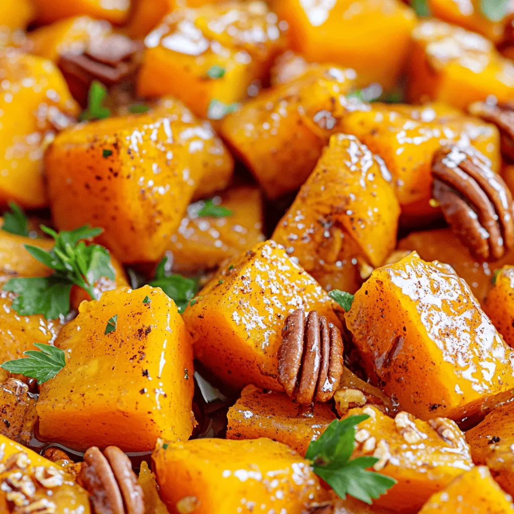 To make this tasty dish, you'll need a few simple items. Here’s your shopping list: - 1 medium butternut squash, peeled and cut into 1-inch cubes - 3 tablespoons pure maple syrup - 2 tablespoons extra virgin olive oil - 1 teaspoon ground cinnamon - 1/2 teaspoon ground nutmeg - Salt and freshly ground black pepper to taste These ingredients create a sweet and warm flavor that makes your squash shine. You can add some extra crunch or flavor. Here are some options: - 1/4 cup pecans, roughly chopped (for added crunch) - Fresh parsley, finely chopped (for brightness) If you like nuts or fresh herbs, these will enhance your dish. This dish is not only delicious but also healthy. Here are some quick facts: - Butternut squash is high in vitamins A and C. - Maple syrup adds natural sweetness without refined sugar. - Pecan nuts provide healthy fats and protein. Enjoy this savory side as part of a balanced meal. For the full recipe, check out the steps above. To start, preheat your oven to 400°F (200°C). This temperature helps the squash roast evenly. Next, line a baking sheet with parchment paper. This will prevent the squash from sticking and make clean-up easier. In a large bowl, add the cubed butternut squash. Pour in 3 tablespoons of maple syrup and 2 tablespoons of olive oil. Add 1 teaspoon of ground cinnamon and 1/2 teaspoon of ground nutmeg. Sprinkle with salt and pepper. Mix everything well. Make sure each cube is coated in that sweet and spicy blend. Spread the squash in a single layer on your baking sheet. Don’t overcrowd the pieces; this ensures they roast well. Place the baking sheet in the oven. Roast for about 25-30 minutes. Halfway through, stir the squash gently to help it cook evenly. Look for a golden-brown color and fork-tender texture. If you want to add pecans, sprinkle them on in the last 5 minutes. This gives them a nice crunch. Once done, remove the squash from the oven and let it cool slightly. You can find the full recipe above. To make maple glazed butternut squash shine, balance sweetness and spice. The maple syrup adds a rich sweetness, while ground cinnamon and nutmeg bring warmth. Adjust the maple syrup amount if you prefer less sweetness. A pinch of salt brightens the flavors. Experiment with adding a sprinkle of cayenne for a spicy kick. Sweetness paired with spice creates a delightful contrast that excites the palate. Roasting the butternut squash is the best method for this dish. Roasting caramelizes the sugars, giving it a sweet, nutty flavor. Other methods, like boiling, can make the squash mushy and watery. Roasting also allows for even cooking and browning. Use high heat to achieve a crispy outside and tender inside. This method enhances the natural flavor of the squash. Serving matters just as much as taste. Place your maple glazed butternut squash in a rustic wooden bowl. This adds a cozy touch to your dining table. Sprinkle extra pecans and parsley on top for color and crunch. You can also serve it alongside roasted meats or as a stand-alone dish. A bright orange squash with green parsley looks great on any plate. Consider using seasonal decor to enhance the dish's autumn vibe. For more details, refer to the Full Recipe. {{image_4}} You can change the flavor by using different sweeteners. Honey is a great swap for maple syrup. It adds its own unique taste. Brown sugar will also work well. It gives a rich, caramel flavor. Try agave syrup for a lighter touch. Each sweetener can create a different twist on the dish. - Herbs and Spices to Enhance Flavor You can play with spices to make this dish your own. Add cayenne pepper for a kick. It pairs nicely with the sweetness of the squash. You can also try fresh herbs like thyme or rosemary. They add a fresh note that brightens the dish. A pinch of cumin can bring warmth and depth as well. - Gluten-Free and Vegan Options This recipe is naturally gluten-free, so you’re already set! To keep it vegan, use pure maple syrup and olive oil. They are both plant-based and safe for all diets. If you want a nut-free version, skip the pecans or replace them with sunflower seeds. This keeps the crunch while avoiding allergens. For the full recipe, check the complete guide to Maple Glazed Butternut Squash. Store leftover maple glazed butternut squash in an airtight container. Glass containers work best, but plastic ones are fine too. Keep the squash in the fridge. It will stay fresh for about 3 to 5 days. Make sure it cools down before you seal the container. This helps keep moisture out and flavor in. To reheat, you have a few options. The best way is to use the oven. Preheat it to 350°F (175°C). Spread the squash on a baking sheet and heat for about 10 to 15 minutes. This keeps it crispy and tasty. You can also use a microwave. Place the squash in a microwave-safe dish. Heat it in short bursts of 30 seconds. Stir in between to warm it evenly. Freezing is a great option too! First, allow the squash to cool completely. Then, place it in a freezer-safe bag or container. Try to remove as much air as possible to prevent freezer burn. It can last up to 3 months in the freezer. To thaw, move it to the fridge overnight. Reheat as mentioned above for the best taste and texture. For the full recipe, check out the Maple Glazed Butternut Squash section! Maple glazed butternut squash is a sweet and savory side dish. It pairs well with many meals. The blend of maple syrup and spices makes it special. You can serve it at family dinners or holiday feasts. This dish is not just tasty; it is also colorful and bright. When selecting butternut squash, look for a firm and smooth skin. Choose one that feels heavy for its size. A good squash should have a deep tan color. Avoid any with soft spots or blemishes. A fresh squash has a sweet aroma, hinting at its flavor. Yes, you can make this recipe ahead of time. Cook the squash and let it cool completely. Store it in an airtight container in the fridge. This way, you can enjoy it later without losing flavor. - Tips for Meal Prep and Serving Later: - Reheat the squash in the oven for best results. - Add a little maple syrup while reheating to boost the flavor. - Garnish with fresh parsley just before serving for a nice touch. For the full recipe, check out the detailed instructions above. This blog post covered how to make maple glazed butternut squash. You learned about main ingredients and some optional add-ins. We explored step-by-step instructions for preparation and roasting. Tips helped you perfect the flavors and presentation. In closing, this dish is simple and tasty. Whether you cook for yourself or guests, this recipe will impress. Enjoy experimenting with flavor variations and storage tips. Now, get ready to serve a delightful meal!