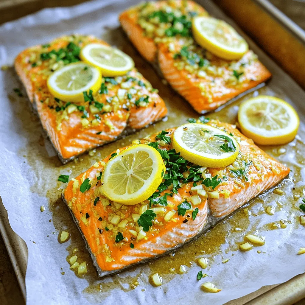 To make this dish, gather these simple ingredients: - 4 fresh salmon fillets - 4 tablespoons extra virgin olive oil - 3 cloves of garlic, finely minced - 2 medium lemons (one for juicing, one sliced into rounds) - 1 teaspoon dried thyme - 1 teaspoon dried rosemary - Salt and freshly cracked black pepper to taste - Fresh parsley, roughly chopped (for garnish) When making Baked Lemon Garlic Salmon, fresh salmon gives the best flavor. Fresh salmon has a bright, clean taste. It cooks well and stays moist. If you can't find fresh salmon, frozen is a great option. Frozen salmon holds its flavor and nutrients well. Just thaw it overnight in the fridge before cooking. Always check for a fresh smell, whether fresh or frozen. If you don’t have every ingredient, here are some easy swaps: - Use avocado oil instead of olive oil for a different flavor. - If you don't have fresh garlic, garlic powder works too. Use 1 teaspoon. - For the herbs, you can try dill or basil if thyme and rosemary are not on hand. - Lime juice can replace lemon juice for a zesty twist. - If you want a different fish, try trout or sea bass; they work well too. These tips help you adapt the recipe to what you have at home. Enjoy cooking! First, preheat your oven to 400°F (200°C). This step is key for even cooking. While the oven heats, gather your ingredients. You need fresh salmon fillets, olive oil, garlic, lemons, thyme, rosemary, salt, and pepper. Set these items on your workspace for easy access. In a small bowl, mix the olive oil, minced garlic, and juice from one lemon. Add the dried thyme, dried rosemary, salt, and pepper. Use a whisk to blend everything well. This mixture will bring bright flavor to the salmon. Line a baking sheet with parchment paper. Place the salmon fillets on the sheet with the skin side down. Make sure they are spaced apart. Pour the garlic-lemon mixture over each fillet, coating them well. Place lemon slices on top for added flavor. Bake the salmon for 12 to 15 minutes. It's ready when it flakes easily with a fork. Let it rest for a few minutes, then garnish with chopped parsley. Enjoy this simple and flavorful dish! For the complete recipe, check out the Full Recipe. To cook salmon just right, keep an eye on the time. Bake it for 12-15 minutes at 400°F (200°C). The fish should flake easily when done. Use a fork to check the texture. If it falls apart, it's perfect! Always check that the internal temperature reaches 145°F (63°C) for safety. To boost the taste, use fresh herbs like parsley or dill. You can mix fresh herbs into the garlic-lemon marinade. Dried herbs like thyme and rosemary also work well. They add depth and richness. Don't forget to season with salt and pepper to bring all the flavors together. Serve your salmon with sides that balance the flavors. Try steamed vegetables like broccoli or asparagus. A light salad with a lemon vinaigrette pairs nicely too. For a hearty option, serve the salmon over a bed of rice or quinoa. This makes for a colorful and satisfying meal. For more details, check the Full Recipe. {{image_4}} You can change the flavor of your salmon with different marinades. Try a soy sauce mix for a salty taste. A honey mustard blend adds sweetness. You can also use a spicy harissa paste for a kick. Each marinade gives the salmon a unique twist. If you don’t want to bake, grilling is a great choice. It adds a nice char and smoky flavor. Just preheat your grill and cook the salmon for about 6-8 minutes per side. Pan-searing is another option. Heat oil in a pan, place the salmon skin-side down, and cook for 4-5 minutes before flipping. Each method makes the salmon tasty in its own way. Pairing vegetables with your salmon can enhance the meal. Asparagus and green beans are fresh choices. Roasted tomatoes add a sweet burst. You can also serve salmon with a simple salad of mixed greens. These veggies balance the dish and add color to your plate. To keep your baked salmon fresh, allow it to cool first. Once cooled, place the salmon in an airtight container. Make sure to seal it tightly. Leftovers can stay in the fridge for up to three days. For longer storage, consider freezing the salmon. Wrap it in plastic wrap, then place it in a freezer bag. This method helps prevent freezer burn. When you’re ready to enjoy leftovers, reheating them properly is key. To keep the salmon moist, use your oven. Preheat your oven to 275°F (135°C). Place the salmon on a baking sheet and cover it with foil. Heat for about 15 minutes. Check if it's warm all the way through. You can also use a microwave. Heat it on low power for short bursts. This method helps to avoid overcooking. For storing baked salmon, choose containers made of glass or BPA-free plastic. These materials keep the food fresh longer. Look for containers with tight lids to avoid spills or air exposure. If freezing, use heavy-duty freezer bags for better protection against cold air. Remember to label each container with the date for easy tracking. I love serving baked lemon garlic salmon with fresh sides. Here are my top picks: - Steamed green beans - Roasted asparagus - Garlic mashed potatoes - Quinoa salad - Rice pilaf These sides add color and flavor. They balance the rich taste of salmon. You can also add a light salad for extra crunch. To check if salmon is cooked, use a fork. Gently press down on the fish. If it flakes easily, it is done. The salmon should also have a bright pink color inside. The USDA recommends an internal temperature of 145°F (63°C) for safety. Yes, you can use other fish! Here are some great choices: - Trout - Mahi-mahi - Cod - Tilapia Each fish has its own taste. Adjust cooking times as needed. Just make sure to follow the same lemon and garlic mix for flavor. This article covered how to make baked lemon garlic salmon easily. We discussed choosing fresh or frozen salmon and shared helpful ingredient substitutes. I provided a step-by-step guide for prepping, baking, and serving. You now have tips for perfect cooking and flavor enhancements. We also explored variations, storage advice, and answered common questions. Enjoy making this dish! With these methods and tips, you can create a delicious meal every time.