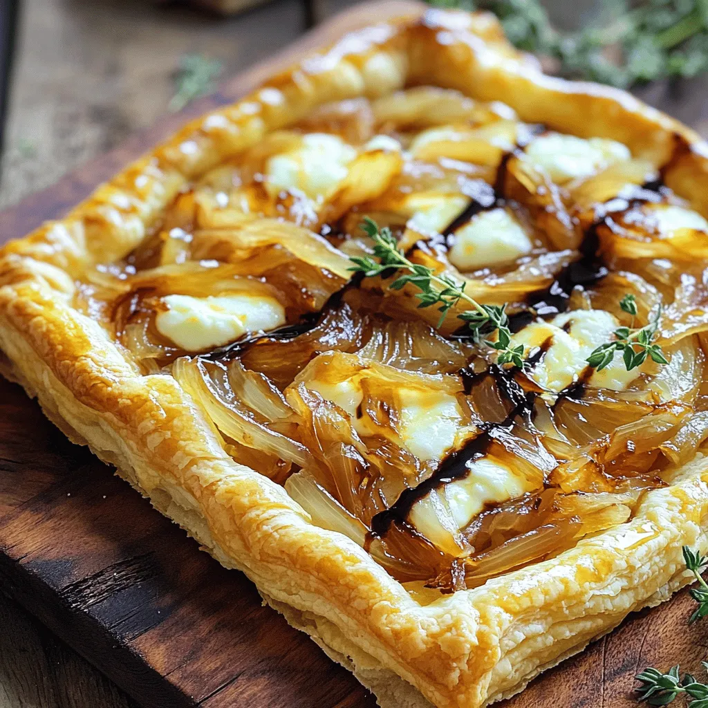 - 4 large yellow onions, finely sliced - 2 tablespoons olive oil - 2 tablespoons unsalted butter - 1 teaspoon sugar - 1 teaspoon salt - 1 teaspoon fresh thyme leaves (or ½ teaspoon dried thyme) - 1 cup ricotta cheese - 1 cup shredded mozzarella cheese - 1 pre-made puff pastry sheet (thawed) - Freshly cracked black pepper, to taste - Balsamic glaze (for drizzling, optional) You can add a pinch of red pepper flakes for heat. A sprinkle of Parmesan cheese can enhance the flavor. Try adding sautéed mushrooms for depth. You can also use goat cheese instead of ricotta for a tangy twist. If you don’t have yellow onions, use sweet onions. For a dairy-free option, swap ricotta with cashew cheese. You can replace mozzarella with any cheese that melts well, like Gouda. If you lack fresh thyme, dried herbs will work great too. To start, take your large yellow onions and slice them thinly. I like to use a sharp knife for this step. In a large skillet, melt the butter with the olive oil over medium heat. Once it’s hot, add the sliced onions, sugar, and salt. Stir often to prevent sticking. Cook for about 25-30 minutes. You want the onions to turn a nice golden brown. During the last five minutes, mix in the fresh thyme leaves. Take the skillet off the heat and let the onions cool a bit. Now it’s time to work on the puff pastry. Take your thawed pastry sheet and place it on a lightly floured surface. Roll it out gently with a rolling pin to remove any creases. Next, transfer it to a baking sheet lined with parchment paper. You can shape the pastry into a rectangle or a circle based on your preference. Trim the edges if you want a neat look. In a small bowl, mix the ricotta cheese with a pinch of black pepper. Spread this mixture evenly over the puff pastry, leaving a small border around the edges. Now, it’s time for the caramelized onions. Spoon them over the ricotta layer, spreading them out evenly. Finally, sprinkle the shredded mozzarella cheese on top. Place the tart in the preheated oven at 400°F (200°C). Bake for about 20-25 minutes. You want the pastry to turn golden brown and the cheese to bubble. Once done, take it out and let it cool for a few minutes. If you like, drizzle some balsamic glaze over the tart. Slice it into wedges and serve warm or at room temperature. Enjoy your delicious creation! For a full recipe, check the details above. To get the best flavor from the onions, use low heat. This avoids burning. Stir the onions often. It helps them cook evenly. The sugar in the recipe enhances the natural sweetness. You want soft, brown onions. This may take 25-30 minutes. Be patient! The longer they cook, the deeper the flavor. This tart is great warm or at room temperature. Serve it as an appetizer or a side dish. Pair it with a fresh salad for a nice balance. A light vinaigrette works well to cut through the richness. For a twist, add a dollop of sour cream on top. Make the tart shine by serving it on a wooden board. Add sprigs of fresh thyme for color. This gives a rustic look that feels inviting. Slice the tart into wedges for easy serving. A drizzle of balsamic glaze adds a beautiful touch. Your guests will be impressed with the look and taste! {{image_4}} You can spice up the tart by adding different cheese blends. Creamy goat cheese pairs well with caramelized onions. You can also use sharp cheddar for a bold taste. Mixing cheeses adds depth and richness to each bite. Try a blend of mozzarella and gouda for a smoky flavor. Cheese not only enhances taste but also improves texture. Fresh herbs can elevate your tart. Basil and rosemary add a nice twist. You can mix in chopped parsley for a fresh note. Consider using sage for an earthy flavor. Infusing herbs into the onion mixture adds more aroma and depth. Always adjust the amount based on your personal preference. Herbs can transform a simple dish into something special. You can add other vegetables for extra nutrition and flavor. Spinach or kale works well, adding color and health benefits. Roasted red peppers bring sweetness and a pop of color. Mushrooms add a lovely umami taste. Just sauté them briefly before adding to the tart. Mix and match your favorites to create a unique version. These additions make your tart hearty and satisfying. To store your caramelized onion tart, first let it cool. Wrap it tightly in plastic wrap or foil. Place it in the fridge. It will stay fresh for up to three days. Make sure to keep it covered to prevent it from drying out. You can freeze the tart for later use. After cooling, wrap it well in plastic wrap, then in foil. This helps prevent freezer burn. The tart will last up to three months in the freezer. When you’re ready to eat it, let it thaw in the fridge overnight. To reheat your tart, preheat the oven to 350°F (175°C). Remove the plastic wrap but keep the foil on. Place the tart in the oven for about 15-20 minutes. This warms it through and keeps the crust crisp. You can also microwave individual slices for about 1-2 minutes, but the crust may not be as crispy. Enjoy your delicious tart! Yes, you can make this tart ahead of time. Prepare the tart up to the baking step. Cover it and store it in the fridge for one day. When ready to bake, simply remove it from the fridge and let it sit at room temperature for 15 minutes. Then bake it as directed. This saves time and gives you a warm treat later. Caramelized onion tart pairs well with many sides. Here are some great options: - Mixed green salad with a light vinaigrette - Roasted vegetables for added flavor - A bowl of creamy soup, like tomato or potato - Fresh fruit, such as sliced pears or apples These sides balance the rich flavors of the tart, enhancing your meal. You can tell onions are caramelized when they are soft and golden brown. This process takes about 25-30 minutes. Stir the onions often to prevent burning. If they stick to the pan, add a splash of water. The sugar in the onions will bring out a sweet flavor, which is key to a great tart. This blog post covered all you need to know for a perfect caramelized onion tart. We discussed key ingredients, how to prepare them, and tips to enhance flavor. Remember, the right techniques can make a big difference. Whether you add cheese or herbs, there are many tasty variations. Store leftovers properly, and reheating is simple. This tart is not just a treat; it's a creative dish you can share. Enjoy your cooking and impress friends with this delicious recipe!