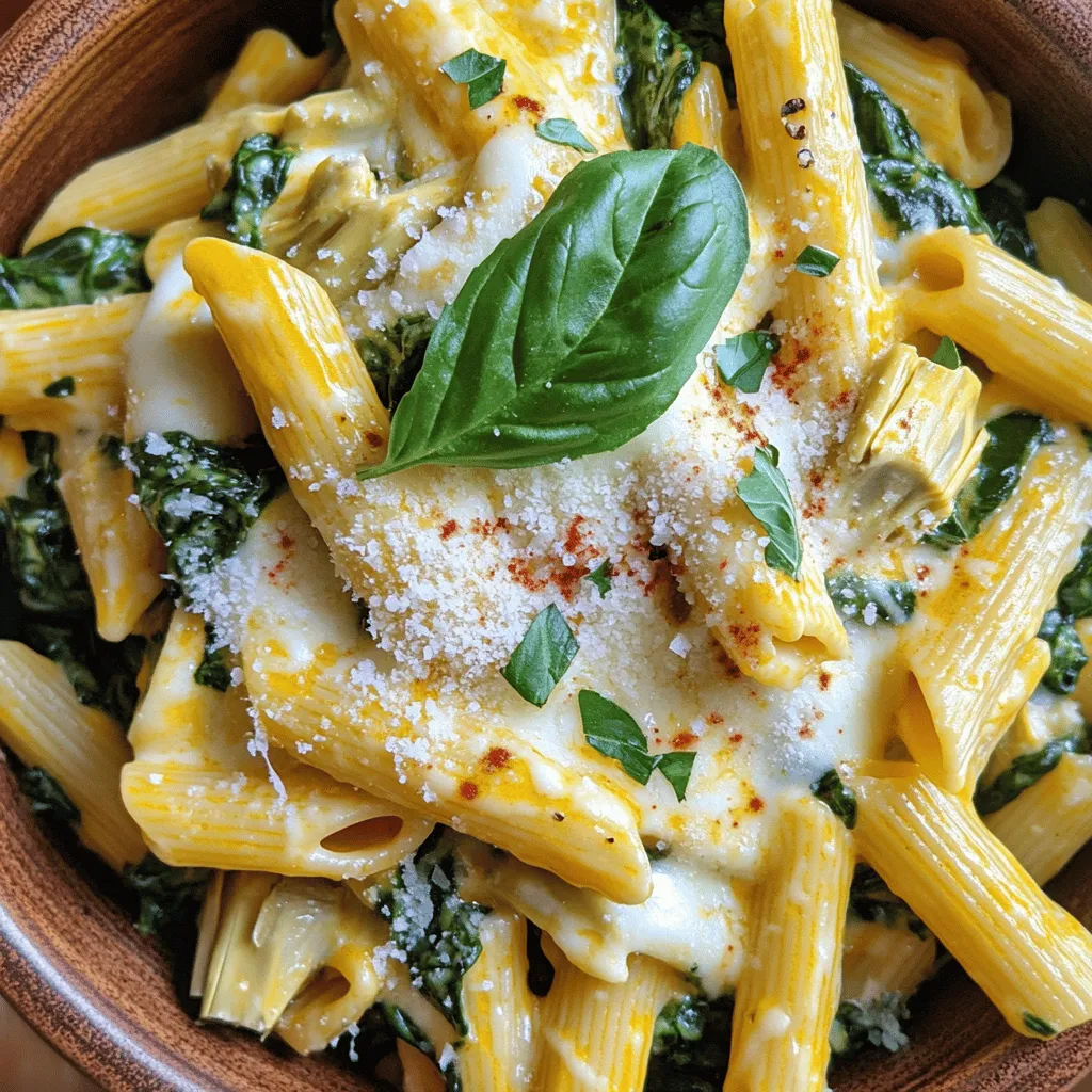 - Main ingredients: - 8 oz (225g) pasta (penne or fusilli preferred) - 1 cup fresh spinach, roughly chopped - 1 cup artichoke hearts (canned or jarred), thoroughly drained and coarsely chopped - Cheese selection: - 1 cup cream cheese, softened to room temperature - 1 cup shredded mozzarella cheese - 1/2 cup grated Parmesan cheese - Seasoning essentials: - 2 cloves garlic, finely minced - 1/2 teaspoon red pepper flakes (optional for heat) - 1/2 teaspoon dried oregano - 1/4 teaspoon freshly ground black pepper - Salt to taste - 1 tablespoon olive oil - Optional garnishes and tweaks: - Fresh basil leaves for garnish (optional but recommended) Gather these ingredients to create a rich, creamy dish. Each item plays a key role in the flavor and texture of the pasta. The pasta provides a sturdy base, while the spinach and artichokes add freshness. The cheese selection brings creaminess and depth. Garlic and spices elevate the taste. Don't skip the fresh basil; it adds a nice touch. For the full recipe, check the cooking steps to bring this dish to life! Start by filling a large pot with water. Bring it to a boil over high heat. Once boiling, add a generous amount of salt. This helps flavor the pasta. Add your pasta and cook according to the package instructions, usually around 8-10 minutes. I like to check it a minute early. You want it al dente, which means firm but not hard. When done, drain the pasta but save about 1/2 cup of the water. It will help later. Garlic is key in this dish. It adds a rich flavor that makes everything better. In the same pot, add olive oil and heat it over medium flame. When the oil shimmers, toss in minced garlic. Sauté for 1-2 minutes. Watch closely to avoid browning the garlic. You want it fragrant, not burnt. Now it’s time for the cheese! Lower the heat to low and add cream cheese to the pot. Stir continuously. Break it up as it heats until it becomes smooth. This step is crucial for a creamy sauce. Once smooth, add shredded mozzarella and grated Parmesan. Stir well until both cheeses melt in. If it’s too thick, drizzle in some reserved pasta water until you reach a creamy consistency. Now add the fresh spinach and artichoke hearts. Gently fold them into the cheese mixture. You may also add red pepper flakes and dried oregano at this point. Stir until the spinach wilts and combines with the cheese. This step balances flavors and adds nutrition. Once your cheese and veggie mix is ready, add the cooked pasta back into the pot. Toss gently to coat the pasta well. Make sure every piece is covered in that creamy sauce. This mixing allows the pasta to soak up all those tasty flavors. Taste your pasta dish and adjust salt levels if needed. Once seasoned, let it rest off the heat for a minute. This resting time helps the sauce thicken a bit. Afterward, dish it out into bowls. You can garnish with fresh basil leaves for extra flavor if you like. Enjoy your rich, cheesy delight! For the full recipe, check out the ingredients and steps above. Cooking pasta can be tricky. Here are two common mistakes to watch out for: - Overcooking pasta: This can ruin your dish. Always check the package for cooking time. Aim for al dente, which means firm to the bite. It helps the pasta hold its shape in the creamy sauce. - Skipping the reserved pasta water: This water is liquid gold. It contains starch that helps thicken your sauce. Always save some before draining the pasta. Choosing the right cheese makes a big difference. Here are my top picks: - Recommended brands and types: Cream cheese is key for smoothness. Use full-fat brands for the best taste. For mozzarella, pick low-moisture types. Grated Parmesan adds a sharp flavor. - Dairy alternatives for a different twist: If you want a vegan option, use cashew cream and nutritional yeast. These can mimic the creaminess and flavor of cheese. Getting the flavors right is vital. Here are my expert tips: - Using fresh vs. canned artichokes: Fresh artichokes offer a bright taste, but they take longer to prepare. Canned artichokes are convenient and save time. Just rinse them well before adding. - Flavor enhancements with additional spices: Don't be shy with spices! A pinch of nutmeg can add warmth. You can also try adding lemon zest for a fresh kick. Experiment and find what you love best. For the full recipe, check out the detailed instructions to guide you through this tasty dish. {{image_4}} You can make Cheesy Spinach Artichoke Pasta lighter. First, try using whole grain or gluten-free pasta. Whole grain adds fiber, while gluten-free options cater to dietary needs. You can also reduce the cheese. This gives you a less rich dish. You still keep the flavor without the heaviness. Cheese is key to this dish's taste. You can swap mozzarella for other cheeses. Try gouda for a smoky flavor or cheddar for sharpness. If you want a vegan option, use vegan cream cheese and a non-dairy mozzarella. This way, you can enjoy a delicious meal that fits your diet. Want to boost protein? Add chicken, shrimp, or tofu. Cook chicken pieces until they are golden before mixing in. For shrimp, add them to the sauté pan until they turn pink. If using tofu, sauté until crispy. Adjust cooking times as needed. This way, your pasta becomes a filling meal. To keep your cheesy spinach artichoke pasta fresh, store it in the fridge. Use an airtight container to stop moisture and air from getting in. This helps keep the pasta creamy and tasty for up to three days. Make sure to let the pasta cool before sealing it. This way, the heat will not create steam that can turn it soggy. When you reheat the pasta, you want to keep it creamy. The best way is to use the stovetop. Add a splash of milk or reserved pasta water to the pan. Heat it on low and stir until warm. If you use a microwave, heat it in short bursts. Stir in between to keep it from drying out. This method helps maintain its rich flavor and texture. If you want to freeze the pasta, first let it cool down completely. Place it in a freezer-safe container, leaving some space at the top. This allows for expansion. Use it within three months for best flavor. To thaw, move it to the fridge overnight. Reheat it gently on the stovetop to keep it creamy. Avoid freezer burn by sealing it tightly and using it soon. To make this dish gluten-free, choose gluten-free pasta. Many brands offer great options. Look for pasta made from rice, quinoa, or chickpeas. These alternatives cook well and taste good. Just follow the cooking instructions on the package. You will enjoy the same creamy sauce with your gluten-free pasta. If your pasta sauce is too thick, don't worry. You can fix it easily. Add a little of the reserved pasta water. Start with a tablespoon and stir well. Keep adding until you reach your desired creamy texture. The water helps to loosen the sauce without losing flavor. Yes, you can make Cheesy Spinach Artichoke Pasta ahead of time. Cook the pasta and sauce separately for best results. Store them in airtight containers in the fridge. When you’re ready to eat, just reheat and combine them. This method keeps your pasta from getting mushy. This pasta pairs well with many side dishes. A simple green salad adds freshness. You can also serve garlic bread for extra flavor. For a heartier option, try steamed vegetables or roasted asparagus. These sides balance the richness of the pasta beautifully. In this post, we explored the steps to make Cheesy Spinach Artichoke Pasta. We covered key ingredients, including pasta, spinach, cheese, and seasoning. I provided clear cooking instructions, common mistakes to avoid, and tips for variations and storage. For a creamy, flavorful dish, focus on quality ingredients. Experiment with different cheeses and protein options for variety. Enjoy your cooking and the delicious meal ahead!