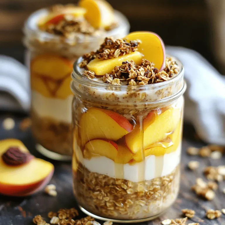 - 1 cup rolled oats - 1 ½ cups almond milk (or your preferred milk variety) - 1 medium ripe peach, diced - 1 tablespoon maple syrup (adjust based on your sweetness preference) - 1 teaspoon pure vanilla extract - ½ teaspoon ground cinnamon - ¼ teaspoon freshly grated nutmeg - 1 tablespoon chia seeds (optional for additional texture) - ¼ cup Greek yogurt (optional, for added creaminess) - Fresh peach slices and crunchy granola for topping The key to great Peach Cobbler Overnight Oats is using fresh and tasty ingredients. Start with rolled oats. They soak up the liquid and get soft overnight. Almond milk gives it a nice flavor, but you can use any milk you like. A ripe peach adds sweetness and a juicy bite. I love to add maple syrup for a touch of sweetness, but you can adjust this if you prefer. Don't forget spices! Vanilla extract, cinnamon, and nutmeg bring out the peach flavor. Chia seeds add a fun texture, but they are optional. Greek yogurt makes the oats creamier and richer. Finally, top your oats with fresh peach slices and crunchy granola for a lovely finish. - Alternatives for milk (soy, oat, etc.) - Sweetener options (honey, agave nectar) If you want to try something different, swap almond milk for soy or oat milk. You can also use honey or agave nectar as a sweetener instead of maple syrup. This makes the recipe more fun and personal to your taste. - Dairy-free substitutions - Gluten-free oats For those who need dairy-free options, skip the Greek yogurt or use a dairy-free yogurt. Ensure your oats are labeled gluten-free if that’s a concern. These small changes help make this dish suitable for everyone! You can find the full recipe to make this delightful dish! Enjoy your Peach Cobbler Overnight Oats! - In a large bowl, combine 1 cup of rolled oats and 1 ½ cups of almond milk. - Mix in 1 tablespoon of maple syrup, 1 teaspoon of vanilla extract, ½ teaspoon of ground cinnamon, and ¼ teaspoon of nutmeg. - Fold in 1 medium ripe peach, diced. Reserve a few peach pieces for later. - Divide the mixture evenly into two or three mason jars. - Seal the jars tightly to keep them fresh in the fridge. - The next morning, stir the oats well before serving. - If you want a thinner texture, add a splash of milk. - Top with reserved peach slices and a sprinkle of granola for crunch. Enjoy your Peach Cobbler Overnight Oats! For the full recipe, check the recipe section above. To get the best texture, adjust the soaking time. If you like your oats soft, let them sit overnight. For a firmer bite, soak them for about four to six hours. If you want creaminess, Greek yogurt works wonders. Fold it in gently after mixing your oats. This keeps the mix light and fluffy. For storing leftovers, use airtight containers or mason jars. This keeps your oats fresh for up to five days in the fridge. If you choose to reheat them, add a splash of almond milk. Warm them in the microwave for about 30 seconds. Stir and check if they need more time. Layer your oats with peach slices for a pretty look. Start with oats, then add a layer of peaches. Repeat until the jar is full. For a fancy touch, top with a sprinkle of cinnamon or a drizzle of maple syrup. This simple step makes your breakfast look gourmet! {{image_4}} You can switch up the flavors in your oats. Try adding nuts or seeds for a nice crunch. Walnuts or almonds work great. They add protein and healthy fats. You can also mix in other fruits. Ripe berries or diced apples pair well with peaches. Their sweetness and tartness create a tasty blend. If you want to make these oats vegan, simply swap almond milk for a plant-based milk. You can also use maple syrup for sweetening, which is vegan-friendly. For low-sugar options, use a sugar substitute like stevia or erythritol. Adjust the amount to suit your taste. You can change the flavor based on the season. In fall, try pumpkin spice oats. Just add pumpkin puree and pumpkin spice to the mix. In summer, swap peaches for fresh berries or other seasonal fruits. This keeps your breakfast exciting all year long. I love using mason jars for storing overnight oats. They are easy to seal and look cute too. If you prefer, airtight containers also work well. Choose materials like glass or BPA-free plastic. These options help keep your oats fresh and tasty. You can store Peach Cobbler Overnight Oats in the fridge for up to five days. Check for signs that they have gone bad. If you see mold or a sour smell, it’s best to toss them out. Fresh oats should smell sweet and fruity. If you have leftovers, you can freeze them for quick breakfasts. Spoon the oats into freezer-safe containers. When you’re ready to eat, thaw them overnight in the fridge. To reheat, just warm them in the microwave. Add a splash of milk to bring back the creaminess! You can use steel-cut oats, but the texture will change. Steel-cut oats are chewier and firmer. They take longer to soak and may not absorb flavors as well as rolled oats. If you choose steel-cut oats, soak them overnight for a soft bite. Overnight oats should refrigerate for at least 4-6 hours. This lets the oats absorb the liquid. For best results, let them sit overnight. They will be ready when you wake up! Yes, you can easily make these oats vegan. Swap Greek yogurt for coconut yogurt or any plant-based yogurt. Use maple syrup or agave for sweetness. Choose almond milk or any plant milk you enjoy. If you want a creamy texture without Greek yogurt, try these options: - Coconut yogurt - Cashew cream - Silken tofu blended until smooth These alternatives will keep your oats rich and tasty. This blog post covers how to make delicious overnight oats. You learned about the essential ingredients, with peaches and oats as key players. I shared tips for making the perfect batch and how to store or freeze leftovers. We also explored fun variations to keep your oats exciting. Incorporating different fruits and flavors can turn a simple meal into a treat. Enjoy experimenting, and remember: healthy eating can be tasty too!