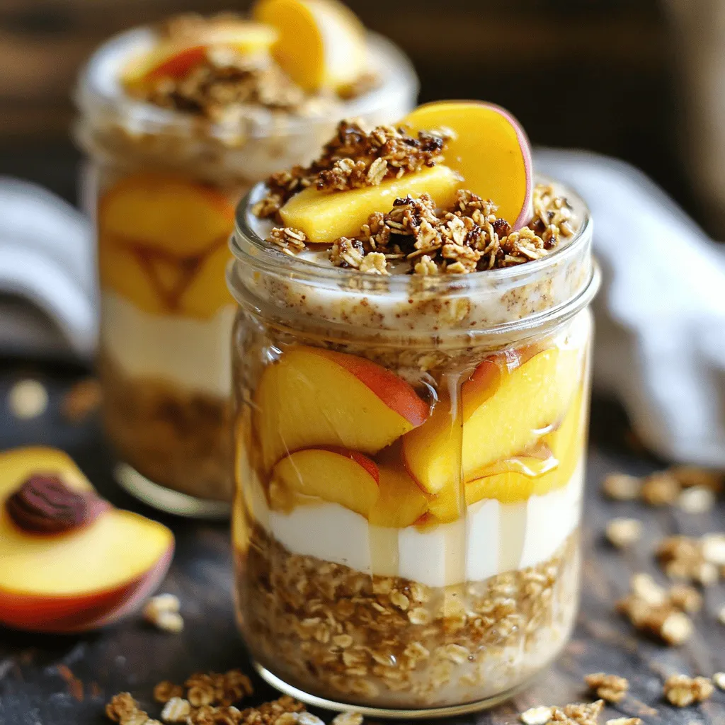 - 1 cup rolled oats - 1 ½ cups almond milk (or your preferred milk variety) - 1 medium ripe peach, diced - 1 tablespoon maple syrup (adjust based on your sweetness preference) - 1 teaspoon pure vanilla extract - ½ teaspoon ground cinnamon - ¼ teaspoon freshly grated nutmeg - 1 tablespoon chia seeds (optional for additional texture) - ¼ cup Greek yogurt (optional, for added creaminess) - Fresh peach slices and crunchy granola for topping The key to great Peach Cobbler Overnight Oats is using fresh and tasty ingredients. Start with rolled oats. They soak up the liquid and get soft overnight. Almond milk gives it a nice flavor, but you can use any milk you like. A ripe peach adds sweetness and a juicy bite. I love to add maple syrup for a touch of sweetness, but you can adjust this if you prefer. Don't forget spices! Vanilla extract, cinnamon, and nutmeg bring out the peach flavor. Chia seeds add a fun texture, but they are optional. Greek yogurt makes the oats creamier and richer. Finally, top your oats with fresh peach slices and crunchy granola for a lovely finish. - Alternatives for milk (soy, oat, etc.) - Sweetener options (honey, agave nectar) If you want to try something different, swap almond milk for soy or oat milk. You can also use honey or agave nectar as a sweetener instead of maple syrup. This makes the recipe more fun and personal to your taste. - Dairy-free substitutions - Gluten-free oats For those who need dairy-free options, skip the Greek yogurt or use a dairy-free yogurt. Ensure your oats are labeled gluten-free if that’s a concern. These small changes help make this dish suitable for everyone! You can find the full recipe to make this delightful dish! Enjoy your Peach Cobbler Overnight Oats! - In a large bowl, combine 1 cup of rolled oats and 1 ½ cups of almond milk. - Mix in 1 tablespoon of maple syrup, 1 teaspoon of vanilla extract, ½ teaspoon of ground cinnamon, and ¼ teaspoon of nutmeg. - Fold in 1 medium ripe peach, diced. Reserve a few peach pieces for later. - Divide the mixture evenly into two or three mason jars. - Seal the jars tightly to keep them fresh in the fridge. - The next morning, stir the oats well before serving. - If you want a thinner texture, add a splash of milk. - Top with reserved peach slices and a sprinkle of granola for crunch. Enjoy your Peach Cobbler Overnight Oats! For the full recipe, check the recipe section above. To get the best texture, adjust the soaking time. If you like your oats soft, let them sit overnight. For a firmer bite, soak them for about four to six hours. If you want creaminess, Greek yogurt works wonders. Fold it in gently after mixing your oats. This keeps the mix light and fluffy. For storing leftovers, use airtight containers or mason jars. This keeps your oats fresh for up to five days in the fridge. If you choose to reheat them, add a splash of almond milk. Warm them in the microwave for about 30 seconds. Stir and check if they need more time. Layer your oats with peach slices for a pretty look. Start with oats, then add a layer of peaches. Repeat until the jar is full. For a fancy touch, top with a sprinkle of cinnamon or a drizzle of maple syrup. This simple step makes your breakfast look gourmet! {{image_4}} You can switch up the flavors in your oats. Try adding nuts or seeds for a nice crunch. Walnuts or almonds work great. They add protein and healthy fats. You can also mix in other fruits. Ripe berries or diced apples pair well with peaches. Their sweetness and tartness create a tasty blend. If you want to make these oats vegan, simply swap almond milk for a plant-based milk. You can also use maple syrup for sweetening, which is vegan-friendly. For low-sugar options, use a sugar substitute like stevia or erythritol. Adjust the amount to suit your taste. You can change the flavor based on the season. In fall, try pumpkin spice oats. Just add pumpkin puree and pumpkin spice to the mix. In summer, swap peaches for fresh berries or other seasonal fruits. This keeps your breakfast exciting all year long. I love using mason jars for storing overnight oats. They are easy to seal and look cute too. If you prefer, airtight containers also work well. Choose materials like glass or BPA-free plastic. These options help keep your oats fresh and tasty. You can store Peach Cobbler Overnight Oats in the fridge for up to five days. Check for signs that they have gone bad. If you see mold or a sour smell, it’s best to toss them out. Fresh oats should smell sweet and fruity. If you have leftovers, you can freeze them for quick breakfasts. Spoon the oats into freezer-safe containers. When you’re ready to eat, thaw them overnight in the fridge. To reheat, just warm them in the microwave. Add a splash of milk to bring back the creaminess! You can use steel-cut oats, but the texture will change. Steel-cut oats are chewier and firmer. They take longer to soak and may not absorb flavors as well as rolled oats. If you choose steel-cut oats, soak them overnight for a soft bite. Overnight oats should refrigerate for at least 4-6 hours. This lets the oats absorb the liquid. For best results, let them sit overnight. They will be ready when you wake up! Yes, you can easily make these oats vegan. Swap Greek yogurt for coconut yogurt or any plant-based yogurt. Use maple syrup or agave for sweetness. Choose almond milk or any plant milk you enjoy. If you want a creamy texture without Greek yogurt, try these options: - Coconut yogurt - Cashew cream - Silken tofu blended until smooth These alternatives will keep your oats rich and tasty. This blog post covers how to make delicious overnight oats. You learned about the essential ingredients, with peaches and oats as key players. I shared tips for making the perfect batch and how to store or freeze leftovers. We also explored fun variations to keep your oats exciting. Incorporating different fruits and flavors can turn a simple meal into a treat. Enjoy experimenting, and remember: healthy eating can be tasty too!