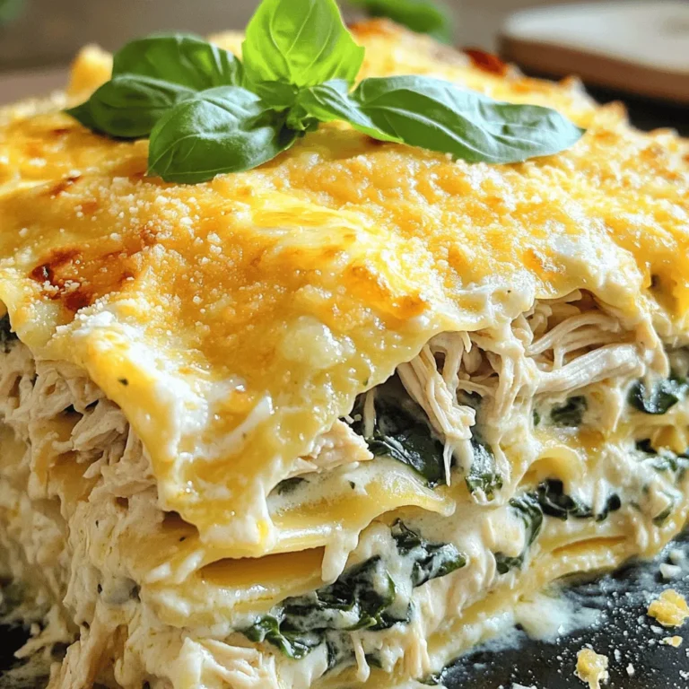 - 9 lasagna noodles - 2 cups cooked chicken, shredded - 2 cups Alfredo sauce (store-bought or homemade) - 2 cups ricotta cheese - 2 cups shredded mozzarella cheese - 1 cup grated Parmesan cheese - 1 cup fresh spinach, chopped - 1 teaspoon garlic powder - 1 teaspoon onion powder - Salt and pepper to taste - Fresh basil leaves for garnish Each ingredient plays a big role in flavor and texture. - Lasagna noodles form the base, holding all the layers together. - Cooked chicken adds protein and heartiness. Use rotisserie chicken for ease. - Alfredo sauce gives creaminess and rich flavor. Store-bought saves time, or you can make your own. - Ricotta cheese provides a creamy filling. It’s soft and mild, blending well with other flavors. - Shredded mozzarella cheese melts beautifully, adding gooey texture. - Grated Parmesan cheese gives a salty, nutty kick on top. - Fresh spinach brings a pop of color and nutrients. - Garlic and onion powder enhance the flavor without overpowering the dish. - Salt and pepper are essential for seasoning, balancing the taste. - Fresh basil adds brightness when you serve the dish. You can change some ingredients to suit your taste. - Swap chicken for turkey or keep it meatless with a veggie mix. - Use cottage cheese instead of ricotta for a lighter option. - Try different cheeses like gouda or cheddar for unique flavors. - If you don't have Alfredo sauce, use a white sauce or a creamy tomato sauce. - For a gluten-free version, look for gluten-free lasagna noodles. These adjustments keep the spirit of the dish while catering to your needs. For the complete recipe, check the Full Recipe. To start, bring a large pot of salted water to a boil. This water helps cook the noodles evenly. Add 9 lasagna noodles to the pot. Cook them according to the package instructions. Aim for an al dente texture, which means they should be slightly firm. Once cooked, drain the noodles. Rinse them briefly under cold water to stop the cooking process and prevent sticking. Set them aside on a clean surface or a plate. Now, grab a spacious mixing bowl. In this bowl, combine 2 cups of shredded cooked chicken, 2 cups of ricotta cheese, and 1 cup of chopped fresh spinach. Add 1 teaspoon each of garlic powder and onion powder for flavor. Don’t forget to sprinkle in some salt and pepper to taste. Mix all these ingredients thoroughly. You want a nice, smooth filling that binds together well. This mixture is the heart of your lasagna. Take a 9x13 inch baking dish and spread a thin layer of Alfredo sauce on the bottom. This helps prevent the noodles from sticking. Lay down 3 noodles side by side over the sauce. Next, spread half of your chicken and ricotta mixture over the noodles. Top this layer with a third of the shredded mozzarella cheese. Repeat this layering: add another 3 noodles, the remaining chicken mixture, and another third of mozzarella cheese. For the final layer, place the last 3 noodles on top. Cover these noodles with the rest of the Alfredo sauce. Finish with the remaining mozzarella and all of the grated Parmesan cheese on top. This will create a beautiful, bubbly crust when baked. Now, cover the dish with aluminum foil and place it in your preheated oven at 375°F (190°C). Bake for 25 minutes. After that, remove the foil and bake for another 15 minutes. Keep an eye on it until the cheese is bubbly and golden brown. This step is key for that perfect, cheesy finish. When you layer your lasagna, start with a thin layer of sauce. This helps the noodles not stick. Use three noodles for each layer. Spread half of your filling evenly over the noodles. Sprinkle some cheese on top. Repeat until you have used all ingredients. Finish with noodles, sauce, and lots of cheese on top. Bake your lasagna at 375°F (190°C). Cover it with foil for the first 25 minutes. This keeps it moist. After that, take off the foil and bake for another 15 minutes. This makes the cheese bubbly and golden. Let it cool for 10 minutes before slicing. This helps the layers hold together. Cut the lasagna into squares for serving. Garnish with fresh basil leaves and extra Parmesan cheese. This makes it look great! Pair it with a green salad or garlic bread for a complete meal. Enjoy your cheesy chicken Alfredo lasagna with family or friends for a comforting dinner. For the full recipe, check the earlier section. {{image_4}} You can easily make a vegetarian version of this dish. Just swap the chicken for a mix of veggies. Try using mushrooms, zucchini, or bell peppers instead. For added flavor, sauté the veggies before mixing them with the ricotta. This change keeps the dish creamy and satisfying. Feel free to add more vegetables or proteins. Spinach is great for color and taste. You can also toss in some chopped broccoli or roasted red peppers. If you want more protein, consider adding cooked lentils or chickpeas. These ingredients boost nutrition and make the dish heartier. You can switch up the sauce or cheese for a twist. Use a white sauce or pesto instead of Alfredo for a different flavor. For cheese, try blending mozzarella with gouda or fontina for a richer taste. Mixing cheeses adds depth and makes each bite unique. For the full recipe, check out [Full Recipe]. After enjoying your cheesy chicken Alfredo lasagna, you may have some leftovers. To store them, let the lasagna cool completely. Then, cover it tightly with plastic wrap or aluminum foil. You can also place it in an airtight container. This helps keep it fresh for up to three days in the fridge. Make sure to keep it away from strong-smelling foods to avoid any unwanted flavors. When it's time to enjoy your leftovers, reheating is simple. Preheat your oven to 350°F (175°C). Place the lasagna in a baking dish. If you want, add a splash of Alfredo sauce on top to keep it moist. Cover it with foil to prevent drying out. Bake for about 20-25 minutes, or until heated through. You can also reheat individual slices in the microwave for about 1-2 minutes on high. Just check and stir halfway through for even heating. If you want to save some for later, freezing is a great option. Cut the lasagna into portions for easy serving. Wrap each piece tightly in plastic wrap, then foil. This double wrapping helps prevent freezer burn. You can freeze it for up to three months. When ready to eat, let it thaw in the fridge overnight. Reheat in the oven or microwave as mentioned above. Enjoy your homemade meal anytime! For the full recipe, refer to the earlier section. Yes, you can use different pasta shapes. You might try wide egg noodles or even gluten-free options. Just make sure they fit well in your dish. Cook them according to the package directions. This way, they will blend smoothly with the other layers. To make Alfredo sauce, start with butter and cream. Melt 1/2 cup of butter in a pan. Then stir in 1 cup of heavy cream. Cook for about 5 minutes on low heat. Add 1 cup of grated Parmesan cheese. Mix well until it melts. Season with salt, pepper, and garlic powder for flavor. Homemade sauce tastes fresh and creamy. You can tell your lasagna is done when the cheese on top is golden brown and bubbly. Insert a knife in the center; it should slide in easily. If the layers are hot and firm, your lasagna is ready to enjoy. Let it cool a bit before serving for the best slices. For the full recipe, check out the details above. This blog post covered key ingredients for an amazing lasagna. You learned about substitutions, step-by-step cooking, and tips for a perfect dish. I shared tasty variations and smart storage ideas. When you try this recipe, you’ll enjoy a delicious meal that fits your taste. Remember, cooking is fun. Experiment with different flavors and enjoy the process!