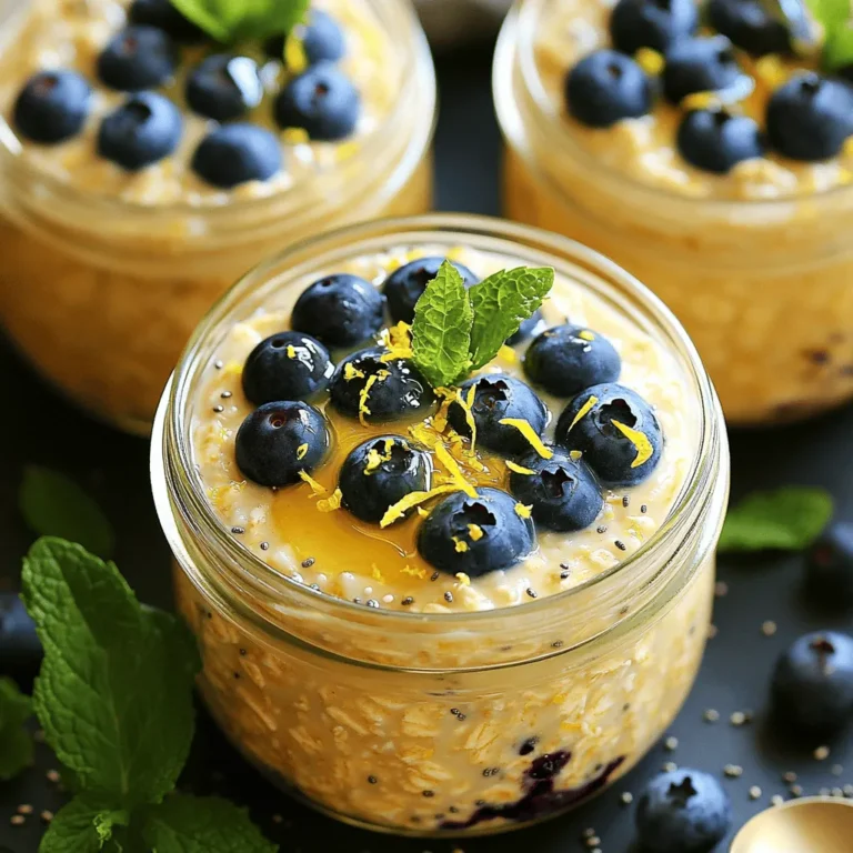 To make these tasty lemon blueberry overnight oats, gather these ingredients: - 1 cup rolled oats - 1 ½ cups almond milk (or any milk of your choice) - 1 cup fresh blueberries - Zest of 1 lemon - 2 tablespoons honey or maple syrup - 1 teaspoon vanilla extract - ¼ teaspoon salt - 2 tablespoons chia seeds - 1 tablespoon freshly squeezed lemon juice - Fresh mint leaves for garnish (optional) This mix gives you a refreshing and filling breakfast. If you want to take your oats to the next level, consider these fun add-ins: - Sliced almonds for crunch - A dash of cinnamon for warmth - Yogurt for creaminess - Flax seeds for extra fiber - Sliced bananas for added sweetness These extras can really boost flavor and nutrition. To make your lemon blueberry overnight oats, you will need: - A large mixing bowl for combining the ingredients - Measuring cups and spoons for accuracy - Airtight containers or jars for storage - A spoon or spatula for mixing Having the right tools makes the process smooth and quick. Start with a large bowl. Add 1 cup of rolled oats. Pour in 1 ½ cups of almond milk. Make sure the oats are fully covered. Next, add the zest of 1 lemon and 2 tablespoons of honey or maple syrup. This gives your oats a nice sweetness. Then, mix in 1 teaspoon of vanilla extract and ¼ teaspoon of salt. Stir in 2 tablespoons of chia seeds and 1 tablespoon of freshly squeezed lemon juice. Mix everything well until combined. Now, gently fold in 1 cup of fresh blueberries. This step spreads the berries evenly. Divide the mixture into jars or airtight containers. This makes it easy to grab in the morning. Place them in the fridge overnight or for at least 4 hours. This helps the oats soak up all the yummy flavors. When you are ready to eat, stir the oats well. If you want them creamier, add a splash of milk. For a final touch, garnish with extra blueberries, lemon zest, and mint leaves. For the best texture, use rolled oats. They absorb liquid well and give a nice chew. If you find your oats too thick, add more milk. On the other hand, if they are too runny, use less milk next time. Chia seeds also help thicken the mixture. Letting your oats sit overnight is key. This gives them time to soften and become creamy. To adjust the sweetness, start with 2 tablespoons of honey or maple syrup. Taste before sealing the jars. If you want it sweeter, add more syrup. You can also use mashed bananas or applesauce instead of syrup. These options add flavor and natural sweetness. Using less syrup is a great idea if you prefer a lighter taste. Just remember, you can always add sweetness but not take it away! For the full recipe, check out Lemon Blueberry Sunrise Oats. To make the best overnight oats, choose quality oats. Rolled oats work well because they soak up the liquid nicely. Use fresh ingredients like blueberries and lemon. This makes your dish vibrant and tasty. Mix your oats with a liquid and let them soak. This helps them soften and absorb flavors overnight. You can also add chia seeds for extra nutrition. They help thicken the mixture and add a nice crunch. To save time on busy mornings, prepare your oats the night before. Just follow the full recipe steps. Place your jars in the fridge, and they will be ready in the morning. This means you can grab and go! If you want, you can make a few jars at once. This way, you have breakfast ready for several days. Just remember to shake or stir them before eating. When serving, think about adding toppings. More blueberries on top make it look fresh and bright. A sprinkle of lemon zest adds a nice touch. You could also add a few mint leaves for color. If you want more crunch, consider adding nuts or seeds. Pair your oats with a smoothie or a piece of fruit for a full meal. {{image_4}} You can switch up flavors for fun. Try adding sliced bananas or diced peaches. If you love nuts, chopped walnuts or almonds work great. You can also mix in spices like cinnamon or nutmeg for warmth. Play with yogurt for a creamier texture. You can use Greek or coconut yogurt for a nice twist. To make this dish gluten-free, use gluten-free oats. Most rolled oats are safe, but always check the label. For a dairy-free version, almond milk is a perfect choice. You can also use oat milk or coconut milk. Both give a nice creaminess without dairy. Change your toppings based on the season. In summer, try adding fresh strawberries or raspberries. In fall, chopped apples or pumpkin spice can add warmth. For winter, consider dried fruits like cranberries or apricots. Nuts like pecans or hazelnuts give a nice crunch year-round. These small changes keep your oats exciting! Store your Lemon Blueberry Overnight Oats in airtight jars or containers. This keeps them fresh and prevents them from absorbing other odors in the fridge. If you're using jars, make sure they have tight-fitting lids. This method makes grabbing breakfast easy, too! These oats last well in the refrigerator for about 3 to 5 days. The flavors will deepen as they sit. However, I recommend eating them within 3 days for the best taste and texture. After that, the blueberries may start to lose their freshness. If you want to keep them longer, you can freeze the oats. Portion the mixture into freezer-safe containers or jars. They will stay good for up to 3 months in the freezer. When you're ready to eat, just thaw them overnight in the fridge. Give them a good stir before enjoying. This way, you always have a tasty breakfast ready to go! For the full recipe, check the detailed steps above. The best milk for overnight oats is almond milk. It adds a light flavor and creaminess. You can also use oat milk, soy milk, or regular cow's milk. Choose a milk that suits your taste and diet. Each type of milk offers a slightly different texture and taste. For a richer flavor, full-fat milk works well too. Yes, you can prepare Lemon Blueberry Overnight Oats the night before. In fact, that is the best way to enjoy them! Just mix all the ingredients and store them in the fridge. They need at least four hours to soak up all those yummy flavors. The longer they sit, the softer the oats become. This makes mornings easier and more fun! To make this recipe vegan, simply use plant-based milk. Almond milk or oat milk works great. Instead of honey, use maple syrup for sweetness. This keeps all the flavors while making it vegan-friendly. You can enjoy this tasty meal without any animal products. Vegan options make it easy for everyone to join in on the fun! For the full recipe, check out the details above. Lemon blueberry overnight oats are easy and fun to make. You learned what to include, like ingredients, equipment, and tips for a tasty dish. Remember to adjust sweetness and try different flavors to make it your own. You can store them well for busy days ahead. These oats can fit many diets, so enjoy trying your favorite combinations. Make this recipe a regular part of your meal prep, and feel great each morning.
