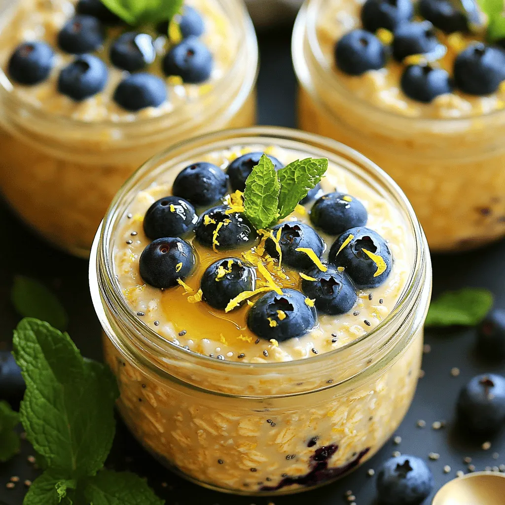 To make these tasty lemon blueberry overnight oats, gather these ingredients: - 1 cup rolled oats - 1 ½ cups almond milk (or any milk of your choice) - 1 cup fresh blueberries - Zest of 1 lemon - 2 tablespoons honey or maple syrup - 1 teaspoon vanilla extract - ¼ teaspoon salt - 2 tablespoons chia seeds - 1 tablespoon freshly squeezed lemon juice - Fresh mint leaves for garnish (optional) This mix gives you a refreshing and filling breakfast. If you want to take your oats to the next level, consider these fun add-ins: - Sliced almonds for crunch - A dash of cinnamon for warmth - Yogurt for creaminess - Flax seeds for extra fiber - Sliced bananas for added sweetness These extras can really boost flavor and nutrition. To make your lemon blueberry overnight oats, you will need: - A large mixing bowl for combining the ingredients - Measuring cups and spoons for accuracy - Airtight containers or jars for storage - A spoon or spatula for mixing Having the right tools makes the process smooth and quick. Start with a large bowl. Add 1 cup of rolled oats. Pour in 1 ½ cups of almond milk. Make sure the oats are fully covered. Next, add the zest of 1 lemon and 2 tablespoons of honey or maple syrup. This gives your oats a nice sweetness. Then, mix in 1 teaspoon of vanilla extract and ¼ teaspoon of salt. Stir in 2 tablespoons of chia seeds and 1 tablespoon of freshly squeezed lemon juice. Mix everything well until combined. Now, gently fold in 1 cup of fresh blueberries. This step spreads the berries evenly. Divide the mixture into jars or airtight containers. This makes it easy to grab in the morning. Place them in the fridge overnight or for at least 4 hours. This helps the oats soak up all the yummy flavors. When you are ready to eat, stir the oats well. If you want them creamier, add a splash of milk. For a final touch, garnish with extra blueberries, lemon zest, and mint leaves. For the best texture, use rolled oats. They absorb liquid well and give a nice chew. If you find your oats too thick, add more milk. On the other hand, if they are too runny, use less milk next time. Chia seeds also help thicken the mixture. Letting your oats sit overnight is key. This gives them time to soften and become creamy. To adjust the sweetness, start with 2 tablespoons of honey or maple syrup. Taste before sealing the jars. If you want it sweeter, add more syrup. You can also use mashed bananas or applesauce instead of syrup. These options add flavor and natural sweetness. Using less syrup is a great idea if you prefer a lighter taste. Just remember, you can always add sweetness but not take it away! For the full recipe, check out Lemon Blueberry Sunrise Oats. To make the best overnight oats, choose quality oats. Rolled oats work well because they soak up the liquid nicely. Use fresh ingredients like blueberries and lemon. This makes your dish vibrant and tasty. Mix your oats with a liquid and let them soak. This helps them soften and absorb flavors overnight. You can also add chia seeds for extra nutrition. They help thicken the mixture and add a nice crunch. To save time on busy mornings, prepare your oats the night before. Just follow the full recipe steps. Place your jars in the fridge, and they will be ready in the morning. This means you can grab and go! If you want, you can make a few jars at once. This way, you have breakfast ready for several days. Just remember to shake or stir them before eating. When serving, think about adding toppings. More blueberries on top make it look fresh and bright. A sprinkle of lemon zest adds a nice touch. You could also add a few mint leaves for color. If you want more crunch, consider adding nuts or seeds. Pair your oats with a smoothie or a piece of fruit for a full meal. {{image_4}} You can switch up flavors for fun. Try adding sliced bananas or diced peaches. If you love nuts, chopped walnuts or almonds work great. You can also mix in spices like cinnamon or nutmeg for warmth. Play with yogurt for a creamier texture. You can use Greek or coconut yogurt for a nice twist. To make this dish gluten-free, use gluten-free oats. Most rolled oats are safe, but always check the label. For a dairy-free version, almond milk is a perfect choice. You can also use oat milk or coconut milk. Both give a nice creaminess without dairy. Change your toppings based on the season. In summer, try adding fresh strawberries or raspberries. In fall, chopped apples or pumpkin spice can add warmth. For winter, consider dried fruits like cranberries or apricots. Nuts like pecans or hazelnuts give a nice crunch year-round. These small changes keep your oats exciting! Store your Lemon Blueberry Overnight Oats in airtight jars or containers. This keeps them fresh and prevents them from absorbing other odors in the fridge. If you're using jars, make sure they have tight-fitting lids. This method makes grabbing breakfast easy, too! These oats last well in the refrigerator for about 3 to 5 days. The flavors will deepen as they sit. However, I recommend eating them within 3 days for the best taste and texture. After that, the blueberries may start to lose their freshness. If you want to keep them longer, you can freeze the oats. Portion the mixture into freezer-safe containers or jars. They will stay good for up to 3 months in the freezer. When you're ready to eat, just thaw them overnight in the fridge. Give them a good stir before enjoying. This way, you always have a tasty breakfast ready to go! For the full recipe, check the detailed steps above. The best milk for overnight oats is almond milk. It adds a light flavor and creaminess. You can also use oat milk, soy milk, or regular cow's milk. Choose a milk that suits your taste and diet. Each type of milk offers a slightly different texture and taste. For a richer flavor, full-fat milk works well too. Yes, you can prepare Lemon Blueberry Overnight Oats the night before. In fact, that is the best way to enjoy them! Just mix all the ingredients and store them in the fridge. They need at least four hours to soak up all those yummy flavors. The longer they sit, the softer the oats become. This makes mornings easier and more fun! To make this recipe vegan, simply use plant-based milk. Almond milk or oat milk works great. Instead of honey, use maple syrup for sweetness. This keeps all the flavors while making it vegan-friendly. You can enjoy this tasty meal without any animal products. Vegan options make it easy for everyone to join in on the fun! For the full recipe, check out the details above. Lemon blueberry overnight oats are easy and fun to make. You learned what to include, like ingredients, equipment, and tips for a tasty dish. Remember to adjust sweetness and try different flavors to make it your own. You can store them well for busy days ahead. These oats can fit many diets, so enjoy trying your favorite combinations. Make this recipe a regular part of your meal prep, and feel great each morning.