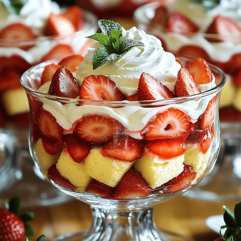 - Fresh strawberries - Vanilla sponge cake - Heavy whipping cream - Granulated sugar - Powdered sugar - Lemon juice - Fresh mint leaves - Alternative decoration options The main ingredients in this trifle are fresh strawberries, vanilla sponge cake, and heavy whipping cream. You will want ripe strawberries for the best taste. They add a sweet and juicy flavor. The vanilla sponge cake gives the trifle its light and fluffy base. You can use store-bought or homemade cake—whichever you prefer! For the cream, we use heavy whipping cream. It whips up nicely to form soft peaks. This cream adds richness and makes the trifle feel special. Next, we have some additional ingredients. Granulated sugar helps sweeten the strawberries. It helps bring out their natural juice. Powdered sugar sweetens the whipped cream while keeping it smooth. Lemon juice adds a nice touch of tartness and brightens the flavors. For garnishes, fresh mint leaves add a pop of color and freshness. You can also use extra strawberry slices for decoration. If you want to get creative, consider adding chocolate shavings or crushed cookies on top. These small touches can enhance the trifle's look and taste. For the full recipe, check out the details above! To start, we need to macerate the strawberries. This means we will make them sweeter and juicier. - Ingredients: - 4 cups fresh strawberries, hulled and sliced - 1/4 cup granulated sugar - 1 tablespoon lemon juice In a medium bowl, combine the sliced strawberries, sugar, and lemon juice. Toss them gently to coat. This step helps the strawberries release their juices. Let this sit for 15 to 20 minutes. You will see them get juicy and sweet. Next, let's prepare the whipped cream. This will add a light and fluffy layer to our trifle. - Ingredients: - 2 cups heavy whipping cream - 1/4 cup powdered sugar - 1 teaspoon vanilla extract In a large bowl, mix the heavy whipping cream, powdered sugar, and vanilla extract. Using an electric mixer, beat this mixture on medium-high speed. Keep mixing until soft peaks form, which takes about 3 to 5 minutes. Be careful not to over-whip. We want it to stay light and fluffy. Now comes the fun part: assembling the trifle! This is where our layers come together. 1. Start by placing a layer of sponge cake cubes at the bottom of your trifle bowl. Spread them evenly. 2. Next, add a generous layer of macerated strawberries on top of the sponge cake. Make sure to include those sweet juices. 3. Follow with a layer of the freshly whipped cream. Repeat the layering process with sponge cake, strawberries, and whipped cream until you reach the desired height. Usually, two to three layers work well. For the top layer, add a smooth layer of whipped cream. Decorate with fresh strawberry slices and a sprig of mint. Cover with plastic wrap and chill in the fridge for at least 2 hours. This chilling time makes the flavors blend well. And there you have it! Your Strawberry Shortcake Trifle is ready to impress. For the complete recipe, check out the Full Recipe. To make your trifle shine, pay close attention to the whipped cream. Avoid over-whipping it. Ideal whipped cream is light and fluffy. If you whip it too long, it can become grainy. Watch it closely as you mix. Next, ensure your sponge cake absorbs flavors. Let the cake soak up the strawberry juice. This step is key for a moist and tasty dessert. Layer each ingredient gently, so the flavors meld well together. Choose clear glass bowls or cups for serving. This choice highlights the beautiful layers. You can see the juicy strawberries and fluffy cream through the glass. It adds a nice touch to your table. For garnish, use fresh mint leaves. A sprig on top creates a pop of color. You can also add extra strawberry slices to the top. This makes your trifle look even more appealing. Chill your trifle for at least 2 hours. This time allows the flavors to mix well. The cake absorbs the strawberry juices, enriching the taste. When ready to serve, take it out of the fridge. Use a large spoon to scoop out servings. This method keeps the layers intact and makes each bite delightful. {{image_4}} You can mix things up with different fruits. Other berries like blueberries or raspberries work great. Their tartness adds a nice twist. You can also add complementary fruits like bananas. Bananas bring a creamy texture that pairs well with the other layers. Do you want to try something new with the cake? You can use flavored cakes. Chocolate or lemon cakes add a fun taste. If you need gluten-free options, there are many gluten-free cakes available. You can use sponge cake made from almond flour or coconut flour. These options keep the dessert light and fluffy. Not a fan of whipped cream? You can substitute it with yogurt. Greek yogurt gives a nice tang and is a bit healthier. If you're looking for dairy-free options, try coconut cream. It’s rich and creamy, making it a great choice for this trifle. Feel free to explore these variations to make the Strawberry Shortcake Trifle your own. For a full recipe, check out the [Full Recipe]. After making your strawberry shortcake trifle, store it in the fridge. Cover it with plastic wrap or a lid. This keeps it fresh and prevents it from absorbing other smells. It stays fresh for up to three days. The flavors will meld and deepen over time, making it even tastier. You can freeze your trifle for later enjoyment. However, it’s best to freeze layers separately. Wrap the sponge cake and strawberries tightly in plastic wrap. Place the whipped cream in an airtight container. This helps keep the taste and texture. When ready to serve, move the layers to the fridge to thaw overnight. Once thawed, layer them again for a fresh look. You can get creative with leftover trifle. Try blending the leftover cake and cream into a milkshake. You can also make parfaits with yogurt and fruit. If you have sponge cake left, warm it in the oven. This brings back some of its soft texture, making it perfect for new desserts. Use these ideas to enjoy your trifle in new and fun ways! The trifle needs to chill for at least 2 hours. This allows the flavors to mix well. Chilling also helps the sponge cake soak up the strawberry juices. For the best taste, I recommend leaving it in the fridge longer if you can. The longer it chills, the better it gets. Yes, you can make this dessert a day in advance. Just assemble the trifle and chill it. This way, you save time on the day of serving. If you prepare it early, the flavors will deepen and blend even more. Just make sure to cover it well to keep it fresh. If you want a lighter version, you can use whipped topping. You can also try Greek yogurt for a creamy texture. Another option is coconut cream for a dairy-free choice. These substitutes may change the flavor, but they can work well in a pinch. This dessert recipe shines through simple, fresh ingredients and easy steps. We explored how to prepare fresh strawberries, make light whipped cream, and assemble a delicious trifle. With tips on texture, presentation, and storage, you can create impressive layers in no time. Remember, variations are endless—try different fruits or cakes. Enjoy your trifle today and impress your friends with your skills. Happy layering!