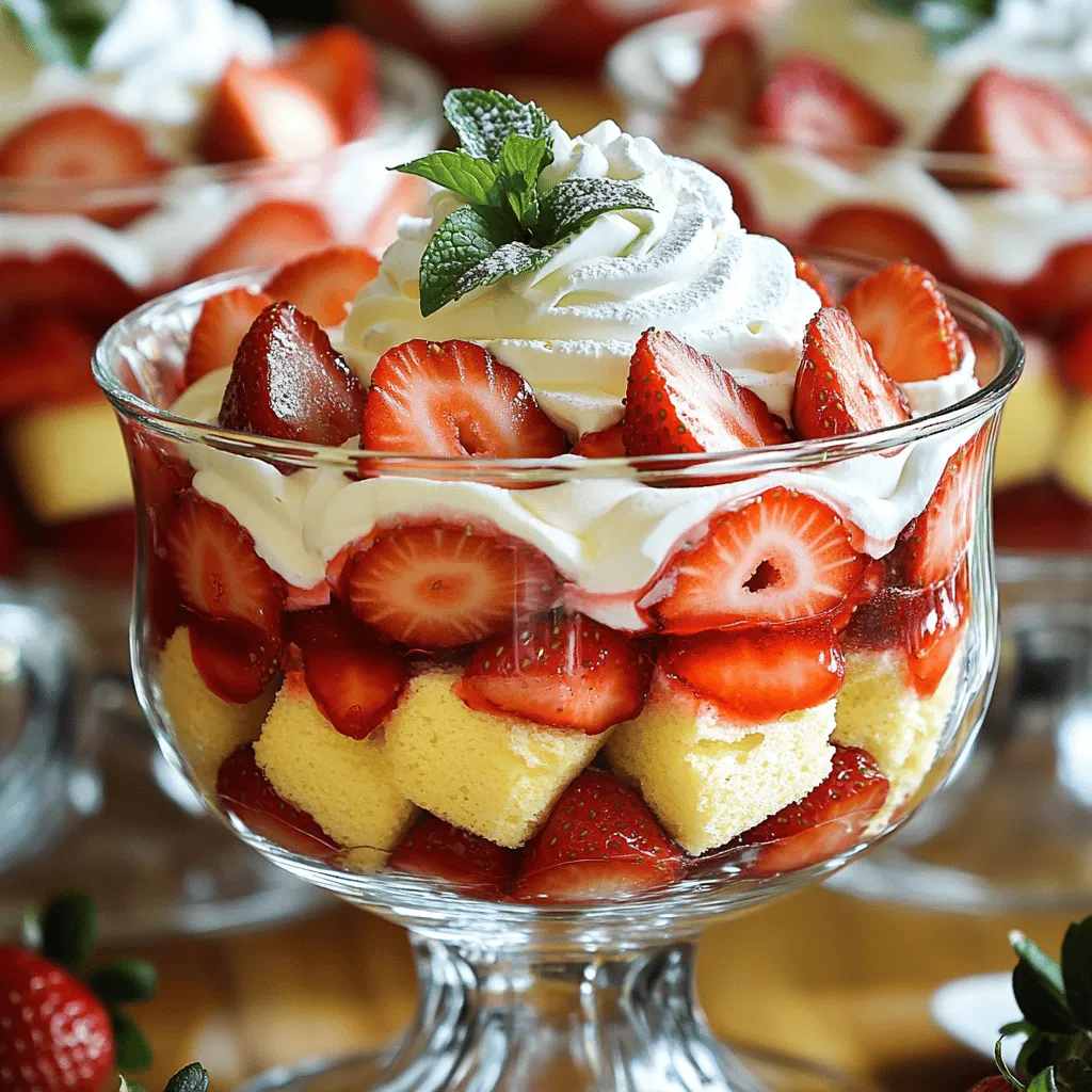 - Fresh strawberries - Vanilla sponge cake - Heavy whipping cream - Granulated sugar - Powdered sugar - Lemon juice - Fresh mint leaves - Alternative decoration options The main ingredients in this trifle are fresh strawberries, vanilla sponge cake, and heavy whipping cream. You will want ripe strawberries for the best taste. They add a sweet and juicy flavor. The vanilla sponge cake gives the trifle its light and fluffy base. You can use store-bought or homemade cake—whichever you prefer! For the cream, we use heavy whipping cream. It whips up nicely to form soft peaks. This cream adds richness and makes the trifle feel special. Next, we have some additional ingredients. Granulated sugar helps sweeten the strawberries. It helps bring out their natural juice. Powdered sugar sweetens the whipped cream while keeping it smooth. Lemon juice adds a nice touch of tartness and brightens the flavors. For garnishes, fresh mint leaves add a pop of color and freshness. You can also use extra strawberry slices for decoration. If you want to get creative, consider adding chocolate shavings or crushed cookies on top. These small touches can enhance the trifle's look and taste. For the full recipe, check out the details above! To start, we need to macerate the strawberries. This means we will make them sweeter and juicier. - Ingredients: - 4 cups fresh strawberries, hulled and sliced - 1/4 cup granulated sugar - 1 tablespoon lemon juice In a medium bowl, combine the sliced strawberries, sugar, and lemon juice. Toss them gently to coat. This step helps the strawberries release their juices. Let this sit for 15 to 20 minutes. You will see them get juicy and sweet. Next, let's prepare the whipped cream. This will add a light and fluffy layer to our trifle. - Ingredients: - 2 cups heavy whipping cream - 1/4 cup powdered sugar - 1 teaspoon vanilla extract In a large bowl, mix the heavy whipping cream, powdered sugar, and vanilla extract. Using an electric mixer, beat this mixture on medium-high speed. Keep mixing until soft peaks form, which takes about 3 to 5 minutes. Be careful not to over-whip. We want it to stay light and fluffy. Now comes the fun part: assembling the trifle! This is where our layers come together. 1. Start by placing a layer of sponge cake cubes at the bottom of your trifle bowl. Spread them evenly. 2. Next, add a generous layer of macerated strawberries on top of the sponge cake. Make sure to include those sweet juices. 3. Follow with a layer of the freshly whipped cream. Repeat the layering process with sponge cake, strawberries, and whipped cream until you reach the desired height. Usually, two to three layers work well. For the top layer, add a smooth layer of whipped cream. Decorate with fresh strawberry slices and a sprig of mint. Cover with plastic wrap and chill in the fridge for at least 2 hours. This chilling time makes the flavors blend well. And there you have it! Your Strawberry Shortcake Trifle is ready to impress. For the complete recipe, check out the Full Recipe. To make your trifle shine, pay close attention to the whipped cream. Avoid over-whipping it. Ideal whipped cream is light and fluffy. If you whip it too long, it can become grainy. Watch it closely as you mix. Next, ensure your sponge cake absorbs flavors. Let the cake soak up the strawberry juice. This step is key for a moist and tasty dessert. Layer each ingredient gently, so the flavors meld well together. Choose clear glass bowls or cups for serving. This choice highlights the beautiful layers. You can see the juicy strawberries and fluffy cream through the glass. It adds a nice touch to your table. For garnish, use fresh mint leaves. A sprig on top creates a pop of color. You can also add extra strawberry slices to the top. This makes your trifle look even more appealing. Chill your trifle for at least 2 hours. This time allows the flavors to mix well. The cake absorbs the strawberry juices, enriching the taste. When ready to serve, take it out of the fridge. Use a large spoon to scoop out servings. This method keeps the layers intact and makes each bite delightful. {{image_4}} You can mix things up with different fruits. Other berries like blueberries or raspberries work great. Their tartness adds a nice twist. You can also add complementary fruits like bananas. Bananas bring a creamy texture that pairs well with the other layers. Do you want to try something new with the cake? You can use flavored cakes. Chocolate or lemon cakes add a fun taste. If you need gluten-free options, there are many gluten-free cakes available. You can use sponge cake made from almond flour or coconut flour. These options keep the dessert light and fluffy. Not a fan of whipped cream? You can substitute it with yogurt. Greek yogurt gives a nice tang and is a bit healthier. If you're looking for dairy-free options, try coconut cream. It’s rich and creamy, making it a great choice for this trifle. Feel free to explore these variations to make the Strawberry Shortcake Trifle your own. For a full recipe, check out the [Full Recipe]. After making your strawberry shortcake trifle, store it in the fridge. Cover it with plastic wrap or a lid. This keeps it fresh and prevents it from absorbing other smells. It stays fresh for up to three days. The flavors will meld and deepen over time, making it even tastier. You can freeze your trifle for later enjoyment. However, it’s best to freeze layers separately. Wrap the sponge cake and strawberries tightly in plastic wrap. Place the whipped cream in an airtight container. This helps keep the taste and texture. When ready to serve, move the layers to the fridge to thaw overnight. Once thawed, layer them again for a fresh look. You can get creative with leftover trifle. Try blending the leftover cake and cream into a milkshake. You can also make parfaits with yogurt and fruit. If you have sponge cake left, warm it in the oven. This brings back some of its soft texture, making it perfect for new desserts. Use these ideas to enjoy your trifle in new and fun ways! The trifle needs to chill for at least 2 hours. This allows the flavors to mix well. Chilling also helps the sponge cake soak up the strawberry juices. For the best taste, I recommend leaving it in the fridge longer if you can. The longer it chills, the better it gets. Yes, you can make this dessert a day in advance. Just assemble the trifle and chill it. This way, you save time on the day of serving. If you prepare it early, the flavors will deepen and blend even more. Just make sure to cover it well to keep it fresh. If you want a lighter version, you can use whipped topping. You can also try Greek yogurt for a creamy texture. Another option is coconut cream for a dairy-free choice. These substitutes may change the flavor, but they can work well in a pinch. This dessert recipe shines through simple, fresh ingredients and easy steps. We explored how to prepare fresh strawberries, make light whipped cream, and assemble a delicious trifle. With tips on texture, presentation, and storage, you can create impressive layers in no time. Remember, variations are endless—try different fruits or cakes. Enjoy your trifle today and impress your friends with your skills. Happy layering!