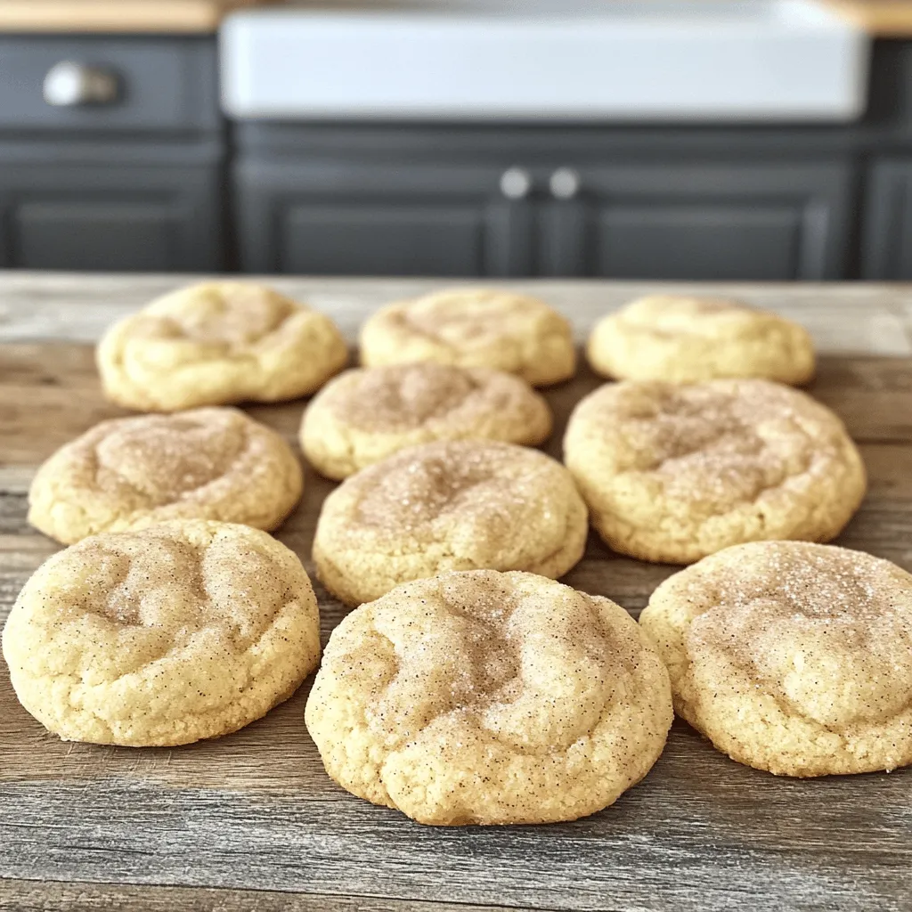 To make classic Snickerdoodle cookies, you need a few simple ingredients that come together to create a delightful treat. Here’s what you’ll need: - 1 cup unsalted butter, softened - 1 ½ cups granulated sugar - 2 large eggs - 1 teaspoon pure vanilla extract - 2 ¾ cups all-purpose flour - 2 teaspoons cream of tartar - 1 teaspoon baking soda - ½ teaspoon salt - 3 tablespoons granulated sugar (for the cinnamon-sugar coating) - 1 tablespoon ground cinnamon (for the cinnamon-sugar coating) When it comes to ingredient substitutions, here are some tips: - If you don’t have cream of tartar, you can use lemon juice or white vinegar instead. Use 1 teaspoon of either for this recipe. - You can swap the all-purpose flour with a gluten-free blend if needed. - For a dairy-free option, replace the butter with a vegan butter substitute. These ingredients create a soft, chewy cookie with a sweet cinnamon flavor. They are easy to find and perfect for baking days. You can find the Full Recipe in the full article for step-by-step instructions on making these delicious cookies! 1. Preheat your oven to 350°F (175°C). Line two baking sheets with parchment paper. This helps the cookies not stick. 2. In a large bowl, cream 1 cup of softened butter. Use an electric mixer on medium speed for 2 to 3 minutes. The butter should look light and fluffy. 3. Gradually add 1 ½ cups of granulated sugar. Keep mixing until it’s well combined. 4. Add 2 large eggs, one at a time. Mix well after each egg. Add 1 teaspoon of vanilla extract and stir until mixed. 1. In another bowl, whisk together 2 ¾ cups of all-purpose flour, 2 teaspoons of cream of tartar, 1 teaspoon of baking soda, and ½ teaspoon of salt. This helps the cookies rise evenly. 2. Slowly add the dry mix to the wet mixture. Use a spatula or wooden spoon. Mix until the dough just comes together. Don’t overmix; this keeps cookies tender. 1. In a small bowl, mix 3 tablespoons of sugar with 1 tablespoon of ground cinnamon for the coating. 2. Scoop the dough into balls, about 1 inch wide. Roll each ball in the cinnamon-sugar mix until fully coated. 3. Place the dough balls on the baking sheets. Leave about 2 inches between them to allow spreading. 4. Bake for 10-12 minutes. The edges should set and the tops should crack slightly. The centers may look soft but will firm up as they cool. 5. Let the cookies cool on the baking sheets for 5 minutes. Then, move them to a wire rack to cool completely before you enjoy them. To get the best texture for snickerdoodle cookies, use room temperature ingredients. This helps the butter mix well with sugar. When you cream them, they become light and fluffy. Avoid overmixing the dough. Mix just until you see no dry flour. Overmixing can make your cookies tough. To enhance flavor, add a bit more vanilla. You can also try other spices like nutmeg or ginger. These spices will give your cookies a unique twist. Don’t be afraid to experiment! You can add mix-ins too. Chocolate chips or butterscotch chips make a fun addition. Just fold them in gently at the end. When serving, arrange your cookies on a nice plate. A decorative platter makes them look special. Dust a little cinnamon on top for flair. You can also serve them with a glass of milk. It’s a classic pairing that everyone loves. For a fun twist, try stacking them high for a cookie tower! {{image_4}} You can easily add a twist to your classic snickerdoodles. Try mixing in chopped nuts like pecans or walnuts. The nuts add a nice crunch and enhance the flavor. Just about ½ cup will do. Fold them into the dough right after you mix in the flour. This small change makes your cookies even more special. If you love chocolate, you can incorporate it into snickerdoodles. Add chocolate chips or cocoa powder to the dough. About ½ cup of chocolate chips works great. For a richer taste, use ¼ cup of cocoa powder. Just mix these in when you combine the dry ingredients. The chocolate adds a delightful surprise with each bite. For those with dietary needs, snickerdoodles can be made gluten-free. Substitute regular flour with gluten-free all-purpose flour. You can also use sugar substitutes, like coconut sugar or monk fruit sweetener. These options keep the cookies tasty while meeting your dietary goals. Just follow the same measurements as the original recipe. To keep your snickerdoodle cookies fresh, use an airtight container. A glass jar or plastic bin works well. This helps keep moisture out and flavor in. Your cookies will stay soft and tasty when stored this way. They last about one week at room temperature. If you want to enjoy them longer, try freezing. Freezing snickerdoodle cookies is simple. First, let them cool completely after baking. Then, place them in a single layer on a baking sheet. Put the sheet in the freezer for a few hours. This will freeze the cookies individually. Once frozen, transfer them to a freezer-safe bag. Remove as much air as possible. They can last up to three months in the freezer. When you want to eat a cookie, take it out. Let it thaw at room temperature for about 30 minutes. You can also warm it in the oven for a few minutes. Enjoy your fresh-tasting cookie! If you want the full recipe, check out the detailed guide. Snickerdoodle cookies stand out because of cream of tartar. This ingredient gives the cookies their soft texture and slight tang. Cream of tartar also helps the cookies rise well. It reacts with baking soda, making the cookies fluffy. This is what makes Snickerdoodles different from other cookies. Yes, you can make Snickerdoodles ahead of time. You can prepare the dough and chill it in the fridge. Chilling the dough helps the cookies hold their shape. This is a great trick if you want fresh cookies later. Baked cookies can also be made in advance. Just store them in an airtight container. You can tell when Snickerdoodles are done by looking at them. The edges should look set, and the tops might crack a little. The centers can look soft, but they will firm up as they cool. If the cookies are golden brown and fragrant, they are likely done. Snickerdoodle cookies do not need to be refrigerated. Store them in a cool, dry place. Use an airtight container to keep them fresh. If you live in a humid area, refrigeration might help. Just let them sit out to come back to room temperature before eating. For the complete recipe, check out the Full Recipe link on the blog. You now know how to make delicious Snickerdoodle cookies. We covered the key ingredients and steps, like creaming the butter and sugar. You learned tips to achieve the perfect texture and flavor. Plus, we explored fun variations like nutty and chocolate options. Storing and freezing your cookies is simple too. Enjoy baking these treats, and share them with friends. With practice, you’ll make the best Snickerdoodles ever.
