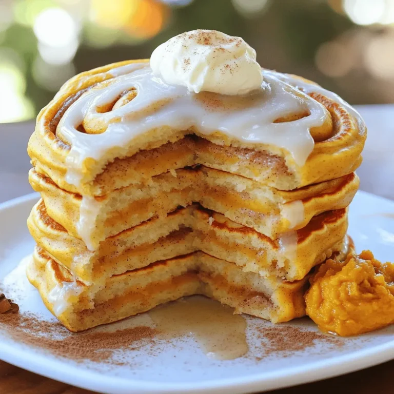- 1 cup all-purpose flour - 1 tablespoon baking powder - 1 teaspoon pumpkin spice mix - 1/2 teaspoon salt - 1 cup milk or alternative - 1/2 cup pumpkin puree - 1 large egg - 2 tablespoons granulated sugar - 1 tablespoon vanilla extract - 1/4 cup unsalted butter, melted The main ingredients for the pancakes include all-purpose flour, baking powder, and pumpkin spice mix. The pumpkin spice mix adds that warm, cozy flavor that pairs so well with fall. You also need milk, pumpkin puree, and an egg. The butter adds richness and keeps the pancakes moist. Do not forget the sugar and vanilla extract for sweetness and flavor. - 1/4 cup brown sugar - 2 tablespoons ground cinnamon - 2 tablespoons unsalted butter For the cinnamon filling, brown sugar is key. It gives a nice caramel flavor. Ground cinnamon adds warmth and sweetness. The butter helps blend everything and makes it spreadable. Mix these well for a swirl that brings your pancakes to life. - 4 oz cream cheese - 1/2 cup powdered sugar - 2 tablespoons milk - 1/2 teaspoon vanilla extract The glaze is what makes these pancakes special. Cream cheese gives it a rich texture. You mix it with powdered sugar for sweetness. Milk helps thin it down to a drizzle. The vanilla extract adds extra flavor. This glaze will take your pancakes from good to amazing! For the complete recipe, check the Full Recipe section. First, grab a large mixing bowl. In this bowl, whisk together the following dry ingredients: - 1 cup all-purpose flour - 1 tablespoon baking powder - 1 teaspoon pumpkin spice mix - 1/2 teaspoon salt Make sure these dry ingredients mix well. This step is key for fluffy pancakes. Next, in a separate bowl, combine the wet ingredients: - 1 cup milk (or your preferred milk alternative) - 1/2 cup pumpkin puree - 1 large egg - 2 tablespoons granulated sugar - 1 tablespoon vanilla extract Use a whisk to blend until smooth and creamy. Slowly pour the wet mix into the dry mix. Stir gently with a spoon or spatula. Avoid overmixing; it's fine if some lumps remain. Now, let’s create the cinnamon filling. In a small bowl, mix together: - 1/4 cup brown sugar, packed - 2 tablespoons ground cinnamon - 2 tablespoons unsalted butter, softened Stir until you have a smooth paste. This filling should be easy to spread. Time to cook! Preheat a non-stick skillet or griddle over medium heat. Lightly grease it with butter or oil. For each pancake, pour about 1/4 cup of batter onto the skillet. Using a spoon or squeeze bottle, swirl about 1 teaspoon of the cinnamon filling on top. Cook the pancake until bubbles form on the surface and edges look set, about 2-3 minutes. Then, carefully flip it using a spatula. Cook for another 2 minutes, until both sides are golden brown. Continue this process with the remaining batter and filling. Adjust the heat if needed. You want even cooking without burning. While the pancakes cook, prepare the cream cheese glaze: Beat together softened cream cheese, powdered sugar, milk, and vanilla in a bowl until creamy. If it’s too thick, just add a bit more milk. To serve, stack the pancakes high on a plate. Drizzle with the cream cheese glaze. Add a sprinkle of cinnamon or chopped pecans for a tasty finish. You can also add a dollop of pumpkin puree on the side for extra flair. Enjoy these delightful pumpkin spice cinnamon roll pancakes! For a complete guide, check out the Full Recipe. To make your pancakes fluffy, avoid overmixing the batter. Mix until the ingredients are just combined. A few lumps are fine; they help keep the pancakes light. Next, adjust the heat on your skillet. Too high will burn the pancakes, while too low will leave them raw inside. Aim for medium heat. This ensures an even cook and golden-brown finish. Presentation matters! Stack your pancakes high for a stunning look. Drizzle the cream cheese glaze over the top to create a delicious waterfall effect. Add a sprinkle of cinnamon or a handful of chopped pecans for a crunchy contrast. For extra flair, serve a dollop of pumpkin puree on the side. This adds color and ties back to the pumpkin flavor. Want to customize your pancakes? You can add chocolate chips or walnuts to the batter. These add-ins create tasty surprises in every bite. For the glaze, mix in some maple syrup or a hint of nutmeg for an extra kick. Adjust the sweetness by adding more powdered sugar or a splash of cream. This makes the glaze richer and more enjoyable. {{image_4}} For a gluten-free version of pumpkin spice cinnamon roll pancakes, you can use gluten-free flour. Options like almond flour or a gluten-free all-purpose blend work well. Make sure to check that the blend contains xanthan gum for better binding. Adjust the batter consistency by adding a bit more liquid if needed. Gluten-free flour can absorb more moisture, so keep an eye on the thickness. You want it to be pourable but not runny. To make these pancakes vegan, replace the egg with a flaxseed egg. Mix one tablespoon of ground flaxseed with two and a half tablespoons of water. Let it sit for five minutes until it thickens. Use almond milk or another plant-based milk for dairy. You can also use coconut cream instead of cream cheese for the glaze. Just make sure to keep the flavors rich and tasty. You can spice things up with different spices. Try adding nutmeg or ginger for a unique twist. These spices add warmth and depth to the flavor. Fruits like chopped apples or pears can be added to the batter. Nuts, such as pecans or walnuts, offer a delightful crunch. Both options enhance the texture and flavor while keeping it festive. To keep your leftover pancakes fresh, place them in an airtight container. Layer them with parchment paper to prevent sticking. Store them in the fridge for up to three days. For longer storage, freeze the pancakes. Wrap each pancake tightly in plastic wrap, then place them in a freezer bag. They can last up to two months in the freezer. When it’s time to enjoy your pancakes, reheating them right is key. For the microwave, place a pancake on a microwave-safe plate. Heat for about 20 to 30 seconds, checking to avoid drying out. If you prefer the oven, preheat it to 350°F (175°C). Place the pancakes on a baking sheet and cover with foil. Heat for about 10 minutes for a soft, warm treat. To store your cream cheese glaze, transfer it to a clean, airtight container. Seal it well to keep out air. You can keep it in the fridge for up to one week. If you need to store it longer, freeze it in a freezer-safe container. Just remember to thaw it in the fridge before using it again. Yes, you can prepare these pancakes in advance. Make the batter and store it in the fridge for up to 24 hours. This keeps the pancakes fresh and tasty. Cook them when you are ready to eat. If you want to make them even earlier, you can cook and freeze the pancakes. Just place them in a single layer with parchment paper between them. This way, they won't stick together. When you are ready, reheat them in the microwave or toaster for a quick breakfast. If you don’t have pumpkin puree, you can use sweet potato puree or butternut squash puree. Both of these will give a similar texture and flavor. Applesauce is another option but will make the pancakes sweeter and softer. You can also use mashed bananas, but this will change the taste a bit. Each substitute will give your pancakes a unique twist while still tasting great. These pancakes can last in the fridge for about three days. Store them in an airtight container to keep them fresh. If you want to keep them longer, you can freeze them. Just remember to separate them with parchment paper. When you are ready to eat, you can reheat them in the microwave or toaster. They will still taste delicious! Yes, you can make these pancakes without cinnamon. If you skip the cinnamon, consider adding a bit more pumpkin spice mix for extra flavor. You can also try adding vanilla extract or a dash of nutmeg for a different taste. Experimenting with flavors can lead to a fun, new pancake recipe! Pancakes are simple but fun to make. We covered main ingredients like flour, baking powder, and milk. Then we mixed up a tasty cinnamon filling and a smooth cream cheese glaze. Remember to avoid overmixing the batter for the best texture. You can customize flavors too. Use gluten-free or vegan options based on your needs. Now, you are ready to make delicious pancakes that impress! Enjoy every bite and share them with friends and family.