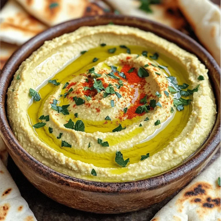 To make the best roasted garlic hummus, gather these key ingredients: - 1 can (15 oz) chickpeas, thoroughly drained and rinsed - 1/4 cup creamy tahini - 1/4 cup high-quality olive oil, plus extra for drizzling - 4 cloves of roasted garlic - 2 tablespoons freshly squeezed lemon juice - 1/2 teaspoon ground cumin - Sea salt, to taste - Water, as needed for desired consistency - Sweet paprika and finely chopped fresh parsley for garnish These ingredients create a rich and creamy dip that bursts with flavor. The roasted garlic adds a sweet, mellow taste that enhances the overall profile of the hummus. You can customize your hummus with these optional ingredients: - Spices like smoked paprika or cayenne for heat - Fresh herbs such as basil or cilantro for added freshness - A splash of balsamic vinegar for depth - Roasted red peppers for a sweet and smoky twist These additions can help you explore new flavors and keep your hummus exciting. Here’s a quick look at the health benefits of the main ingredients: - Chickpeas: High in protein and fiber, they help keep you full. - Tahini: Made from sesame seeds, it provides healthy fats and calcium. - Olive oil: A heart-healthy fat that can lower bad cholesterol levels. - Garlic: Known for its immune-boosting properties and flavor. - Lemon juice: Adds vitamin C and brightens the flavor. This hummus is not just tasty; it’s also packed with nutrients. You can enjoy it guilt-free as a snack or appetizer. For the complete recipe, check out the full recipe section. To roast garlic, first, preheat your oven to 400°F (200°C). Take your garlic cloves and wrap them in aluminum foil. Drizzle a little olive oil over the cloves before sealing the packet. Place the foil packet in the oven and roast for about 30-35 minutes. The garlic should turn soft and golden brown. After roasting, let it cool for a few minutes before you touch it. This step brings out the sweet, rich flavor of the garlic. In a food processor, add the following ingredients: - 1 can (15 oz) chickpeas, thoroughly drained and rinsed - 1/4 cup creamy tahini - 1/4 cup high-quality olive oil, plus extra for drizzling - 4 cloves of roasted garlic - 2 tablespoons freshly squeezed lemon juice - 1/2 teaspoon ground cumin - Sea salt, to taste Blend these ingredients until they become silky smooth. You may need to stop and scrape down the sides to ensure even mixing. This step creates a rich and creamy base for your hummus. If your hummus is too thick, add water a little at a time. Start with one tablespoon and blend again until you reach your preferred creamy texture. Taste your hummus and adjust the seasoning. You might want more sea salt, lemon juice, or roasted garlic to suit your taste. For the full recipe, refer to the provided instructions. Enjoy making this delicious dip! To make your hummus extra creamy, use dry chickpeas. Soak them overnight and cook until soft. This gives a smoother texture. If you use canned chickpeas, rinse them well. It helps remove some of the canning liquid, which can make hummus taste tinny. Always blend your mixture well. Stop and scrape the sides of the bowl as needed. This step ensures every bit gets mixed in. Roasting garlic is easy and adds great flavor. Start by preheating your oven to 400°F (200°C). Wrap the garlic cloves in aluminum foil. Drizzle a little olive oil on top. Seal the foil tightly and bake for about 30-35 minutes. The cloves should be soft and golden brown. Let them cool before you handle them. You can use the roasted garlic in your hummus or on bread for a tasty treat. Roasted garlic hummus is very versatile. You can serve it with fresh veggie sticks like carrots, cucumbers, and bell peppers. Pita bread, toasted or soft, makes a great dipper too. For a fun twist, try pairing it with warm pita chips. Add a sprinkle of sweet paprika and fresh parsley on top for color. This makes your dish look beautiful and tasty. Don't forget to check out the Full Recipe for more details! {{image_4}} You can boost the taste of your roasted garlic hummus with spices and herbs. Try adding paprika for a smoky kick or chili powder for heat. Fresh herbs like cilantro or basil can add a bright touch. A pinch of za'atar brings an earthy flavor, while a dash of black pepper enhances the taste. Mix and match to find your favorite combination! Though chickpeas are classic, other beans and peas work well too. White beans like cannellini add creaminess and a mild taste. Black beans give a rich color and unique flavor. You can even use peas for a sweet twist. Each option brings its own character, so experiment to discover what you love! Roasted garlic hummus shines as a dip, but it can do much more. Spread it on sandwiches or wraps for a flavorful layer. Use it as a base for veggie pizzas or flatbreads. Pair it with crackers or pita chips for a fun snack. You can even dollop it on salads for added creaminess. The options are endless! For the full recipe, check out the detailed steps to make your own roasted garlic hummus. To keep your roasted garlic hummus fresh, place it in an airtight container. Make sure to press a piece of plastic wrap against the hummus before sealing. This helps to keep the air out and maintain its creamy texture. Store it in the fridge for up to one week. Always use a clean spoon when scooping out hummus. This avoids introducing bacteria that can spoil your dip. You can freeze roasted garlic hummus for longer storage. Use a freezer-safe container or a resealable bag. Leave some space at the top, as the hummus may expand when frozen. It can last for about three months in the freezer. To use, thaw it overnight in the fridge before serving. Stir well after thawing to restore its smooth consistency. Homemade hummus can last for about a week when stored correctly in the fridge. If you notice any off smells or changes in color, it’s best to discard it. Always trust your senses. Freshness is key for the best flavor. If you made a big batch, consider freezing a portion for later use. Check the [Full Recipe] for tips on making the perfect hummus. You can easily make roasted garlic hummus vegan. The main ingredients are already plant-based. Just use chickpeas, roasted garlic, olive oil, lemon juice, and seasoning. Ensure your tahini is vegan too. Most brands are, but it’s good to check the label. If you don’t have tahini, don’t worry! You can use sunflower seed butter or almond butter. These will change the flavor a bit, but they still taste great. You can also skip it entirely. Just add a bit more olive oil for creaminess. Check the texture while blending. If the hummus feels hard to mix, it’s too thick. Add water, one tablespoon at a time, until it smooths out. If it’s runny, add more chickpeas or tahini to thicken it. Always taste as you go! For the full recipe and precise steps, check the Full Recipe section. Roasted garlic hummus is simple to make and enjoy. You learned about key ingredients, how to roast garlic, and tips for creamy texture. Variations add excitement to the dish, while proper storage keeps it fresh. This tasty dip fits many diets and pairs well with many foods. Now, it’s time to get creative in the kitchen. Make your version and share it with friends. You’ll love the flavor and fun it brings! Enjoy your hummus journey!