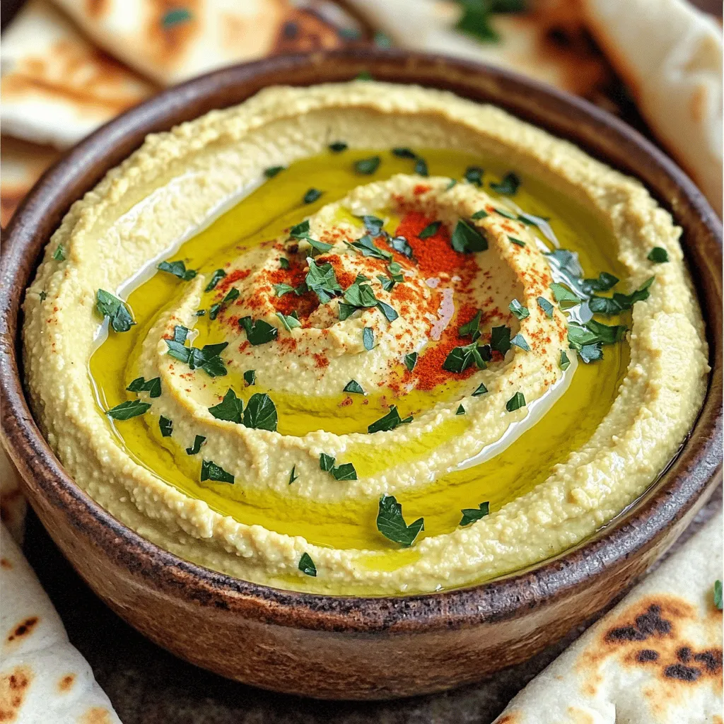 To make the best roasted garlic hummus, gather these key ingredients: - 1 can (15 oz) chickpeas, thoroughly drained and rinsed - 1/4 cup creamy tahini - 1/4 cup high-quality olive oil, plus extra for drizzling - 4 cloves of roasted garlic - 2 tablespoons freshly squeezed lemon juice - 1/2 teaspoon ground cumin - Sea salt, to taste - Water, as needed for desired consistency - Sweet paprika and finely chopped fresh parsley for garnish These ingredients create a rich and creamy dip that bursts with flavor. The roasted garlic adds a sweet, mellow taste that enhances the overall profile of the hummus. You can customize your hummus with these optional ingredients: - Spices like smoked paprika or cayenne for heat - Fresh herbs such as basil or cilantro for added freshness - A splash of balsamic vinegar for depth - Roasted red peppers for a sweet and smoky twist These additions can help you explore new flavors and keep your hummus exciting. Here’s a quick look at the health benefits of the main ingredients: - Chickpeas: High in protein and fiber, they help keep you full. - Tahini: Made from sesame seeds, it provides healthy fats and calcium. - Olive oil: A heart-healthy fat that can lower bad cholesterol levels. - Garlic: Known for its immune-boosting properties and flavor. - Lemon juice: Adds vitamin C and brightens the flavor. This hummus is not just tasty; it’s also packed with nutrients. You can enjoy it guilt-free as a snack or appetizer. For the complete recipe, check out the full recipe section. To roast garlic, first, preheat your oven to 400°F (200°C). Take your garlic cloves and wrap them in aluminum foil. Drizzle a little olive oil over the cloves before sealing the packet. Place the foil packet in the oven and roast for about 30-35 minutes. The garlic should turn soft and golden brown. After roasting, let it cool for a few minutes before you touch it. This step brings out the sweet, rich flavor of the garlic. In a food processor, add the following ingredients: - 1 can (15 oz) chickpeas, thoroughly drained and rinsed - 1/4 cup creamy tahini - 1/4 cup high-quality olive oil, plus extra for drizzling - 4 cloves of roasted garlic - 2 tablespoons freshly squeezed lemon juice - 1/2 teaspoon ground cumin - Sea salt, to taste Blend these ingredients until they become silky smooth. You may need to stop and scrape down the sides to ensure even mixing. This step creates a rich and creamy base for your hummus. If your hummus is too thick, add water a little at a time. Start with one tablespoon and blend again until you reach your preferred creamy texture. Taste your hummus and adjust the seasoning. You might want more sea salt, lemon juice, or roasted garlic to suit your taste. For the full recipe, refer to the provided instructions. Enjoy making this delicious dip! To make your hummus extra creamy, use dry chickpeas. Soak them overnight and cook until soft. This gives a smoother texture. If you use canned chickpeas, rinse them well. It helps remove some of the canning liquid, which can make hummus taste tinny. Always blend your mixture well. Stop and scrape the sides of the bowl as needed. This step ensures every bit gets mixed in. Roasting garlic is easy and adds great flavor. Start by preheating your oven to 400°F (200°C). Wrap the garlic cloves in aluminum foil. Drizzle a little olive oil on top. Seal the foil tightly and bake for about 30-35 minutes. The cloves should be soft and golden brown. Let them cool before you handle them. You can use the roasted garlic in your hummus or on bread for a tasty treat. Roasted garlic hummus is very versatile. You can serve it with fresh veggie sticks like carrots, cucumbers, and bell peppers. Pita bread, toasted or soft, makes a great dipper too. For a fun twist, try pairing it with warm pita chips. Add a sprinkle of sweet paprika and fresh parsley on top for color. This makes your dish look beautiful and tasty. Don't forget to check out the Full Recipe for more details! {{image_4}} You can boost the taste of your roasted garlic hummus with spices and herbs. Try adding paprika for a smoky kick or chili powder for heat. Fresh herbs like cilantro or basil can add a bright touch. A pinch of za'atar brings an earthy flavor, while a dash of black pepper enhances the taste. Mix and match to find your favorite combination! Though chickpeas are classic, other beans and peas work well too. White beans like cannellini add creaminess and a mild taste. Black beans give a rich color and unique flavor. You can even use peas for a sweet twist. Each option brings its own character, so experiment to discover what you love! Roasted garlic hummus shines as a dip, but it can do much more. Spread it on sandwiches or wraps for a flavorful layer. Use it as a base for veggie pizzas or flatbreads. Pair it with crackers or pita chips for a fun snack. You can even dollop it on salads for added creaminess. The options are endless! For the full recipe, check out the detailed steps to make your own roasted garlic hummus. To keep your roasted garlic hummus fresh, place it in an airtight container. Make sure to press a piece of plastic wrap against the hummus before sealing. This helps to keep the air out and maintain its creamy texture. Store it in the fridge for up to one week. Always use a clean spoon when scooping out hummus. This avoids introducing bacteria that can spoil your dip. You can freeze roasted garlic hummus for longer storage. Use a freezer-safe container or a resealable bag. Leave some space at the top, as the hummus may expand when frozen. It can last for about three months in the freezer. To use, thaw it overnight in the fridge before serving. Stir well after thawing to restore its smooth consistency. Homemade hummus can last for about a week when stored correctly in the fridge. If you notice any off smells or changes in color, it’s best to discard it. Always trust your senses. Freshness is key for the best flavor. If you made a big batch, consider freezing a portion for later use. Check the [Full Recipe] for tips on making the perfect hummus. You can easily make roasted garlic hummus vegan. The main ingredients are already plant-based. Just use chickpeas, roasted garlic, olive oil, lemon juice, and seasoning. Ensure your tahini is vegan too. Most brands are, but it’s good to check the label. If you don’t have tahini, don’t worry! You can use sunflower seed butter or almond butter. These will change the flavor a bit, but they still taste great. You can also skip it entirely. Just add a bit more olive oil for creaminess. Check the texture while blending. If the hummus feels hard to mix, it’s too thick. Add water, one tablespoon at a time, until it smooths out. If it’s runny, add more chickpeas or tahini to thicken it. Always taste as you go! For the full recipe and precise steps, check the Full Recipe section. Roasted garlic hummus is simple to make and enjoy. You learned about key ingredients, how to roast garlic, and tips for creamy texture. Variations add excitement to the dish, while proper storage keeps it fresh. This tasty dip fits many diets and pairs well with many foods. Now, it’s time to get creative in the kitchen. Make your version and share it with friends. You’ll love the flavor and fun it brings! Enjoy your hummus journey!
