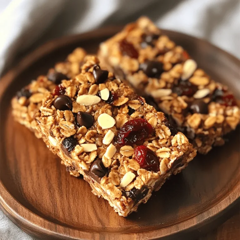 - 1 ½ cups rolled oats - ½ cup unsweetened almond butter - ⅓ cup honey or maple syrup - ½ cup dried cherries, chopped - ½ cup dark chocolate chips - ¼ cup slivered almonds - ¼ teaspoon salt - 1 teaspoon vanilla extract - Substitute nut butter or sweeteners - Additional nuts or seeds - Dried fruits variations In making Cherry Chocolate Chip Granola Bars, you need basic ingredients. Rolled oats are the main base. They give the bars a nice chewy texture. Almond butter adds richness and healthy fats. Honey or maple syrup sweetens the bars and helps bind them. Dried cherries bring a tart flavor that pairs well with chocolate. Dark chocolate chips add a sweet touch and a hint of bitterness. Slivered almonds add crunch and protein. A pinch of salt boosts all these flavors. Lastly, vanilla extract enhances the overall taste. For those wanting to switch things up, you can substitute nut butter. Use peanut butter or sunflower seed butter if you prefer. You can also change the sweetener. Agave syrup works well too. Feel free to add more nuts or seeds. Pumpkin seeds or walnuts can enhance the crunch. You can also try different dried fruits. Raisins, cranberries, or apricots can add unique flavors. This recipe offers lots of room for creativity. Explore and make it your own! Check the Full Recipe for complete details. First, preheat your oven to 350°F (175°C). This helps the bars bake evenly. While your oven heats, grab an 8-inch square baking pan. Line it with parchment paper. Make sure to leave some paper over the edges. This will help you lift the bars out easily after baking. In a large bowl, combine 1 ½ cups of rolled oats, ½ cup of chopped dried cherries, and ½ cup of dark chocolate chips. Add ¼ cup of slivered almonds and ¼ teaspoon of salt. Stir these together well. Mixing them evenly ensures every bite has balanced flavor. Take a small saucepan and set it over low heat. Add ½ cup of almond butter, ⅓ cup of honey or maple syrup, and 1 teaspoon of vanilla extract. Stir this mixture continuously. This helps it melt into a smooth blend. Keep the heat low to avoid burning the mixture. Once the almond butter mixture is melted, pour it over your dry ingredients. Use a spatula or spoon to mix everything together. Make sure every dry ingredient gets coated. This creates a delicious flavor in each bite. Transfer the sticky mix into your prepared pan. Press it down evenly using your hands or a spatula. This helps the bars hold their shape. Place the pan in your preheated oven. Bake for about 15-20 minutes. Look for the edges to turn golden brown; this means they are ready. After baking, remove the pan from the oven. Let the granola cool completely in the pan for about 30 minutes. This step is very important. Cooling helps the bars firm up. Once cool, lift the granola out using the parchment paper. Place it on a cutting board and slice it into bars or squares. Enjoy your delicious Cherry Chocolate Chip Granola Bars! For the full recipe, refer to the earlier section. To get the right texture in your granola bars, press the mixture firmly into the pan. This helps bind the ingredients together. If you skip this step, the bars may crumble. After baking, let the bars cool for about 30 minutes. This cooling time is key. It helps the bars firm up and hold their shape. You can adjust the sweetness of your bars based on your taste. If you prefer less sweet, use less honey or maple syrup. You can also try natural sweeteners like agave or coconut sugar. These options can change the flavor slightly, so experiment to find what you like best. Enjoy these granola bars as a snack or breakfast. They are great on their own but pair well with yogurt or fruit. You can also dip them in milk or almond milk for a tasty treat. Consider serving them with a cup of tea or coffee for a cozy snack time. {{image_4}} You can have fun with your granola bars! Try different dried fruits like apricots, cranberries, or raisins. Each fruit adds a unique taste and texture. If you want to switch up the chocolate, use white or milk chocolate chips. You could even skip the chocolate entirely for a fruity version! For a gluten-free option, use certified gluten-free oats. This way, everyone can enjoy these treats. If you want to make them vegan, swap the honey for maple syrup. Almond butter is already vegan, but you can also use peanut or sunflower seed butter if you prefer. Change your granola bars with the seasons! In summer, add fresh berries like blueberries or strawberries. Fall is perfect for pumpkin spice flavor or adding nuts like pecans. For winter holidays, consider festive spices like cinnamon or nutmeg. These twists will keep your snacks exciting! To keep your cherry chocolate chip granola bars fresh, store them properly. They last up to one week at room temperature. To maintain their crispness, place them in an airtight container. This prevents moisture from making them soggy. If you live in a warm area, keep them in the fridge. A cool, dark spot works well too. Freezing granola bars is simple and great for long-term storage. Wrap each bar in plastic wrap or foil. Then, place them in a freezer-safe bag or container. They can freeze for up to three months. When you're ready to enjoy one, take it out and let it thaw at room temperature. This way, it tastes fresh and delicious! Yes, you can use quick oats. They will make the bars softer. Rolled oats give a chewier texture. I prefer rolled oats for that reason. Homemade granola bars last about a week at room temperature. Store them in an airtight container. You can freeze them for up to three months. Thaw them in the fridge before eating. Yes, you can make them nut-free. Just use seed butter instead of almond butter. Sunflower seed butter works well and adds a nice flavor. You can find cherry chocolate chip granola bars in most grocery stores. Look in the snack or health food aisle. You can also buy them online. To boost nutrition, add seeds like chia or flaxseeds. You can also mix in protein powder. Increasing the dried fruit and using less sweetener helps too. Cherry Chocolate Chip Granola Bars are easy to make. Here’s a quick recap of the steps and key ingredients: - Ingredients: - 1 ½ cups rolled oats - ½ cup unsweetened almond butter - ⅓ cup honey or maple syrup - ½ cup dried cherries, chopped - ½ cup dark chocolate chips - ¼ cup slivered almonds - ¼ teaspoon salt - 1 teaspoon vanilla extract - Steps: 1. Preheat your oven to 350°F (175°C). 2. Mix oats, cherries, chocolate, almonds, and salt in a bowl. 3. Melt almond butter, honey, and vanilla in a saucepan. 4. Pour the melted mix over the dry ingredients and stir. 5. Press the mixture into a lined baking pan. 6. Bake for 15-20 minutes until golden brown. 7. Cool, lift out, and cut into bars. These bars are a delightful snack! In this post, I shared how to make Cherry Chocolate Chip Granola Bars. You learned about the key ingredients and optional add-ins. I outlined each step, from preparing the pan to cooling and cutting the bars. I also included tips for texture and storage. Enjoy experimenting with flavors and making these bars your own. Simple changes can make a big difference. Whether you snack or share, these bars are a tasty choice. Happy baking!