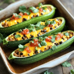 - Zucchini and Protein: - 4 medium zucchinis - 1 lb ground turkey or ground beef - Vegetables and Beans: - 1 can black beans, rinsed and drained - 1 cup corn kernels (fresh or frozen) - 1 small onion, finely chopped - 2 cloves garlic, minced - Spices: - Chili powder - Ground cumin - Smoked paprika - Salt and pepper to taste - Toppings: - 1 cup shredded cheddar cheese - 1 cup salsa (your choice of spice level) - Fresh cilantro, chopped (for garnish) - Sour cream (for serving) Using these fresh ingredients makes your Taco Stuffed Zucchini Boats tasty and healthy. Start with firm zucchinis for the best texture. Ground turkey is lean, while beef offers rich flavor. Black beans add protein and fiber. Corn gives a nice sweetness. The onion and garlic provide a savory base. Spices like chili powder and cumin bring warmth and depth. Topping with cheese, salsa, and cilantro boosts flavor and looks great. Check out the Full Recipe for more details on making this delicious dish! - Preheat the Oven: Set your oven to 375°F (190°C) to get it ready. - Prepare the Zucchini Boats: Cut each zucchini in half lengthwise. Use a spoon to scoop out the middle, making a hollow 'boat'. Save the scooped-out flesh for later. - Sautéing Aromatics: In a large skillet, heat olive oil over medium heat. Add the chopped onion and minced garlic. Sauté until the onion is soft, about 3-4 minutes. - Cooking the Meat: Increase the heat a bit and add ground turkey or beef. Cook until it browns, breaking it apart as it cooks. - Combining Ingredients: Once the meat is cooked, mix in the reserved zucchini flesh, black beans, corn, chili powder, cumin, paprika, and season with salt and pepper. Cook this mix for 5 minutes to blend the flavors. - Stuffing the Zucchini Boats: Spoon the tasty filling into each hollow zucchini half. Press down gently to pack them well. - Baking Instructions: Place the stuffed zucchini boats in a baking dish. Top each boat with salsa and shredded cheddar cheese. Cover the dish with foil and bake for 25 minutes. Remove the foil and bake for another 10 minutes, or until the cheese melts and bubbles. These steps will help you create a flavorful and healthy meal with Taco Stuffed Zucchini Boats. For the complete recipe, check the Full Recipe. To hollow out zucchini without breaking them, use a sharp knife. Cut the zucchini in half lengthwise. Then, take a spoon and gently scoop out the center, leaving a thin wall. This keeps your boats sturdy. Be careful not to scoop too much. Save the flesh you remove; it adds flavor to your filling. If you want meat alternatives, try using lentils or chickpeas. They work great in place of ground turkey or beef. You can also use cooked quinoa for a tasty twist. These options make it easy to enjoy a meat-free meal without losing flavor. Adding extra spices can elevate your dish. Consider mixing in some cumin or smoked paprika for depth. If you want heat, toss in jalapeños or chili flakes. These spices bring a new layer of flavor that excites the palate. For cheese, while cheddar is classic, feel free to explore. Try using pepper jack for a spicy kick or mozzarella for a mild taste. Each cheese choice gives your taco stuffed zucchini boats a different twist. Experimenting with cheese can lead to exciting new flavors that you and your guests will love. For the complete recipe, check the Full Recipe for all the details you need to create this delightful dish. {{image_4}} You can switch up the filling for Taco Stuffed Zucchini Boats to meet your taste. - Vegetarian Option: For a meatless version, use black beans or lentils. Add more veggies like bell peppers, corn, or diced tomatoes. This adds color and flavor while keeping it nutritious. You can make it creamy by adding some avocado or a dollop of sour cream on top. - Spicy Twist: If you like heat, add jalapeños or a splash of hot sauce. You can also mix in diced green chilies for a kick. Try different spices too, like cayenne or chipotle powder, to give your boats an extra flavor boost. Serving Taco Stuffed Zucchini Boats can be fun and versatile. - Side Dishes: Pair these boats with simple sides. A light salad or Mexican rice works well. You can also serve tortilla chips with salsa or guacamole for a great crunch. - Meal Prep Ideas: These boats are perfect for meal prep. You can make a batch on Sunday and enjoy them all week. Just store them in the fridge. Heat them in the oven or microwave when ready to eat. This makes lunch or dinner easy and tasty. For the complete recipe, check out the Full Recipe. To store your Taco Stuffed Zucchini Boats, let them cool first. Then, place them in an airtight container. They will stay fresh in the fridge for up to three days. For reheating, I suggest using the oven. Preheat it to 350°F (175°C). Place the zucchini boats in a baking dish and cover with foil. Bake for about 15 to 20 minutes. This helps keep the zucchini moist and the cheese melty. If you want to freeze the zucchini boats, it's best to do this before baking. After you stuff the zucchini, wrap each boat in plastic wrap, or place them in a freezer-safe bag. They will last up to three months in the freezer. When you're ready to eat them, remove them from the freezer. Thaw in the fridge overnight. Then, bake as directed in the Full Recipe. This way, you can enjoy a quick and healthy meal anytime! How long do Taco Stuffed Zucchini Boats take to bake? These tasty boats bake for about 35 minutes in total. First, cover them with foil and bake for 25 minutes. Then, remove the foil and bake for an extra 10 minutes. This ensures the cheese is melted and the zucchini is tender. Can I prepare these boats in advance? Yes, you can prepare them ahead of time. Stuff the zucchini and store them in the fridge for up to 24 hours. Just bake them when you’re ready to eat. This makes meal prep easy and quick! What can I use instead of zucchini for this recipe? You can use bell peppers, eggplant, or even large mushrooms. Each option offers a unique taste and texture. Just make sure to adjust the cooking time if needed. How to make Taco Stuffed Zucchini Boats gluten-free? To keep them gluten-free, ensure all your ingredients are gluten-free. Use gluten-free salsa and check that your spices are safe. Ground turkey and beans are already gluten-free, so you’re good there! Full Recipe Details: For a detailed guide, check the Full Recipe for all the steps and tips to make the best Taco Stuffed Zucchini Boats. In this blog post, we explored how to create delicious Taco Stuffed Zucchini Boats. We covered ingredients, step-by-step cooking instructions, and tips for perfecting your dish. You can customize fillings and toppings to fit your taste. Remember, zucchini boats are not just healthy; they're also fun to make. Use these ideas to try something new in your kitchen. Enjoy your cooking adventure with these tasty boats!