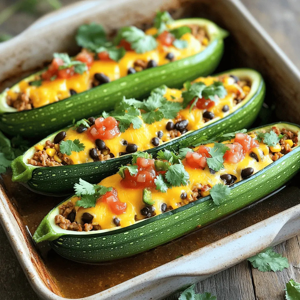 - Zucchini and Protein: - 4 medium zucchinis - 1 lb ground turkey or ground beef - Vegetables and Beans: - 1 can black beans, rinsed and drained - 1 cup corn kernels (fresh or frozen) - 1 small onion, finely chopped - 2 cloves garlic, minced - Spices: - Chili powder - Ground cumin - Smoked paprika - Salt and pepper to taste - Toppings: - 1 cup shredded cheddar cheese - 1 cup salsa (your choice of spice level) - Fresh cilantro, chopped (for garnish) - Sour cream (for serving) Using these fresh ingredients makes your Taco Stuffed Zucchini Boats tasty and healthy. Start with firm zucchinis for the best texture. Ground turkey is lean, while beef offers rich flavor. Black beans add protein and fiber. Corn gives a nice sweetness. The onion and garlic provide a savory base. Spices like chili powder and cumin bring warmth and depth. Topping with cheese, salsa, and cilantro boosts flavor and looks great. Check out the Full Recipe for more details on making this delicious dish! - Preheat the Oven: Set your oven to 375°F (190°C) to get it ready. - Prepare the Zucchini Boats: Cut each zucchini in half lengthwise. Use a spoon to scoop out the middle, making a hollow 'boat'. Save the scooped-out flesh for later. - Sautéing Aromatics: In a large skillet, heat olive oil over medium heat. Add the chopped onion and minced garlic. Sauté until the onion is soft, about 3-4 minutes. - Cooking the Meat: Increase the heat a bit and add ground turkey or beef. Cook until it browns, breaking it apart as it cooks. - Combining Ingredients: Once the meat is cooked, mix in the reserved zucchini flesh, black beans, corn, chili powder, cumin, paprika, and season with salt and pepper. Cook this mix for 5 minutes to blend the flavors. - Stuffing the Zucchini Boats: Spoon the tasty filling into each hollow zucchini half. Press down gently to pack them well. - Baking Instructions: Place the stuffed zucchini boats in a baking dish. Top each boat with salsa and shredded cheddar cheese. Cover the dish with foil and bake for 25 minutes. Remove the foil and bake for another 10 minutes, or until the cheese melts and bubbles. These steps will help you create a flavorful and healthy meal with Taco Stuffed Zucchini Boats. For the complete recipe, check the Full Recipe. To hollow out zucchini without breaking them, use a sharp knife. Cut the zucchini in half lengthwise. Then, take a spoon and gently scoop out the center, leaving a thin wall. This keeps your boats sturdy. Be careful not to scoop too much. Save the flesh you remove; it adds flavor to your filling. If you want meat alternatives, try using lentils or chickpeas. They work great in place of ground turkey or beef. You can also use cooked quinoa for a tasty twist. These options make it easy to enjoy a meat-free meal without losing flavor. Adding extra spices can elevate your dish. Consider mixing in some cumin or smoked paprika for depth. If you want heat, toss in jalapeños or chili flakes. These spices bring a new layer of flavor that excites the palate. For cheese, while cheddar is classic, feel free to explore. Try using pepper jack for a spicy kick or mozzarella for a mild taste. Each cheese choice gives your taco stuffed zucchini boats a different twist. Experimenting with cheese can lead to exciting new flavors that you and your guests will love. For the complete recipe, check the Full Recipe for all the details you need to create this delightful dish. {{image_4}} You can switch up the filling for Taco Stuffed Zucchini Boats to meet your taste. - Vegetarian Option: For a meatless version, use black beans or lentils. Add more veggies like bell peppers, corn, or diced tomatoes. This adds color and flavor while keeping it nutritious. You can make it creamy by adding some avocado or a dollop of sour cream on top. - Spicy Twist: If you like heat, add jalapeños or a splash of hot sauce. You can also mix in diced green chilies for a kick. Try different spices too, like cayenne or chipotle powder, to give your boats an extra flavor boost. Serving Taco Stuffed Zucchini Boats can be fun and versatile. - Side Dishes: Pair these boats with simple sides. A light salad or Mexican rice works well. You can also serve tortilla chips with salsa or guacamole for a great crunch. - Meal Prep Ideas: These boats are perfect for meal prep. You can make a batch on Sunday and enjoy them all week. Just store them in the fridge. Heat them in the oven or microwave when ready to eat. This makes lunch or dinner easy and tasty. For the complete recipe, check out the Full Recipe. To store your Taco Stuffed Zucchini Boats, let them cool first. Then, place them in an airtight container. They will stay fresh in the fridge for up to three days. For reheating, I suggest using the oven. Preheat it to 350°F (175°C). Place the zucchini boats in a baking dish and cover with foil. Bake for about 15 to 20 minutes. This helps keep the zucchini moist and the cheese melty. If you want to freeze the zucchini boats, it's best to do this before baking. After you stuff the zucchini, wrap each boat in plastic wrap, or place them in a freezer-safe bag. They will last up to three months in the freezer. When you're ready to eat them, remove them from the freezer. Thaw in the fridge overnight. Then, bake as directed in the Full Recipe. This way, you can enjoy a quick and healthy meal anytime! How long do Taco Stuffed Zucchini Boats take to bake? These tasty boats bake for about 35 minutes in total. First, cover them with foil and bake for 25 minutes. Then, remove the foil and bake for an extra 10 minutes. This ensures the cheese is melted and the zucchini is tender. Can I prepare these boats in advance? Yes, you can prepare them ahead of time. Stuff the zucchini and store them in the fridge for up to 24 hours. Just bake them when you’re ready to eat. This makes meal prep easy and quick! What can I use instead of zucchini for this recipe? You can use bell peppers, eggplant, or even large mushrooms. Each option offers a unique taste and texture. Just make sure to adjust the cooking time if needed. How to make Taco Stuffed Zucchini Boats gluten-free? To keep them gluten-free, ensure all your ingredients are gluten-free. Use gluten-free salsa and check that your spices are safe. Ground turkey and beans are already gluten-free, so you’re good there! Full Recipe Details: For a detailed guide, check the Full Recipe for all the steps and tips to make the best Taco Stuffed Zucchini Boats. In this blog post, we explored how to create delicious Taco Stuffed Zucchini Boats. We covered ingredients, step-by-step cooking instructions, and tips for perfecting your dish. You can customize fillings and toppings to fit your taste. Remember, zucchini boats are not just healthy; they're also fun to make. Use these ideas to try something new in your kitchen. Enjoy your cooking adventure with these tasty boats!