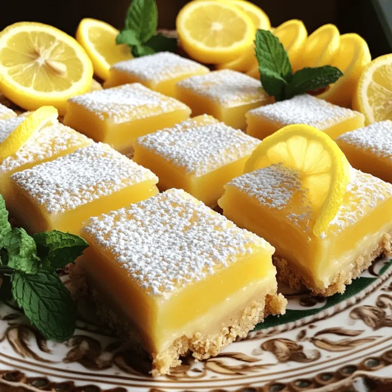 To make easy lemon bars, you need a few simple ingredients. Here’s what you’ll need: - 1 cup all-purpose flour - 1/2 cup powdered sugar (plus extra for dusting) - 1/4 teaspoon salt - 1/2 cup unsalted butter, melted - 2 large eggs - 1 cup granulated sugar - 1/4 cup freshly squeezed lemon juice - Zest of 1 fresh lemon - 1/2 teaspoon baking powder Each ingredient plays a key role in the flavor and texture. The flour gives structure, while the butter adds richness. The eggs help bind everything together. The lemon juice and zest bring that bright, zesty flavor. Using fresh lemon juice makes a big difference. It adds a vibrant taste that bottled juice can’t match. The powdered sugar gives the bars a sweet finish. Make sure to have some extra on hand for dusting. Gather these ingredients before you start. This will make the cooking process smooth and easy. For the full recipe, check out the complete guide to making these delicious lemon bars. 1. Preheat your oven to 350°F (175°C). This is important for even baking. 2. In a medium bowl, mix the flour, powdered sugar, and salt. Use a whisk to combine them well. 3. Pour the melted butter into the bowl. Mix it with a fork until it looks like clumpy dough. 4. Press this dough firmly into the bottom of an 8x8 inch baking dish. This will be your crust. 1. In a separate bowl, whisk together the eggs and granulated sugar. Beat them until smooth and slightly frothy. This takes about 1-2 minutes. 2. Next, add the lemon juice, lemon zest, and baking powder to the egg mixture. Stir until everything is mixed well. 1. Bake the crust in the preheated oven for about 15 minutes. It should turn a light golden brown. 2. Carefully pour the lemon filling over the hot crust. Return the dish to the oven. 3. Bake for an additional 20-25 minutes. The filling should be set and lightly browned when done. 4. Once baked, remove the dish from the oven and let it cool for at least 15 minutes. This helps the bars set up. 5. Transfer the bars to a wire rack to cool completely. Once cool, dust with powdered sugar and cut into squares. For the full recipe, check out the detailed instructions. Enjoy your refreshing lemon bars! - Use room temperature ingredients. This helps the batter mix well. - Fresh lemon juice boosts the taste. It brings out the bright, zesty flavor. When you use room temperature eggs and butter, they mix better. This helps create a smooth filling. Fresh lemon juice is key for a strong lemon flavor. Bottled juice can taste flat. - Dust your bars with powdered sugar. This adds a nice touch and looks pretty. - Garnish with lemon slices and mint leaves. They make your bars pop and look inviting. Once your lemon bars cool, dust them with sugar. Then, place lemon slices on top. Add a few mint leaves for color. This makes your dessert not just tasty but also beautiful. For the full recipe, check out the details above. {{image_4}} You can make these lemon bars even more exciting. One way is to add berries. Fresh blueberries or raspberries pair well with lemon. They add a pop of color and taste. Just fold in one cup of your chosen berries after mixing the lemon filling. Another fun idea is to infuse the bars with herbs. Basil or rosemary works great. Chop a few leaves finely and mix them in with the lemon juice. This adds a unique twist that surprises the taste buds. If you need gluten-free bars, don't worry! You can swap the all-purpose flour for a gluten-free blend. Look for a mix that includes rice flour and starches. This keeps the texture light and tasty. For those who follow a vegan diet, you can replace the eggs. Use flax eggs instead. To make one flax egg, mix one tablespoon of flaxseed meal with two and a half tablespoons of water. Let it sit for about five minutes until it gets thick. This works well in the lemon filling to keep it creamy. Check the [Full Recipe] for the main steps to create these delightful lemon bars. To keep your lemon bars fresh, store them in the refrigerator. - Wrap them well: Use plastic wrap or an airtight container. - Keep them chilled: This helps maintain their texture and flavor. If you want to save some for later, you can freeze lemon bars. - Cool completely: Let them cool fully before freezing. - Cut into squares: This makes it easy to grab one later. - Wrap in plastic: Use freezer-safe wrap to prevent freezer burn. - Place in a container: Use an airtight container for extra protection. Lemon bars stay fresh in the fridge for about one week. - Check for freshness: Look for any signs of mold or off smells. If they have been in the fridge too long, they may go bad. - Signs of spoilage: If they look discolored or smell sour, it’s time to toss them. - Texture changes: A slimy texture means they’re no longer good. Storing them right helps you enjoy their bright flavor longer! For the complete recipe, check out the Full Recipe. To make your lemon bars less tart, adjust the sugar and lemon juice. You can add more sugar to balance the tartness of the lemon juice. Try adding an extra 1/4 cup of sugar to the filling. If you want, you can also reduce the lemon juice. Use about 3 tablespoons instead of 1/4 cup. This way, you keep the lemon flavor while making it sweeter. You can use bottled lemon juice, but fresh is better. Bottled juice often lacks the bright flavor of fresh lemons. Fresh lemon juice also has a more vibrant acidity. This difference makes your bars taste much better. If you must use bottled juice, try to find one with no added sugar or preservatives. To cut lemon bars into neat squares, use a sharp knife. First, let the bars cool completely. This helps them set and makes cutting easier. Dip your knife in warm water before each cut. Wipe the knife clean between cuts for a smoother edge. For even squares, use a ruler or a guide to measure before cutting. These tips will help your bars look great on any plate. You learned how to make easy lemon bars from scratch. We covered essential ingredients, step-by-step instructions, and helpful tips for perfect results. Don’t forget to try variations, like adding fruits or herbs. Proper storage keeps your bars fresh longer. Enjoy your sweet and tangy treat! The fun lies in making them your own. Experiment. Share your creations with friends and family. Happy baking!