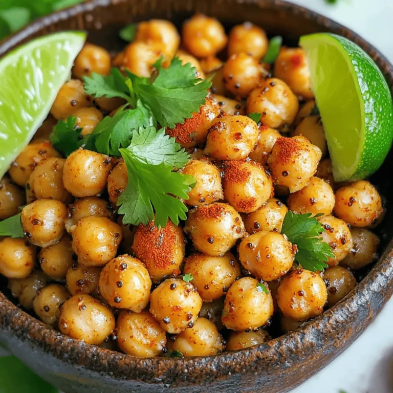 - 1 can (15 oz) chickpeas, drained and rinsed - 2 tablespoons olive oil - 1 teaspoon chili powder - 1 teaspoon smoked paprika - 1/2 teaspoon ground cumin - 1/2 teaspoon garlic powder - Zest of 1 lime - Juice of 1 lime - Salt and freshly cracked black pepper to taste - Fresh cilantro, finely chopped (for garnish) To make Chili Lime Roasted Chickpeas, gather all your ingredients first. The chickpeas are the star of this dish. They are packed with protein and fiber. Using canned chickpeas saves time. Just make sure to drain and rinse them well. Next, the olive oil is a must. It helps the spices stick and adds flavor. The spices are key here. Chili powder gives heat, while smoked paprika adds depth. Ground cumin brings warmth, and garlic powder packs a punch. Then, we add fresh ingredients. Lime zest and juice balance the spice with a bright, tangy taste. Salt and pepper enhance all the flavors. Finally, fresh cilantro adds a pop of color and freshness. Check out the Full Recipe for a complete guide to making this tasty snack! - Preheat the oven to 400°F (200°C). - Dry the chickpeas thoroughly with a kitchen towel. First, I set my oven to 400°F (200°C). This temperature helps the chickpeas become crispy. While the oven heats, I spread the rinsed chickpeas on a clean kitchen towel. I pat them dry gently with another towel. This step helps remove moisture. Dry chickpeas roast better and turn crispier. - Combine chickpeas with olive oil and spices. - Toss until evenly coated. Next, I grab a large bowl. I pour in the dried chickpeas and add 2 tablespoons of olive oil. Then, I sprinkle in 1 teaspoon of chili powder, 1 teaspoon of smoked paprika, and 1/2 teaspoon of ground cumin. I also add 1/2 teaspoon of garlic powder, lime zest, and lime juice. I mix everything well with my hands. Each chickpea should be coated in spices and oil. This mix gives them bold flavor. - Arrange seasoned chickpeas on the baking sheet. - Roast for 25-30 minutes, stirring halfway. Now, I take a baking sheet and line it with parchment paper. This step stops the chickpeas from sticking. I spread the seasoned chickpeas out in a single layer. It’s important not to crowd them. I place the sheet in the oven and set a timer for 25-30 minutes. Halfway through, I stir the chickpeas to ensure they roast evenly. I check on them often to avoid burning. Once they turn golden brown, I pull them out. Enjoy these tasty snacks warm or let them cool. For the full recipe, check the details above. To get your chickpeas crispy, start by drying them well. After rinsing, spread them on a clean towel. Pat them dry gently with another towel. This step is key. If they are wet, they will steam instead of roast. Next, roast at the right temperature. Preheat your oven to 400°F (200°C). This hot setting helps them crisp up nicely. Spread the chickpeas in a single layer on the baking sheet. Avoid overcrowding them. Give them space to breathe while roasting. You can enhance the flavors of your chickpeas easily. If you love lime, add more lime juice or zest. You can also try extra spices. A pinch of cayenne pepper gives them a nice kick. Before serving, taste the chickpeas. Adjust the seasoning if needed. Add a bit more salt, pepper, or lime juice. This simple step makes a big difference in flavor. Enjoy your tasty snack! {{image_4}} You can change the flavor of your roasted chickpeas easily. Try adding cayenne for heat. It gives a nice kick that many love. Curry powder is another fun option. It adds a warm, earthy taste. If you want a cheesy flavor, sprinkle in some nutritional yeast. This adds a rich taste without using dairy. You can mix and match spices to find your favorite combo. Don’t be afraid to experiment! Chili lime roasted chickpeas make a great topping for salads and bowls. They add crunch and flavor to fresh greens or grain bowls. You can also use them as a snack. Serve them with dips like hummus or guacamole. Another fun idea? Toss them in a wrap or sandwich. They give a nice crunch and add protein. You can also mix them into soups for added texture. The options are endless, so get creative! To keep your roasted chickpeas crispy, store them in an airtight container. Place a paper towel inside to absorb moisture. This helps maintain their crunch. You can store them at room temperature for up to three days. If you want them to last longer, consider refrigerating them. They may lose some crispiness in the fridge. When you're ready to enjoy the leftovers, reheating is key. Use an oven to bring back their crunch. Preheat your oven to 350°F (175°C). Spread the chickpeas on a baking sheet and heat for about 10 minutes. This method keeps them crispy. You can also add a sprinkle of lime juice or chili powder when reheating. This boosts the flavor and brings back that fresh taste. Yes, you can use dried chickpeas. First, soak them overnight in water. This helps them soften. After soaking, drain and rinse the chickpeas. Next, cook them in boiling water for 1 to 1.5 hours. Test them until they're tender. You will need about 1.5 cups of cooked chickpeas for this recipe. Using dried chickpeas gives a fresh taste, but it does take more time. To add more heat, try these tips: - Add cayenne pepper or crushed red pepper flakes. - Increase the amount of chili powder in the mix. - Mix in some diced jalapeños before roasting. - Serve with a spicy dipping sauce for extra flavor. These options help you customize the heat level to your taste. Roasted chickpeas are a healthy snack choice. They are high in protein, which helps build muscles. They also contain fiber, which aids digestion. Each serving gives you vitamins and minerals like iron and magnesium. Plus, they are low in calories and fat. This makes them a smart option for snacking. Enjoy them guilt-free while getting great nutrition. Check the Full Recipe for more ways to enjoy this healthy snack! Chili lime roasted chickpeas are quick and fun to make. You learned about the main ingredients, step-by-step instructions, and tips for the best results. These snacks are not just tasty; they're also healthy. You can mix up the flavors and serve them in many ways. Store leftovers properly to keep them crispy. Roasting chickpeas adds crunch to salads or bowls. Experiment with spices to find your favorite flavor. Enjoy your cooking adventure with these simple, nutritious snacks!
