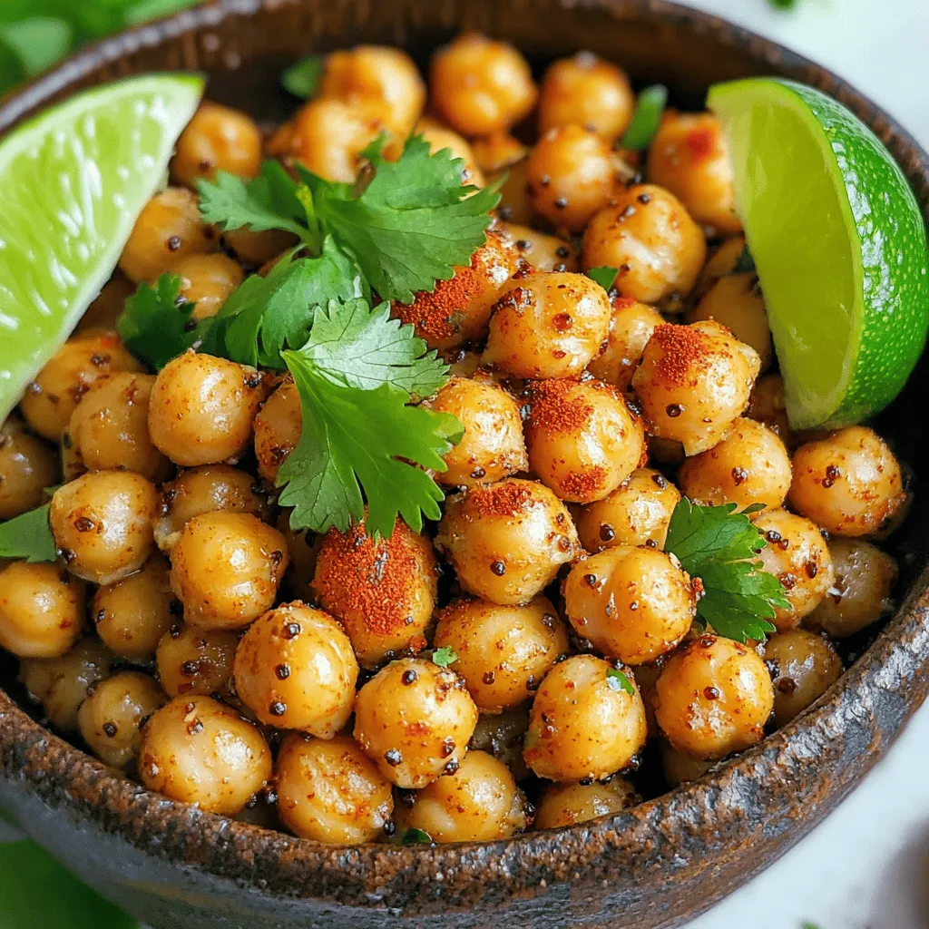 - 1 can (15 oz) chickpeas, drained and rinsed - 2 tablespoons olive oil - 1 teaspoon chili powder - 1 teaspoon smoked paprika - 1/2 teaspoon ground cumin - 1/2 teaspoon garlic powder - Zest of 1 lime - Juice of 1 lime - Salt and freshly cracked black pepper to taste - Fresh cilantro, finely chopped (for garnish) To make Chili Lime Roasted Chickpeas, gather all your ingredients first. The chickpeas are the star of this dish. They are packed with protein and fiber. Using canned chickpeas saves time. Just make sure to drain and rinse them well. Next, the olive oil is a must. It helps the spices stick and adds flavor. The spices are key here. Chili powder gives heat, while smoked paprika adds depth. Ground cumin brings warmth, and garlic powder packs a punch. Then, we add fresh ingredients. Lime zest and juice balance the spice with a bright, tangy taste. Salt and pepper enhance all the flavors. Finally, fresh cilantro adds a pop of color and freshness. Check out the Full Recipe for a complete guide to making this tasty snack! - Preheat the oven to 400°F (200°C). - Dry the chickpeas thoroughly with a kitchen towel. First, I set my oven to 400°F (200°C). This temperature helps the chickpeas become crispy. While the oven heats, I spread the rinsed chickpeas on a clean kitchen towel. I pat them dry gently with another towel. This step helps remove moisture. Dry chickpeas roast better and turn crispier. - Combine chickpeas with olive oil and spices. - Toss until evenly coated. Next, I grab a large bowl. I pour in the dried chickpeas and add 2 tablespoons of olive oil. Then, I sprinkle in 1 teaspoon of chili powder, 1 teaspoon of smoked paprika, and 1/2 teaspoon of ground cumin. I also add 1/2 teaspoon of garlic powder, lime zest, and lime juice. I mix everything well with my hands. Each chickpea should be coated in spices and oil. This mix gives them bold flavor. - Arrange seasoned chickpeas on the baking sheet. - Roast for 25-30 minutes, stirring halfway. Now, I take a baking sheet and line it with parchment paper. This step stops the chickpeas from sticking. I spread the seasoned chickpeas out in a single layer. It’s important not to crowd them. I place the sheet in the oven and set a timer for 25-30 minutes. Halfway through, I stir the chickpeas to ensure they roast evenly. I check on them often to avoid burning. Once they turn golden brown, I pull them out. Enjoy these tasty snacks warm or let them cool. For the full recipe, check the details above. To get your chickpeas crispy, start by drying them well. After rinsing, spread them on a clean towel. Pat them dry gently with another towel. This step is key. If they are wet, they will steam instead of roast. Next, roast at the right temperature. Preheat your oven to 400°F (200°C). This hot setting helps them crisp up nicely. Spread the chickpeas in a single layer on the baking sheet. Avoid overcrowding them. Give them space to breathe while roasting. You can enhance the flavors of your chickpeas easily. If you love lime, add more lime juice or zest. You can also try extra spices. A pinch of cayenne pepper gives them a nice kick. Before serving, taste the chickpeas. Adjust the seasoning if needed. Add a bit more salt, pepper, or lime juice. This simple step makes a big difference in flavor. Enjoy your tasty snack! {{image_4}} You can change the flavor of your roasted chickpeas easily. Try adding cayenne for heat. It gives a nice kick that many love. Curry powder is another fun option. It adds a warm, earthy taste. If you want a cheesy flavor, sprinkle in some nutritional yeast. This adds a rich taste without using dairy. You can mix and match spices to find your favorite combo. Don’t be afraid to experiment! Chili lime roasted chickpeas make a great topping for salads and bowls. They add crunch and flavor to fresh greens or grain bowls. You can also use them as a snack. Serve them with dips like hummus or guacamole. Another fun idea? Toss them in a wrap or sandwich. They give a nice crunch and add protein. You can also mix them into soups for added texture. The options are endless, so get creative! To keep your roasted chickpeas crispy, store them in an airtight container. Place a paper towel inside to absorb moisture. This helps maintain their crunch. You can store them at room temperature for up to three days. If you want them to last longer, consider refrigerating them. They may lose some crispiness in the fridge. When you're ready to enjoy the leftovers, reheating is key. Use an oven to bring back their crunch. Preheat your oven to 350°F (175°C). Spread the chickpeas on a baking sheet and heat for about 10 minutes. This method keeps them crispy. You can also add a sprinkle of lime juice or chili powder when reheating. This boosts the flavor and brings back that fresh taste. Yes, you can use dried chickpeas. First, soak them overnight in water. This helps them soften. After soaking, drain and rinse the chickpeas. Next, cook them in boiling water for 1 to 1.5 hours. Test them until they're tender. You will need about 1.5 cups of cooked chickpeas for this recipe. Using dried chickpeas gives a fresh taste, but it does take more time. To add more heat, try these tips: - Add cayenne pepper or crushed red pepper flakes. - Increase the amount of chili powder in the mix. - Mix in some diced jalapeños before roasting. - Serve with a spicy dipping sauce for extra flavor. These options help you customize the heat level to your taste. Roasted chickpeas are a healthy snack choice. They are high in protein, which helps build muscles. They also contain fiber, which aids digestion. Each serving gives you vitamins and minerals like iron and magnesium. Plus, they are low in calories and fat. This makes them a smart option for snacking. Enjoy them guilt-free while getting great nutrition. Check the Full Recipe for more ways to enjoy this healthy snack! Chili lime roasted chickpeas are quick and fun to make. You learned about the main ingredients, step-by-step instructions, and tips for the best results. These snacks are not just tasty; they're also healthy. You can mix up the flavors and serve them in many ways. Store leftovers properly to keep them crispy. Roasting chickpeas adds crunch to salads or bowls. Experiment with spices to find your favorite flavor. Enjoy your cooking adventure with these simple, nutritious snacks!