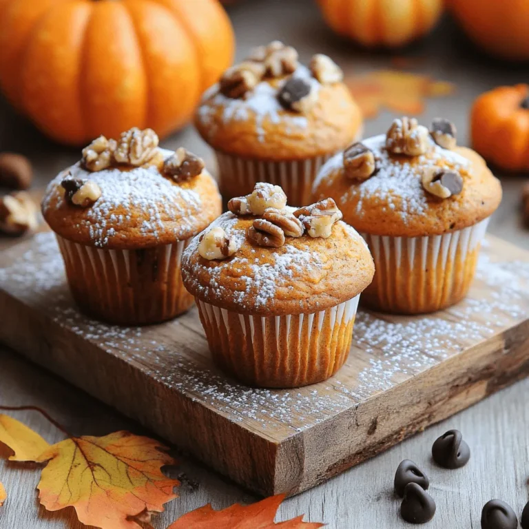 To make these healthy pumpkin muffins, you will need: - 1 cup canned pumpkin puree - 1/2 cup Greek yogurt - 1/3 cup honey or maple syrup - 1/4 cup coconut oil, melted - 2 large eggs - 1 teaspoon vanilla extract - 1 1/2 cups whole wheat flour - 1 teaspoon baking powder - 1/2 teaspoon baking soda - 1 teaspoon ground cinnamon - 1/2 teaspoon ground nutmeg - 1/4 teaspoon ground ginger - 1/4 teaspoon salt - 1/2 cup chopped walnuts or pecans (optional) - 1/2 cup dark chocolate chips (optional) These ingredients come together to create a moist and flavorful muffin. Pumpkin adds natural sweetness and moisture, while Greek yogurt gives it a light texture. Whole wheat flour boosts fiber content, making these muffins a healthier choice. You can easily swap some ingredients for healthier options: - Instead of whole wheat flour, try almond flour for a gluten-free version. - Use unsweetened applesauce in place of honey or maple syrup to cut sugar. - Replace coconut oil with unsweetened mashed banana for a lower-fat option. - Use flax eggs instead of regular eggs for a vegan version. These substitutions help enhance the health benefits without losing flavor. Each swap keeps the muffins light and tasty. To make these muffins even more special, consider adding in: - 1/2 cup chopped nuts for a crunchy texture. - 1/2 cup dark chocolate chips for a sweet surprise. - Dried fruit like cranberries or raisins for added sweetness. - A sprinkle of pumpkin seeds on top for a nutty taste. These add-ins can enhance the flavor and make your muffins unique. Feel free to get creative and mix in your favorite ingredients. You can find the complete details in the Full Recipe for Healthy Pumpkin Muffins. Start by preheating your oven to 350°F (175°C). This helps the muffins bake evenly. Line your muffin tin with paper liners or lightly spray it with non-stick spray. In a large bowl, mix together the pumpkin puree, Greek yogurt, honey (or maple syrup), melted coconut oil, eggs, and vanilla extract. Stir until smooth and creamy. Make sure every ingredient is well blended. In another bowl, sift the whole wheat flour, baking powder, baking soda, ground cinnamon, nutmeg, ginger, and salt. This step helps distribute the leavening agents and spices evenly. Now, slowly add the dry ingredients to the wet mixture. Stir gently just until blended. Avoid overmixing. This keeps the muffins light and fluffy. If you want, fold in the chopped walnuts or pecans and dark chocolate chips for extra flavor. Pour the batter into the muffin cups. Fill each cup about two-thirds full to allow the muffins to rise. Place the muffin tin in the preheated oven. Bake for 18-20 minutes. To check if the muffins are done, insert a toothpick into the center of one muffin. If it comes out clean, they are ready. Let the muffins cool in the tin for about 5 minutes. Then, transfer them to a wire rack to cool completely. Enjoy your healthy pumpkin muffins! For the complete recipe, check [Full Recipe]. To get the best muffin texture, mix your wet and dry ingredients gently. Overmixing can cause dense muffins. I recommend folding the dry mix into the wet mix until you see no flour pockets. This method keeps your muffins light and fluffy. Also, use room-temperature ingredients. They blend better and help the muffins rise. Store your muffins in an airtight container. This keeps them moist and fresh. If you plan to eat them in a few days, place a slice of bread in the container. The bread helps absorb excess moisture, which keeps muffins from getting soggy. For added freshness, keep them in the fridge. Freezing muffins is a great way to save them for later. Allow them to cool completely, then wrap each muffin in plastic wrap. Place them in a freezer bag, squeezing out as much air as possible. They stay fresh for up to three months. When you're ready to eat one, thaw it at room temperature or warm it in the microwave. Enjoy your delicious pumpkin muffins anytime! For the full recipe, check out the detailed guide above. {{image_4}} You can easily make these muffins gluten-free. Use 1 ½ cups of gluten-free flour blend. Look for blends that include xanthan gum for the best results. Mix the dry ingredients just like in the original recipe. The muffins still taste great and stay moist! To make vegan pumpkin muffins, swap the eggs for flax eggs. Mix 1 tablespoon of ground flaxseed with 2.5 tablespoons of water for each egg. Let it sit for about 5 minutes to thicken. Replace Greek yogurt with a plant-based yogurt. Use maple syrup instead of honey for sweetness. The muffins will be just as tasty without any animal products! You can cut back on sugar or use sugar-free options. Replace honey or maple syrup with a sugar substitute, like erythritol or stevia. You can also reduce the amount of sweetener by a third. This keeps your muffins light without losing flavor. Feel free to add more spices for extra taste! For the full recipe, check out Pumpkin Spice Delight Muffins 🥮. To keep your pumpkin muffins fresh, store them in an airtight container. This helps prevent them from drying out. You can also place a slice of bread inside the container. The bread will help keep the muffins moist. If you want to keep them for longer, consider freezing them. Wrap each muffin tightly in plastic wrap, then place them in a freezer bag. This keeps them safe from freezer burn. When kept at room temperature, these muffins stay fresh for about 2-3 days. If you place them in the fridge, they can last up to a week. For longer storage, freeze them. In the freezer, they can last for about 2-3 months. Just make sure to label the bag with the date, so you remember when you made them. To enjoy your leftover muffins, you can reheat them in the microwave. Heat them for about 10-15 seconds. This warms them up nicely without drying them out. If you prefer a crispier texture, pop them in the oven at 350°F (175°C) for about 5-7 minutes. This will make the tops nice and crunchy. If you want to add a little extra flavor, spread a bit of butter or cream cheese on top before reheating. Enjoy these delicious treats again! Yes, you can use fresh pumpkin. Start by roasting a pumpkin until it’s soft. Scoop out the flesh and mash it until smooth. This fresh pumpkin gives a vibrant taste and rich texture. Just remember, you need about the same amount as the canned puree. Pumpkin muffins are healthy for many reasons. First, pumpkin is full of vitamins, especially vitamin A. It also has fiber, which helps your digestion. Using whole wheat flour adds more nutrients and fiber than white flour. Greek yogurt keeps the muffins moist while adding protein and cutting down on fat. Honey or maple syrup provides natural sweetness without refined sugar. To lower the fat in these muffins, you can replace coconut oil with unsweetened applesauce. Applesauce keeps the muffins moist while cutting fat. You can also use egg whites instead of whole eggs. This change reduces fat while still providing structure. Another tip is to skip the nuts or chocolate chips, or use less. These simple swaps can help you enjoy delicious muffins with less fat. For the complete recipe, check out the Full Recipe. Healthy pumpkin muffins are easy to make and enjoy. We covered key ingredients, like whole grains and spices. You can swap ingredients for healthier choices, too. I shared steps for mixing the batter and baking. Tips for perfect texture and storage help keep them fresh. Variations like gluten-free and vegan options make these muffins fit everyone's diet. In the end, these muffins are tasty and good for you. Enjoy making them in your kitchen!