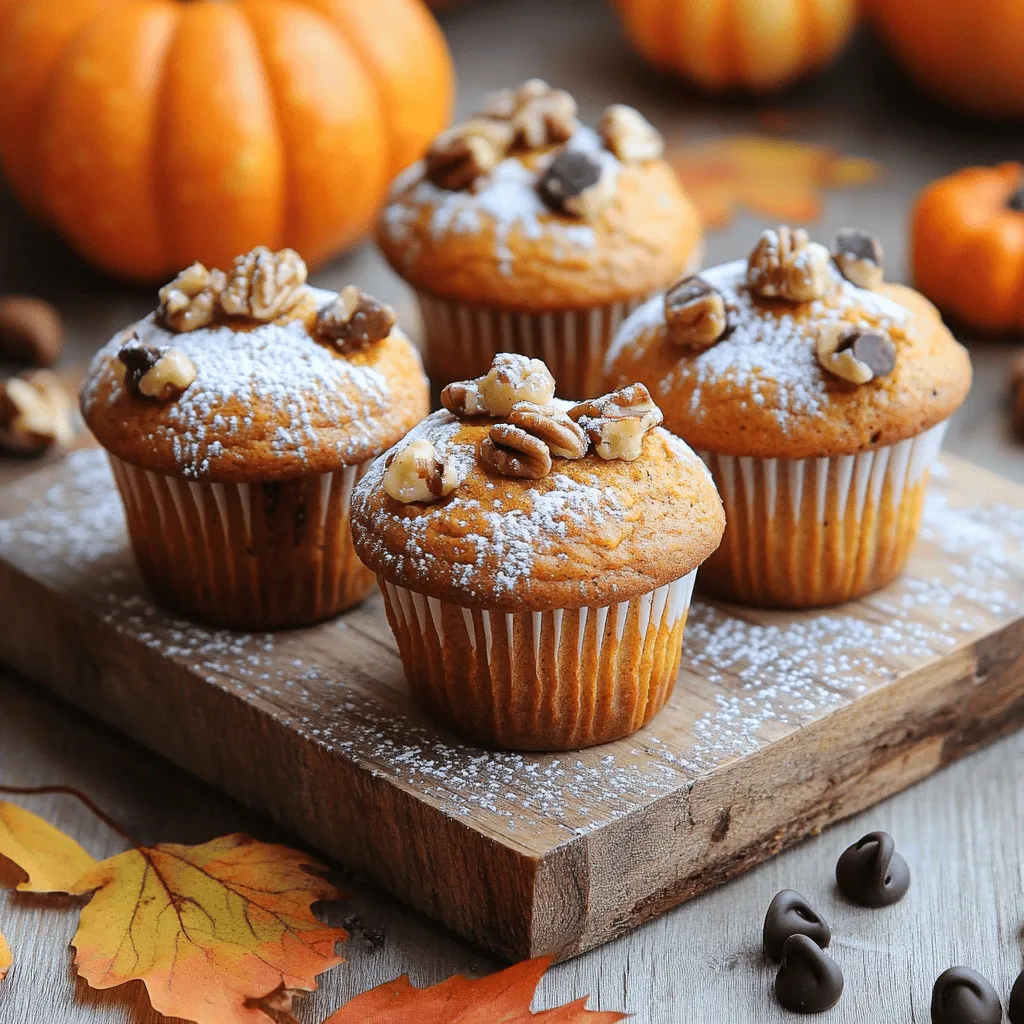To make these healthy pumpkin muffins, you will need: - 1 cup canned pumpkin puree - 1/2 cup Greek yogurt - 1/3 cup honey or maple syrup - 1/4 cup coconut oil, melted - 2 large eggs - 1 teaspoon vanilla extract - 1 1/2 cups whole wheat flour - 1 teaspoon baking powder - 1/2 teaspoon baking soda - 1 teaspoon ground cinnamon - 1/2 teaspoon ground nutmeg - 1/4 teaspoon ground ginger - 1/4 teaspoon salt - 1/2 cup chopped walnuts or pecans (optional) - 1/2 cup dark chocolate chips (optional) These ingredients come together to create a moist and flavorful muffin. Pumpkin adds natural sweetness and moisture, while Greek yogurt gives it a light texture. Whole wheat flour boosts fiber content, making these muffins a healthier choice. You can easily swap some ingredients for healthier options: - Instead of whole wheat flour, try almond flour for a gluten-free version. - Use unsweetened applesauce in place of honey or maple syrup to cut sugar. - Replace coconut oil with unsweetened mashed banana for a lower-fat option. - Use flax eggs instead of regular eggs for a vegan version. These substitutions help enhance the health benefits without losing flavor. Each swap keeps the muffins light and tasty. To make these muffins even more special, consider adding in: - 1/2 cup chopped nuts for a crunchy texture. - 1/2 cup dark chocolate chips for a sweet surprise. - Dried fruit like cranberries or raisins for added sweetness. - A sprinkle of pumpkin seeds on top for a nutty taste. These add-ins can enhance the flavor and make your muffins unique. Feel free to get creative and mix in your favorite ingredients. You can find the complete details in the Full Recipe for Healthy Pumpkin Muffins. Start by preheating your oven to 350°F (175°C). This helps the muffins bake evenly. Line your muffin tin with paper liners or lightly spray it with non-stick spray. In a large bowl, mix together the pumpkin puree, Greek yogurt, honey (or maple syrup), melted coconut oil, eggs, and vanilla extract. Stir until smooth and creamy. Make sure every ingredient is well blended. In another bowl, sift the whole wheat flour, baking powder, baking soda, ground cinnamon, nutmeg, ginger, and salt. This step helps distribute the leavening agents and spices evenly. Now, slowly add the dry ingredients to the wet mixture. Stir gently just until blended. Avoid overmixing. This keeps the muffins light and fluffy. If you want, fold in the chopped walnuts or pecans and dark chocolate chips for extra flavor. Pour the batter into the muffin cups. Fill each cup about two-thirds full to allow the muffins to rise. Place the muffin tin in the preheated oven. Bake for 18-20 minutes. To check if the muffins are done, insert a toothpick into the center of one muffin. If it comes out clean, they are ready. Let the muffins cool in the tin for about 5 minutes. Then, transfer them to a wire rack to cool completely. Enjoy your healthy pumpkin muffins! For the complete recipe, check [Full Recipe]. To get the best muffin texture, mix your wet and dry ingredients gently. Overmixing can cause dense muffins. I recommend folding the dry mix into the wet mix until you see no flour pockets. This method keeps your muffins light and fluffy. Also, use room-temperature ingredients. They blend better and help the muffins rise. Store your muffins in an airtight container. This keeps them moist and fresh. If you plan to eat them in a few days, place a slice of bread in the container. The bread helps absorb excess moisture, which keeps muffins from getting soggy. For added freshness, keep them in the fridge. Freezing muffins is a great way to save them for later. Allow them to cool completely, then wrap each muffin in plastic wrap. Place them in a freezer bag, squeezing out as much air as possible. They stay fresh for up to three months. When you're ready to eat one, thaw it at room temperature or warm it in the microwave. Enjoy your delicious pumpkin muffins anytime! For the full recipe, check out the detailed guide above. {{image_4}} You can easily make these muffins gluten-free. Use 1 ½ cups of gluten-free flour blend. Look for blends that include xanthan gum for the best results. Mix the dry ingredients just like in the original recipe. The muffins still taste great and stay moist! To make vegan pumpkin muffins, swap the eggs for flax eggs. Mix 1 tablespoon of ground flaxseed with 2.5 tablespoons of water for each egg. Let it sit for about 5 minutes to thicken. Replace Greek yogurt with a plant-based yogurt. Use maple syrup instead of honey for sweetness. The muffins will be just as tasty without any animal products! You can cut back on sugar or use sugar-free options. Replace honey or maple syrup with a sugar substitute, like erythritol or stevia. You can also reduce the amount of sweetener by a third. This keeps your muffins light without losing flavor. Feel free to add more spices for extra taste! For the full recipe, check out Pumpkin Spice Delight Muffins 🥮. To keep your pumpkin muffins fresh, store them in an airtight container. This helps prevent them from drying out. You can also place a slice of bread inside the container. The bread will help keep the muffins moist. If you want to keep them for longer, consider freezing them. Wrap each muffin tightly in plastic wrap, then place them in a freezer bag. This keeps them safe from freezer burn. When kept at room temperature, these muffins stay fresh for about 2-3 days. If you place them in the fridge, they can last up to a week. For longer storage, freeze them. In the freezer, they can last for about 2-3 months. Just make sure to label the bag with the date, so you remember when you made them. To enjoy your leftover muffins, you can reheat them in the microwave. Heat them for about 10-15 seconds. This warms them up nicely without drying them out. If you prefer a crispier texture, pop them in the oven at 350°F (175°C) for about 5-7 minutes. This will make the tops nice and crunchy. If you want to add a little extra flavor, spread a bit of butter or cream cheese on top before reheating. Enjoy these delicious treats again! Yes, you can use fresh pumpkin. Start by roasting a pumpkin until it’s soft. Scoop out the flesh and mash it until smooth. This fresh pumpkin gives a vibrant taste and rich texture. Just remember, you need about the same amount as the canned puree. Pumpkin muffins are healthy for many reasons. First, pumpkin is full of vitamins, especially vitamin A. It also has fiber, which helps your digestion. Using whole wheat flour adds more nutrients and fiber than white flour. Greek yogurt keeps the muffins moist while adding protein and cutting down on fat. Honey or maple syrup provides natural sweetness without refined sugar. To lower the fat in these muffins, you can replace coconut oil with unsweetened applesauce. Applesauce keeps the muffins moist while cutting fat. You can also use egg whites instead of whole eggs. This change reduces fat while still providing structure. Another tip is to skip the nuts or chocolate chips, or use less. These simple swaps can help you enjoy delicious muffins with less fat. For the complete recipe, check out the Full Recipe. Healthy pumpkin muffins are easy to make and enjoy. We covered key ingredients, like whole grains and spices. You can swap ingredients for healthier choices, too. I shared steps for mixing the batter and baking. Tips for perfect texture and storage help keep them fresh. Variations like gluten-free and vegan options make these muffins fit everyone's diet. In the end, these muffins are tasty and good for you. Enjoy making them in your kitchen!