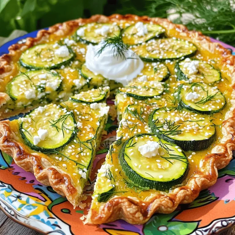 - 3 medium zucchinis, grated - 200g feta cheese, crumbled - 1 cup Greek yogurt Zucchini brings moisture and a light taste. Feta adds saltiness and creaminess. Greek yogurt keeps the pie rich and tangy. This trio creates a tasty base for the pie. - 1 cup all-purpose flour - 1 teaspoon baking powder - 1 teaspoon dried oregano - 1 teaspoon garlic powder - Salt and pepper to taste The flour gives the pie structure. Baking powder helps it rise and become fluffy. Oregano adds a hint of herb, while garlic powder brings depth. Salt and pepper enhance all the flavors. - 1 tablespoon olive oil (for greasing) - 1 tablespoon sesame seeds (for topping) - 1/2 cup fresh dill, chopped (optional for garnish) Olive oil keeps the pie from sticking. Sesame seeds add crunch and a nutty flavor. Fresh dill makes the dish pop with color and fragrance. You can skip the dill but it really brightens the pie. Explore the full recipe to get all the steps for this delightful dish! 1. Preheat the Oven: Set your oven to 180°C (350°F). This ensures your pie bakes evenly. 2. Grease the Pie Dish: Use 1 tablespoon of olive oil to lightly grease a round pie dish. This helps the pie not stick. 3. Drain the Zucchini: Grate 3 medium zucchinis and sprinkle them with salt. Let them sit for 10 minutes. Gather the zucchini in a clean kitchen towel and squeeze out the extra water. This step is key to avoiding a soggy pie. 1. Combine Wet Ingredients: In a separate bowl, whisk together 1 cup of Greek yogurt and 3 large eggs. Mix until smooth. 2. Add Dry Ingredients: To the wet mixture, add 200g of crumbled feta cheese, 1 cup of all-purpose flour, 1 teaspoon of baking powder, 1 teaspoon of dried oregano, and 1 teaspoon of garlic powder. Stir in the drained zucchini, then season with salt and pepper. 3. Mix Thoroughly: Use a spatula to combine everything well. You want a thick and smooth batter. 1. Transfer the Batter: Pour your zucchini mixture into the greased pie dish. Smooth the top with a spatula for an even layer. 2. Top with Sesame Seeds: Evenly sprinkle 1 tablespoon of sesame seeds across the top. This adds a nice crunch. 3. Baking Time and Temperature: Place the dish in the oven and bake for 35-40 minutes. The top should be golden brown and a toothpick inserted should come out clean. Follow these steps for a tasty Zucchini and Feta Pie! For the complete recipe, check out the [Full Recipe]. Draining Zucchini Effectively Draining zucchini is key for great texture. First, grate the zucchini and sprinkle a pinch of salt on top. Let it sit for 10 minutes. This step draws out excess moisture. Next, gather the zucchini in a clean kitchen towel. Squeeze hard to remove the water. This helps avoid a soggy pie. Avoiding Sogginess To keep your pie firm, use the drained zucchini right away. If you let it sit too long, it can release moisture again. Bake your pie soon after mixing. This keeps the crust crispy and the filling light. Seasoning Tips Zucchini can be mild, so season well. Use salt and pepper generously. Adding garlic powder brings warmth to the flavor. Dried oregano adds a nice herb taste. Feel free to experiment with spices! Optional Ingredients to Add Consider adding chopped onions for extra flavor. Fresh herbs like basil or parsley can brighten the dish. You can also mix in sun-dried tomatoes for a sweet touch. These additions can make your pie even more delicious. Pairing Suggestions Zucchini and feta pie pairs well with fresh salads. A simple green salad with lemon dressing works great. You can also serve it with a yogurt dip for a creamy contrast. Presentation Tips Cut the pie into wedges and place them on a colorful platter. Garnish with fresh dill for a pop of color. For an extra touch, add a dollop of Greek yogurt on the side. This adds creaminess and flavor. Enjoy sharing this tasty dish! {{image_4}} Alternative Cheeses You can easily swap feta cheese. Try goat cheese for a tangy twist. Ricotta adds creaminess and pairs well too. These options keep the dish flavorful and fun. Gluten-Free Options For a gluten-free version, replace all-purpose flour with almond flour or a gluten-free blend. This change maintains the pie's texture and taste, perfect for those avoiding gluten. Adding Fresh Herbs Fresh herbs can enhance your zucchini and feta pie. Basil, parsley, or chives are great choices. These herbs add brightness and depth to your dish. Just chop them finely and mix in before baking. Spices to Consider Consider adding spices for extra flavor. A pinch of cayenne pepper gives heat. Paprika adds smokiness, while cumin lends an earthy note. Experiment with these spices to find your favorite flavor combo. Hot vs. Cold This pie tastes great both hot and cold. Serve it warm right from the oven for a comforting meal. If you prefer, let it cool and serve at room temperature for a lighter option. Appetizer vs. Main Course You can serve zucchini and feta pie as an appetizer or a main dish. Cut it into small wedges for a fun starter. For a main course, pair it with a salad or roasted veggies to make a filling meal. - Refrigeration Tips: Store your zucchini and feta pie in the fridge. Let it cool completely first. Wrap it tightly in plastic wrap. This keeps it fresh for up to three days. You can also place it in an airtight container. This helps prevent moisture loss. - Best Containers to Use: Use glass or plastic containers that seal well. They help keep your pie tasting great. If you have a large piece, a pie dish with a lid is perfect. Just make sure it’s completely sealed to avoid drying out. - Oven vs. Microwave: The oven is best for reheating. Preheat it to 180°C (350°F). Place the pie on a baking sheet to catch any drips. Heat for about 10-15 minutes. This keeps the crust crispy. The microwave is quicker but can make the pie soggy. If you use the microwave, heat in short bursts, checking often. - Maintaining Texture: To keep the pie’s texture, cover it with foil in the oven. This helps it heat evenly. In the microwave, add a cup of water in the microwave. This adds moisture and helps avoid dryness. - How to Freeze Zucchini Pie: To freeze, wrap individual slices in plastic wrap. Then, place them in a freezer bag. Squeeze out the air before sealing. You can also freeze the whole pie. Just wrap it tightly in two layers of plastic wrap. - Thawing and Reheating: When ready to eat, thaw slices in the fridge overnight. For a whole pie, leave it on the counter for a few hours. Reheat using the oven to keep the crust crispy. Enjoy your tasty pie even after freezing! Yes, you can! Other veggies work well in this pie. Try adding spinach for a fresh taste. Bell peppers add a nice crunch. Grated carrots give a touch of sweetness. Just make sure the veggies are not too watery. Drain them like you do with zucchini. Definitely! Zucchini and feta pie is great for meal prep. Once cooled, slice it and store it in the fridge. Use an airtight container to keep it fresh. It lasts up to five days. This pie pairs well with a simple salad. A mixed green salad adds freshness. You can also serve it with a dollop of Greek yogurt. For drinks, try a light white wine or sparkling water. Check the top for a golden brown color. Insert a toothpick into the center. If it comes out clean, your pie is ready. If it’s still wet, bake it a few more minutes. Yes, you can! Prepare the pie and keep it in the fridge. Bake it the next day for fresh flavors. You can also freeze it before baking. Thaw overnight in the fridge before baking. For a complete guide, check the Full Recipe for all the details! Zucchini and Feta Pie is easy to make and full of flavor. We explored key ingredients, step-by-step instructions, and helpful tips for the best results. You can vary the recipe to fit your taste. Enjoy it hot or cold, as a main dish or appetizer. Proper storage keeps it fresh. With these insights, you can serve this dish with confidence. Try it out, and impress your family and friends with your skills. Happy cooking!