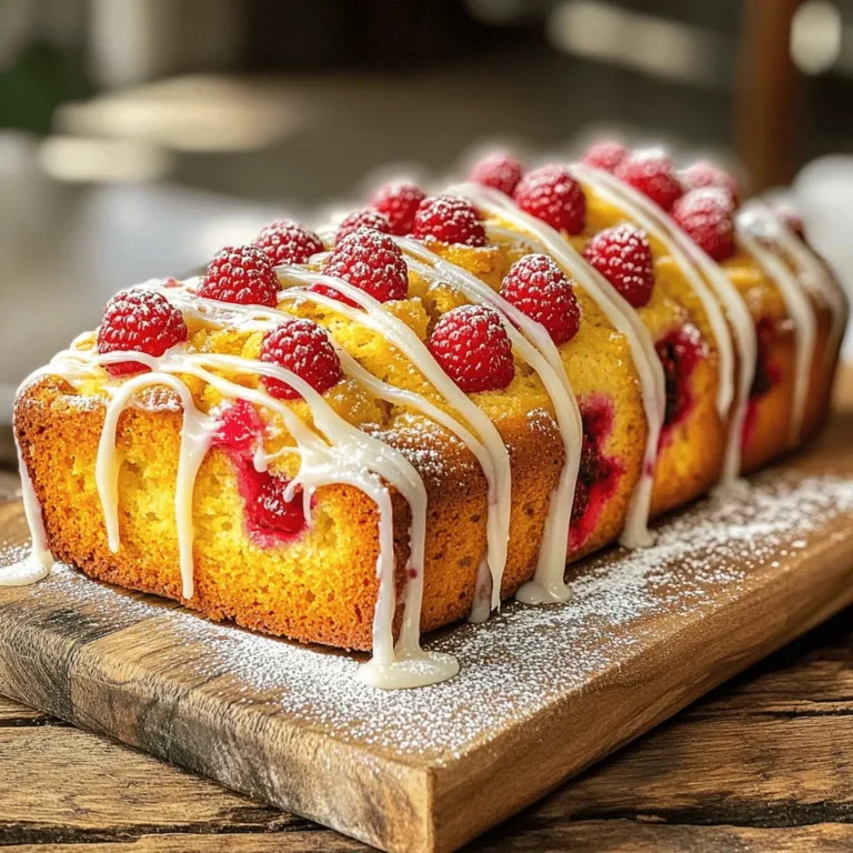 To bake a delicious Raspberry Lemon Loaf, you need these key ingredients: - 1 ½ cups all-purpose flour - 1 teaspoon baking powder - ½ teaspoon baking soda - ¼ teaspoon salt - ½ cup unsalted butter, softened - 1 cup granulated sugar - 2 large eggs, at room temperature - 1 teaspoon pure vanilla extract - Zest of 1 lemon, finely grated - ½ cup freshly squeezed lemon juice - 1 cup fresh raspberries (or frozen, thawed, and drained) - ¼ cup powdered sugar for glazing - 1 tablespoon freshly squeezed lemon juice for glazing You can add extra flavor or texture with these options: - ½ cup chopped nuts, like walnuts or almonds - ½ teaspoon almond extract for a nutty taste - Lemon zest can be increased for a stronger flavor - A handful of blueberries can mix well with raspberries If you run out of an ingredient, here are some swaps: - Use coconut oil instead of butter for a dairy-free version - Applesauce can replace eggs for a vegan loaf - If you lack lemon juice, use lime juice instead - Whole wheat flour can stand in for all-purpose flour, but it may change the texture With these ingredients and options, you can customize your Raspberry Lemon Loaf to fit your taste! Start by preheating your oven to 350°F (175°C). Grab a 9x5 inch loaf pan. Grease it with butter and lightly dust it with flour. This will help the loaf come out easily. In a medium bowl, whisk together the following: - 1 ½ cups all-purpose flour - 1 teaspoon baking powder - ½ teaspoon baking soda - ¼ teaspoon salt Set this mixture aside for later use. This step ensures the leavening agents are evenly distributed. In a large mixing bowl, use an electric mixer to cream together: - ½ cup unsalted butter, softened - 1 cup granulated sugar Beat them for about 3-5 minutes. The mixture should turn light and fluffy. This helps air to blend into the butter. Now, add 2 large eggs one at a time. Mix well after each addition. Next, stir in: - 1 teaspoon pure vanilla extract - Zest of 1 lemon Make sure everything combines fully. This adds a nice flavor to your loaf. Slowly pour in ½ cup of freshly squeezed lemon juice. Mix gently until it blends well with the other wet ingredients. This step gives your loaf a bright, zesty taste. Gradually add the dry mixture to the wet mix. Stir gently until just combined. Be careful not to overmix. This keeps your loaf light and airy. Now, it’s time to add the fun part! Gently fold in 1 cup of fresh raspberries. If you use frozen ones, coat them lightly in flour. This helps them stay suspended in the batter. Pour the batter into your prepared loaf pan. Smooth the top with a spatula. Bake in the preheated oven for 50-60 minutes. Check for doneness by inserting a toothpick in the center. It should come out clean. Once baked, let the loaf cool in the pan for about 10 minutes. Then transfer it to a wire rack to cool completely. For glazing, mix together: - ¼ cup powdered sugar - 1 tablespoon freshly squeezed lemon juice Drizzle this glaze over the cooled loaf for a sweet finish. Slice the loaf into generous pieces. Enjoy the burst of raspberry and lemon flavors in every bite! You can serve it on pretty plates. Garnish with fresh raspberries and a sprinkle of lemon zest for an elegant touch. This loaf is perfect for breakfast or a sweet snack! For the Full Recipe, check out the detailed instructions. One big mistake is overmixing the batter. This can make the loaf tough. Mix until just combined for a light texture. Another mistake is not checking the oven temperature. An oven thermometer can help ensure accuracy. Also, if you forget to grease your pan, the loaf may stick. Always prepare your pan before pouring in the batter. For a soft and moist loaf, use room temperature ingredients. Cold butter or eggs can lead to uneven mixing. When folding in raspberries, do it gently. This helps keep them whole and prevents a mushy loaf. Make sure your oven is fully preheated. This ensures even baking and a perfect rise. To boost flavor, add more lemon zest. This can brighten the taste. You can also mix in a dash of almond extract for a unique twist. If you want a sweeter glaze, add more powdered sugar. For a touch of spice, a pinch of cinnamon can be delightful. Enjoy experimenting with flavors to find your perfect blend! {{image_4}} To make a gluten-free version, swap the all-purpose flour with a gluten-free blend. Use one that works well for baking. The texture may change slightly, but the taste will still shine. This version is just as delicious and perfect for those with gluten issues. For a vegan twist, replace the eggs with flax eggs. Mix one tablespoon of ground flaxseed with three tablespoons of water. Let it sit for five minutes. Use a plant-based butter instead of regular butter. This keeps the loaf moist and tasty while being dairy-free. You can switch out the raspberries for other fruits! Blueberries or strawberries work well. For a tropical touch, try diced pineapple or mango. Each fruit brings its own flavor, making your loaf unique. Experiment and find your favorite mix! For the full recipe, refer to the section above. After you bake your Raspberry Lemon Loaf, let it cool completely. Wrap it tightly in plastic wrap or foil. You can also place it in an airtight container. Store it at room temperature for up to three days. If you prefer, keep it in the fridge for about a week. This helps keep it fresh and moist. To freeze the loaf, first cool it completely. Then, slice it into even pieces. Wrap each slice in plastic wrap. Next, place the wrapped slices in a freezer-safe bag. You can freeze them for up to three months. When you’re ready to enjoy a slice, thaw it in the fridge overnight or let it sit at room temperature for a few hours. Reheating is simple. You can use a microwave or an oven. For the microwave, heat a slice for about 15-20 seconds. Check if it’s warm enough. If you use the oven, preheat it to 350°F (175°C). Place the slice on a baking sheet for about 5-10 minutes. This method keeps the loaf soft and tasty. Enjoy your Raspberry Lemon Loaf warm with a cup of tea or coffee! You can check if your loaf is done by inserting a toothpick in the center. If it comes out clean or with just a few crumbs, your loaf is ready. You can also look for a golden-brown crust and a slight spring back when you gently press the top. Yes, you can use frozen raspberries! Just make sure to thaw them and drain off any extra liquid. Toss them in some flour before folding them into the batter. This helps to keep them from sinking to the bottom while baking. If you don't have lemon juice, you can use lime juice or even apple cider vinegar. Both options will give a nice tang to your loaf. Just remember that the flavor will change slightly. The Raspberry Lemon Loaf will stay fresh for about 3-4 days at room temperature if stored in an airtight container. It also freezes well for up to 3 months. Just wrap it tightly before freezing. Absolutely! You can make the loaf a day or two ahead of time. Store it in an airtight container to keep it moist. You can also prepare the batter in advance and bake it later for a fresh treat. Be sure to check the [Full Recipe] for more tips! Here is the full recipe for Raspberry Lemon Dream Loaf. This treat is bright, sweet, and tangy. You will want to make it again and again. Ingredients: - 1 ½ cups all-purpose flour - 1 teaspoon baking powder - ½ teaspoon baking soda - ¼ teaspoon salt - ½ cup unsalted butter, softened to room temperature - 1 cup granulated sugar - 2 large eggs, at room temperature - 1 teaspoon pure vanilla extract - Zest of 1 lemon, finely grated - ½ cup freshly squeezed lemon juice - 1 cup fresh raspberries (or frozen raspberries, thawed and drained) - ¼ cup powdered sugar for glazing - 1 tablespoon freshly squeezed lemon juice for glazing This loaf serves about 10 people. Each slice has around 200 calories. You get a nice mix of carbs, fat, and protein. The fresh raspberries add fiber and vitamins, too. Slice the loaf into thick pieces. Each slice is perfect for a dessert or a snack. You can serve it on its own or with a cup of tea. The bright flavors make it a crowd-pleaser. For a fancy touch, add a few raspberries on top. Enjoy every bite! In this article, we explored the essential ingredients for a Raspberry Lemon Loaf, including optional add-ins and substitutions. I provided clear, step-by-step instructions to guide you from mixing to baking. We discussed tips for avoiding mistakes and achieving the right texture. You also learned about variations, storage methods, and answers to common questions. Now, with these insights, you can create a delicious loaf that suits your taste and needs. Enjoy baking and sharing this delightful treat!