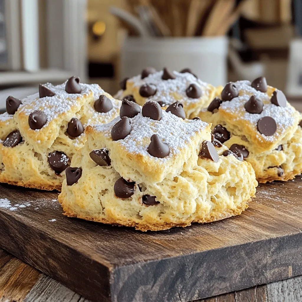 - 2 cups all-purpose flour - 1/3 cup granulated sugar - 1 tablespoon baking powder - 1/2 teaspoon salt - 1/2 cup unsalted butter, cold and cubed - 1/2 cup heavy cream - 1 large egg - 1 teaspoon vanilla extract - 1 cup semi-sweet chocolate chips - 1/4 cup chocolate chips, reserved for topping - Optional: powdered sugar for dusting When I make chocolate chip scones, I start with the basics. The flour adds structure and the sugar brings sweetness. Baking powder makes them rise, while salt balances the flavors. Cold butter is key for flakiness. It helps create those lovely layers. Heavy cream adds richness. The egg provides moisture and binds everything together. Vanilla adds a hint of warmth. The chocolate chips? They are the star of the show, bringing gooey goodness in each bite. Reserve some for the top to enhance the look. If you want a sweet finish, you can sprinkle powdered sugar on top before serving. This simple addition makes the scones look fancy and adds a touch of sweetness. You can find the full recipe in the article, but remember, the right ingredients set the stage for delicious scones. - First, preheat your oven to 400°F (200°C). This ensures even baking. - Prepare your baking sheet by lining it with parchment paper. This prevents the scones from sticking. - In a large bowl, combine 2 cups of all-purpose flour and 1/3 cup of granulated sugar. - Add 1 tablespoon of baking powder and 1/2 teaspoon of salt. Whisk these ingredients well. - Add 1/2 cup of cold, cubed unsalted butter to the flour mix. - Use your fingertips or a pastry cutter. Work the butter in until it looks like coarse crumbs. Cold butter is key for flaky scones. - In a separate bowl, whisk together 1/2 cup of heavy cream, 1 large egg, and 1 teaspoon of vanilla extract. This mix brings moisture. - Gradually pour the wet mix into the dry mix. Stir with a spatula until just combined. - Be careful not to over-mix. This keeps your scones light and tender. - Gently fold in 1 cup of semi-sweet chocolate chips. Make sure they’re evenly spread throughout. - Turn the dough onto a floured surface. Pat it into a circle about 1-inch thick. Cut into 8 wedges like a pizza. - Place the scones on your prepared baking sheet. Bake for 15-20 minutes, until golden brown on top. - Once baked, let them cool for a few minutes. Then, transfer to a wire rack. - If you wish, dust with powdered sugar just before serving. This adds sweetness and a nice finish. For the complete instructions, check the Full Recipe! To make perfect scones, avoid overworking the dough. When you mix, do it gently. Overworking makes the scones tough. You want them soft and flaky. Cold ingredients are key to flaky scones. Use cold butter, cream, and even your mixing bowl. Cold butter creates steam when baking. This steam helps scones rise and become light. Adding citrus zest can brighten up your scones. Try lemon or orange zest. Just a little will make a big difference. You can also switch chocolate types for flavor. Use dark chocolate or white chocolate. Each type gives a unique taste and texture to your scones. Serve the scones warm on a nice platter. They look great with fresh berries or mint leaves. This adds color and freshness. For a lovely touch, dust them with powdered sugar. It makes them look fancy and adds sweetness. Enjoy your scones with a hot drink for the best treat. For the full recipe, check out the Decadent Chocolate Chip Scones! {{image_4}} You can make chocolate chip scones even more fun by adding different flavors. - Adding Nuts or Dried Fruit: Chopped nuts like walnuts or pecans give a nice crunch. Dried fruit, like cranberries or apricots, adds a sweet twist. Mix a half cup of your choice into the dough for added flavor and texture. - Switching Chocolate Types: Instead of semi-sweet chocolate chips, try dark chocolate for a richer taste. White chocolate adds a sweet contrast. You can even mix different types for a fun flavor surprise! If you need a gluten-free version, you can use special flours. - Alternative Flour Suggestions: Almond flour or coconut flour works well. You can also try a gluten-free flour blend. Just remember, you may need to adjust the amount of liquid in the recipe. Making these scones vegan is easy with simple swaps. - Substitutes for Eggs and Dairy: Instead of eggs, use a flax egg. Mix one tablespoon of ground flaxseed with three tablespoons of water. For the cream, use coconut cream or almond milk. These swaps keep your scones tasty and fluffy. Explore these variations to make your chocolate chip scones unique and delightful! To keep your leftover scones fresh, store them in an airtight container. This helps keep moisture in and prevents them from getting stale. You can also wrap each scone in plastic wrap before placing them in the container for extra protection. Keep them at room temperature for up to three days. If you want to keep them longer, freezing is a great choice. To freeze scones, start by letting them cool completely after baking. Then, wrap each scone tightly in plastic wrap. Place the wrapped scones in a freezer-safe bag or container. They can last in the freezer for up to three months. For thawing and reheating, simply remove a scone from the freezer and let it sit at room temperature for about an hour. You can also reheat in the oven at 350°F for about 10 minutes. This warms them up and restores their flaky texture. Enjoy your scones warm for the best taste! Look for a light golden color on top. The edges should be firm and slightly crisp. You can also check by inserting a toothpick; it should come out clean or with a few crumbs. This tells you they are ready to enjoy. Yes, you can! If you need to swap out flour, try almond or oat flour. For dairy, use almond milk or coconut cream instead of heavy cream. If you don’t have eggs, use applesauce or a flaxseed mixture. These swaps can still taste great! To keep your scones moist, don’t over-mix the dough. This is key for fluffiness. Also, use cold butter and heavy cream. Adding a bit more cream can help too. Lastly, watch the baking time closely to avoid dryness. Chocolate chip scones pair well with jam, butter, or clotted cream. Fresh fruit, like berries, adds a nice touch. For drinks, serve with tea or coffee. This makes for a perfect afternoon snack. Check out the full recipe for these decadent chocolate chip scones [here](#). This blog post covered how to make delicious chocolate chip scones. You learned about the key ingredients, step-by-step instructions, and tips for success. Remember, cold butter and careful mixing are key to flaky, tasty scones. Feel free to explore different flavors and variations. They can impress your friends or brighten your morning. With good storage methods, you can enjoy them later, too. Baking scones is fun, and the results are always worth it. Enjoy your baking journey and share your creations!