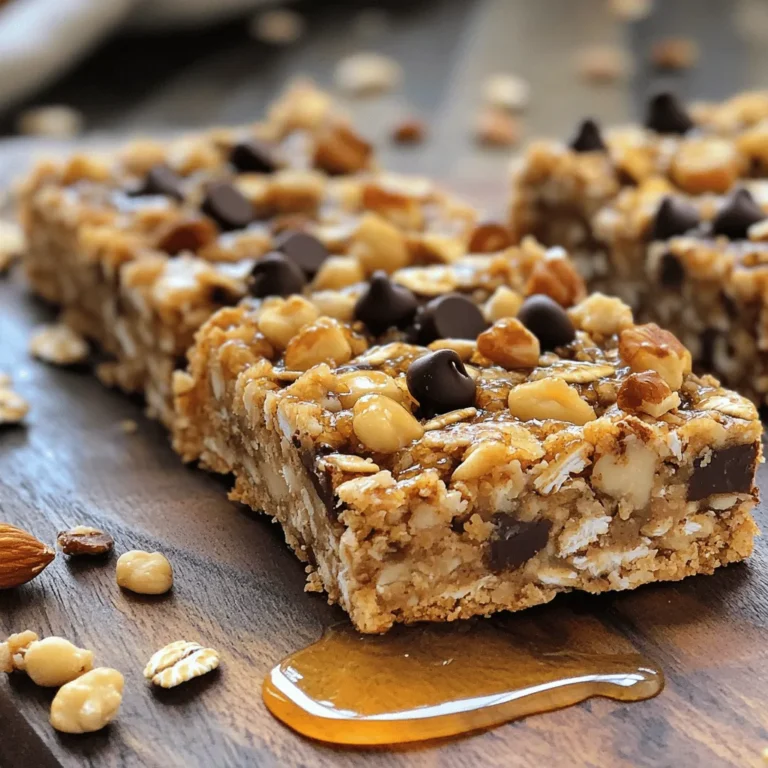 To make healthy peanut butter oat bars, you need a few key items: - 2 cups rolled oats - 1/2 cup natural peanut butter - 1/4 cup honey or maple syrup - 1/4 cup unsweetened applesauce - 1/2 cup mixed nuts (almonds, walnuts, cashews), roughly chopped - 1/4 cup dark chocolate chips (optional) - 1/2 teaspoon ground cinnamon - 1/4 teaspoon sea salt These ingredients work together to create a tasty and nutritious snack. The oats provide fiber, while the peanut butter adds protein and healthy fats. Honey or maple syrup gives sweetness, and applesauce keeps the bars moist. You can easily change your bars by adding extra flavors or textures. Here are some fun options: - Dried fruits (like cranberries or raisins) - Seeds (like chia or flaxseed) - Protein powder for an extra boost - Coconut flakes for added flavor Feel free to mix and match these add-ins to suit your taste. These oat bars pack a nutritious punch. Here’s a quick look at what you’ll get: - Calories: About 150 per bar - Protein: Around 5g, thanks to the peanut butter and nuts - Fiber: Approximately 3g from the oats and nuts - Healthy Fats: Includes unsaturated fats from the peanut butter and nuts These bars not only taste great but also fuel your body. With their balanced nutrition, they make a perfect snack or breakfast option. For the complete recipe, check the Full Recipe link. Start by preheating your oven to 350°F (175°C). This step ensures even baking. Next, grab an 8x8-inch baking pan. Line it with parchment paper, letting some paper hang over the edges. This makes it easy to lift the bars out later. In a large mixing bowl, combine 2 cups of rolled oats, 1/2 teaspoon of ground cinnamon, and 1/4 teaspoon of sea salt. Stir well until the dry ingredients are mixed evenly. This mix creates a solid base for your bars. In a separate bowl, blend together 1/2 cup of natural peanut butter, 1/4 cup of honey or maple syrup, and 1/4 cup of unsweetened applesauce. Mix vigorously until the mixture is smooth. Pour this wet mixture into the bowl with the dry ingredients. Stir thoroughly, ensuring all the oats are coated. Now, it’s time for the fun part! Fold in 1/2 cup of roughly chopped mixed nuts and 1/4 cup of dark chocolate chips, if you want a sweet touch. Make sure to distribute these extras evenly throughout the batter. Spoon the mixture into your prepared baking pan. Use a spatula or your hands to press the mixture down firmly. This ensures the bars hold their shape while baking. Bake in the preheated oven for 20-25 minutes. Look for a lovely golden brown color on the edges. Once done, remove the pan from the oven. Let it cool for about 10 minutes. Use the parchment paper to lift the bars from the pan and place them on a wire rack. Allow them to cool completely before cutting into your desired size. You can store any leftovers in an airtight container to keep them fresh. Enjoy these tasty treats as a snack or a quick breakfast! For the complete recipe, see the Full Recipe section. To get the best texture for your peanut butter oat bars, use rolled oats. They stay chewy and hold together well. If you want a softer bar, add a bit more applesauce. For crunch, add more nuts. Press the mixture firmly into the pan. This helps the bars hold their shape when baked. Store your bars in an airtight container. This keeps them fresh and moist. You can also layer parchment paper between bars to prevent sticking. If you want to keep them longer, freeze them. They freeze well for up to three months. Just wrap them tightly in plastic wrap before placing them in a freezer bag. These bars make a great snack or breakfast. Cut them into small squares for easy grabbing. Pair them with yogurt or fruit for a balanced meal. You can also drizzle some honey on top for added sweetness. Feel free to explore the [Full Recipe] for more ideas on how to enjoy these delicious treats! {{image_4}} You can change up the nuts in your oat bars. Use almonds, walnuts, or cashews. If you like seeds, try adding pumpkin seeds or sunflower seeds. These options add crunch and healthy fats. Mix and match to find your favorite combination. If you want a different sweet taste, try maple syrup instead of honey. You can also use agave nectar for a milder flavor. For a low-calorie option, consider stevia or monk fruit sweetener. Each sweetener changes the taste just a little. Adding fruits and spices can make your bars pop with flavor. Try mashed bananas or dried fruits like cranberries or apricots. For spices, add a pinch of nutmeg or ginger for warmth. You can even fold in some cocoa powder for a chocolatey twist. These small changes can make your bars exciting and unique. To keep your healthy peanut butter oat bars fresh, store them in an airtight container. This helps to lock in moisture and flavor. You can keep them at room temperature for up to a week. If you want them to last longer, consider refrigerating them. The cool air helps maintain their taste and texture. Freezing is a great way to extend the life of your oat bars. Wrap each bar tightly in plastic wrap. Then place them in a freezer-safe bag or container. You can freeze the bars for up to three months. When you're ready to enjoy them, just take out a bar and let it thaw on the counter. If you prefer warm bars, you can reheat them. Simply place a bar in the microwave for about 15-20 seconds. This warms them up nicely and brings back their fresh-baked taste. If you stored them in the fridge, let them sit at room temperature for a few minutes before warming to avoid cold centers. For more details, check out the Full Recipe. Yes, you can swap peanut butter for almond, cashew, or sunbutter. Each nut butter brings its own flavor. Almond butter gives a creamy texture, while cashew butter is milder. Sunbutter is a great option for nut allergies. Just make sure to choose a natural nut butter without added sugars or oils. These oat bars last about one week at room temperature. Keep them in an airtight container. For longer storage, they can stay fresh in the fridge for about two weeks. If you want to enjoy them later, freeze the bars. They can last up to three months in the freezer. Just thaw them when you are ready to eat. Yes, this recipe is gluten-free if you use certified gluten-free oats. Most rolled oats are naturally gluten-free. However, some brands may process oats with gluten-containing grains. Always check the label before buying. This way, you can enjoy your oat bars without worry. Yes, you can skip added sugars. Use ripe bananas instead of honey or maple syrup. Applesauce also adds natural sweetness. You can add a bit more applesauce if you want a sweeter taste. This keeps the oat bars healthy and tasty without extra sugar. You now have a complete guide to making healthy peanut butter oat bars. We covered essential ingredients and fun add-ins to suit your taste. Step-by-step instructions ensure your bars come out perfectly every time. I shared tips for the best texture and storage methods to keep them fresh. You can also explore different variations for added flavor. These oat bars are easy to make, fun to customize, and nutritious. Enjoy your delicious, homemade snacks!