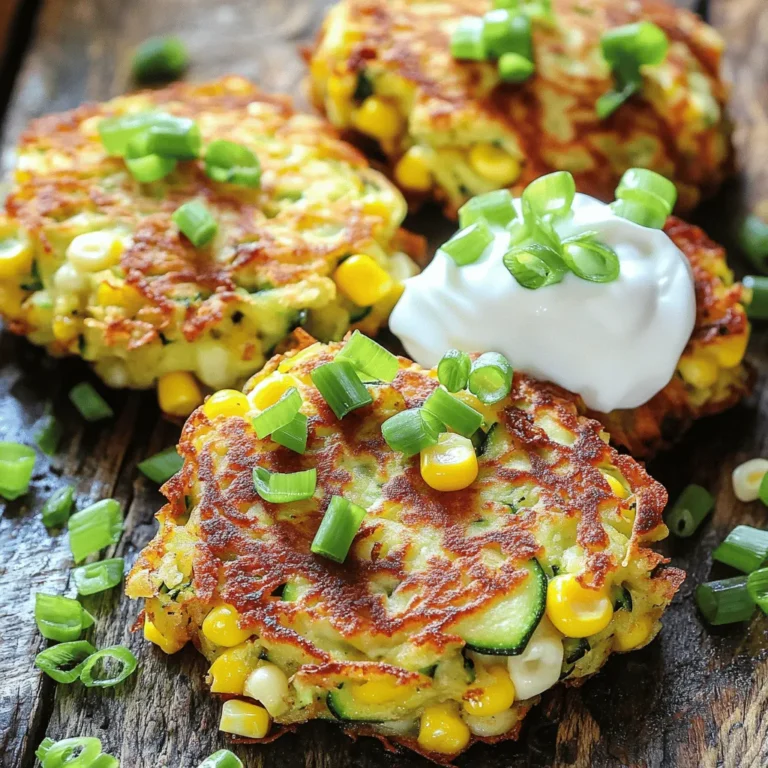 To make delicious zucchini corn fritters, gather these fresh ingredients: - Zucchini: 2 medium, grated - Corn: 1 cup, kernels (fresh or frozen) - Flour: 1/2 cup, all-purpose - Cornmeal: 1/4 cup - Eggs: 2 large, beaten - Green Onions: 1/4 cup, finely chopped - Baking Powder: 1/2 teaspoon - Spices: 1 teaspoon chili powder, 1/2 teaspoon garlic powder - Seasoning: Salt and pepper to taste - Olive Oil: For frying - Optional Garnish: Sour cream or yogurt for serving Each ingredient plays a key role in creating the perfect fritters. The zucchini adds moisture and flavor, while corn gives a sweet crunch. Flour and cornmeal provide structure, keeping the fritters together. Eggs bind everything, making them light and fluffy. The spices add warmth and depth. Using fresh corn enhances the taste, but frozen works too. Green onions bring brightness and a mild onion flavor. Baking powder helps them rise, making them airy. Season with salt and pepper to balance the flavors. You can serve these fritters with a dollop of sour cream or yogurt for creaminess. This simple combination of ingredients creates a dish that is tasty, fun, and easy to make. For the full recipe, check out the details above. First, you need to grate the zucchinis. Use a box grater or a food processor for this task. Next, place the grated zucchini into a clean kitchen towel. Gather the ends of the towel and squeeze firmly. This step removes extra moisture. Dry zucchini helps the fritters hold together. If they are too wet, the fritters will be soggy. In a spacious mixing bowl, combine the flour, cornmeal, baking powder, chili powder, garlic powder, salt, and pepper. Use a whisk to blend the dry ingredients well. This ensures that the spices mix evenly. A good mix adds flavor to every bite. Now, add the squeezed zucchini, corn kernels, and chopped green onions to the dry mix. Pour in the beaten eggs. Stir everything together gently. You want the mixture to be thick but still smooth. This right consistency is key for frying. Heat a large skillet over medium heat. Add enough olive oil to cover the bottom by about 1/4 inch. To check if the oil is ready, drop a small spoonful of batter into it. If it sizzles, the oil is hot. Carefully drop heaping tablespoons of the batter into the hot oil. Flatten them slightly with the back of the spoon. Fry the fritters for 3-4 minutes on each side. They should turn golden brown and crispy. Once the fritters are cooked, use a slotted spoon to move them to a plate lined with paper towels. This helps drain excess oil, making them lighter. For a great presentation, stack the fritters on a colorful platter. Add a small bowl of sour cream on the side. You can sprinkle more chopped green onions on top for extra flair. For the full recipe, you can refer to the earlier section. To get the best texture, start by balancing moisture. Squeeze the grated zucchini well. This step is key. Too much water makes soggy fritters. Use a clean kitchen towel to help. After squeezing, you should see less liquid in the bowl. Next, adjust the flour and cornmeal ratios. If your batter feels too wet, add more flour. If it’s too dry, a little more cornmeal helps. Play around with these amounts until you find the perfect mix. A thick but smooth batter works best. Want to kick up the flavor? Try adding spices like cumin or paprika. Fresh herbs like cilantro or parsley also add a nice touch. You can even mix in some grated cheese. Feta or cheddar works great! These little changes can make your fritters feel new and exciting. You can also combine different ingredients for a twist. How about adding diced bell peppers or jalapeños? They can bring extra crunch and heat. Be creative and experiment with flavors you enjoy. When frying, the oil temperature is very important. Heat the oil over medium heat. If it’s too hot, the outside burns before the inside cooks. If it’s too low, your fritters soak up oil and become greasy. A small drop of batter should sizzle immediately when it hits the oil. Avoid overcrowding your skillet. Fry in batches. If you put too many fritters in at once, they won’t cook evenly. Leave space around each fritter so they get crispy. This way, you enjoy that golden-brown crunch with every bite. For the full recipe, check out the detailed steps above. {{image_4}} You can easily swap ingredients in your zucchini corn fritters. If you want to replace eggs, try flaxseed or applesauce. Just mix one tablespoon of ground flaxseed with three tablespoons of water. Let it sit for a few minutes to thicken, then add it to your batter. Applesauce works well too. Use 1/4 cup of unsweetened applesauce instead of eggs. For a gluten-free version, consider using almond flour or chickpea flour. Almond flour keeps the fritters light and nutty. Chickpea flour adds a nice flavor and helps bind the fritters. Both options make your dish safe for gluten-sensitive friends. You can also change up your fritters with seasonal veggies. Add bell peppers for a sweet crunch or spinach for a pop of color. Both will enhance the flavor and nutrition of your fritters. Try using different types of cheese, too. Feta adds a tangy kick, while cheddar gives a rich, creamy taste. When it comes to dipping sauces, think outside the box! A zesty yogurt dip with lemon and herbs pairs nicely with the fritters. You can also serve them with a spicy salsa or a creamy avocado dip. For creative serving ideas, stack the fritters high on a colorful platter. They make a great appetizer or snack. Add a small bowl of your favorite dip for guests to enjoy. Whether it's a party or a family meal, these fritters are sure to impress! For the full recipe, check out the ingredients and steps provided above. To keep your zucchini corn fritters fresh, store them in an airtight container. Place parchment paper between layers to prevent sticking. Refrigerate them right after they cool down. They stay good for about 3 to 4 days. If you notice any water or moisture in the container, change the paper to keep them crispy. For the best results, reheat fritters in a skillet on medium heat. This method helps them regain their crispiness. Add a little olive oil to the pan and place the fritters in it. Heat for about 2 to 3 minutes on each side. Avoid using the microwave, as it can make them soggy and lose that delightful crunch. To freeze fritters, let them cool completely first. Lay them out in a single layer on a baking sheet. Freeze until solid, then transfer them to a zip-top bag. They can last in the freezer for up to 2 months. When you’re ready to enjoy, thaw them in the fridge overnight before reheating in a skillet. This method keeps them tasty and crispy. To keep your fritters intact, proper binding is key. Always squeeze out extra moisture from the grated zucchini. This step helps your fritters hold together better. You can also add more flour if the batter seems too wet. Heat plays a big role as well. Make sure your oil is hot enough before adding the fritters. If the oil is cold, the fritters will absorb too much oil and may break apart. Fry them for about 3-4 minutes per side until golden brown. Yes, you can make zucchini corn fritters ahead of time. Prepare the batter and store it in the fridge for up to one day. Cover it tightly to keep it fresh. For storage, place cooked fritters in an airtight container. They will last for about three days in the fridge. When you are ready to eat, reheat them in a skillet. This keeps them crispy and tasty. These fritters pair well with many sides. A fresh salad adds crunch and color. You can also serve them with a yogurt dip or a tangy salsa. For drinks, consider a light beer or lemonade. They complement the flavors nicely. You can even enjoy them with a glass of refreshing iced tea. For the complete recipe, check the [Full Recipe]. To make delicious zucchini corn fritters, start with great ingredients and careful preparation. Grate zucchini and squeeze out moisture for a perfect texture. Mix the dry ingredients evenly, then combine everything for a tasty batter. Fry them in hot oil until golden brown, and drain on paper towels. Remember to get creative with variations and enjoy them with dips. By following these tips, you can impress friends and family with your cooking skills. Enjoy every bite of these delightful fritters!
