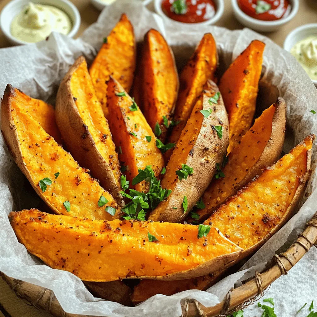 - 2 large sweet potatoes - 3 tablespoons extra virgin olive oil - Seasoning mix: smoked paprika, garlic powder, onion powder, cayenne pepper - Sea salt and freshly ground black pepper - Fresh parsley, finely chopped - Baking sheet - Parchment paper - Mixing bowl - Knife and cutting board When I prepare crispy sweet potato wedges, I love how simple it is to gather the ingredients. You only need a few key items, and they all work together for amazing flavor. Start with the sweet potatoes. I choose large ones, as they yield more wedges. The olive oil is essential for roasting. It helps the spices stick and gives the wedges that nice crisp. For the seasoning, I mix smoked paprika, garlic powder, onion powder, and cayenne pepper. This blend adds a smoky, savory kick that makes the sweet potatoes shine. Don’t forget the sea salt and black pepper to enhance all the flavors! If you want to make them even prettier, consider adding fresh parsley as a garnish. It adds color and a fresh taste. You will also need some basic tools. A baking sheet lined with parchment paper keeps the wedges from sticking. A mixing bowl helps combine the oil and spices. Finally, a knife and cutting board are needed to slice the sweet potatoes. For the full recipe, check out the detailed instructions. Enjoy making these sweet potato wedges! - Preheat your oven to 425°F (220°C). - Wash and peel the sweet potatoes. - Slice the sweet potatoes into wedges. Aim for about 1/2 inch thick. This size helps them cook evenly. - In a large mixing bowl, combine 3 tablespoons of extra virgin olive oil with the seasonings. - These seasonings include 1 teaspoon of smoked paprika, 1 teaspoon of garlic powder, 1 teaspoon of onion powder, and 1/2 teaspoon of cayenne pepper. - Add sea salt and freshly ground black pepper to taste. - Whisk until the mixture is smooth and aromatic. - Toss the sweet potato wedges in the seasoned oil. - Make sure each wedge gets a good coating. - Arrange the wedges on a baking sheet lined with parchment paper. - Be careful not to overcrowd the pan. This will help them crisp up nicely. - Bake for 25-30 minutes. Remember to flip them halfway through for even cooking. - They should be tender and golden brown when done. For the full recipe, check the earlier section. Enjoy your crispy sweet potato wedges! To get your sweet potato wedges extra crispy, it’s key to avoid overcrowding the baking sheet. When you pile them too close, they steam instead of roast. This makes them soft, not crispy. Arrange the wedges in a single layer for the best results. If your oven has a convection setting, consider using it. This feature helps circulate hot air, creating a crispier finish on all sides. Presentation matters. Serve your crispy sweet potato wedges in a rustic basket lined with parchment paper. This not only looks nice but adds to the homemade feel. Pair your wedges with dipping sauces like creamy garlic aioli or spicy ketchup. These sauces bring out the flavor and make eating more fun! Don’t be afraid to get creative with your seasonings! Try adding spices like chili powder or cumin for a kick. These spices can give your wedges a bold flavor. Another great idea is to sprinkle Parmesan cheese on top before baking. This gives a savory twist that takes your sweet potato wedges to the next level. Enjoy experimenting with flavors that you love! {{image_4}} To make your sweet potato wedges spicy, increase the cayenne pepper. You can also sprinkle in some chili flakes for an extra kick. This adds heat and flavor that pairs well with the sweetness of the potatoes. If you love spice, this variation is a must-try! For a sweeter twist, sprinkle the wedges with cinnamon before baking. You can also drizzle honey on top after they come out of the oven. This adds a nice glaze and enhances their natural sweetness, creating a delightful treat that’s different from the savory version. You can elevate the flavor by adding fresh herbs. Try mixing in chopped rosemary or thyme before baking. These herbs bring out a unique taste and aroma that pairs beautifully with the sweet potatoes. The result is a fragrant, herb-infused wedge that’s sure to impress. Feel free to explore these variations and find your favorite way to enjoy crispy sweet potato wedges. For the full recipe, check out the detailed steps above. After you enjoy your crispy sweet potato wedges, let them cool down. Then, place the cooled wedges in an airtight container. This keeps them fresh and ready for later. Store them in the fridge for up to three days. To bring back that crispy texture, reheat the wedges in the oven or air fryer. Preheat your oven to 400°F (200°C) and bake for about 10 minutes. If using an air fryer, heat it to 375°F (190°C) and cook for 5-7 minutes. Both methods will make them crispy again. You can also freeze the sweet potato wedges for future meals. First, let them cool completely. Then, spread them out on a baking sheet and pop them in the freezer for about an hour. Once frozen, transfer them to a freezer-safe bag. To reheat, bake straight from the freezer, adding an extra 5-10 minutes to the cooking time. Enjoy your crispy sweet potato wedges later! For the full recipe, check the details above. To make sweet potato wedges crispy, you need to focus on a few key steps. First, cut the sweet potatoes into uniform wedges. This helps them cook evenly. Aim for about 1/2 inch thickness. Next, use enough oil. I recommend three tablespoons of extra virgin olive oil. Toss the wedges well to coat them, but don’t drown them in oil. Too much oil can lead to sogginess. Set your oven to 425°F (220°C). Preheat it fully before baking. A hot oven helps create that crispy texture. Spread the wedges out on the baking sheet. Make sure they are not touching. This allows air to circulate around them. Flip the wedges halfway through cooking for even browning. Yes, you can use other types of potatoes. Regular potatoes work well. They have a similar texture and will also become crispy. You can choose russet or Yukon gold potatoes as great options. Yams are another choice. They have a sweeter taste than regular potatoes. However, they may not crisp up as nicely. If you want a different flavor, sweet potatoes are a great option. Many dipping sauces pair nicely with sweet potato wedges. Here are some popular options: - Garlic aioli: Creamy and rich, it complements the sweetness. - Spicy ketchup: Adds a zesty kick to your wedges. - Honey mustard: Balances sweetness with tang. - Chipotle mayo: Gives a smoky and spicy flavor. You can also make dips at home. For creamy garlic aioli, mix mayonnaise with minced garlic, lemon juice, and salt. Enjoy experimenting to find your favorite! This article covered the steps to make delicious sweet potato wedges. We discussed the key ingredients, tools, and step-by-step instructions to cook them perfectly. With tips for crispiness and a variety of flavors, you can enjoy these wedges in many ways. Don't forget to experiment with garnishes and sauces to elevate your dish. By following these guidelines, you can create tasty sweet potato wedges that impress anyone at your table. Enjoy making and sharing your tasty creations!