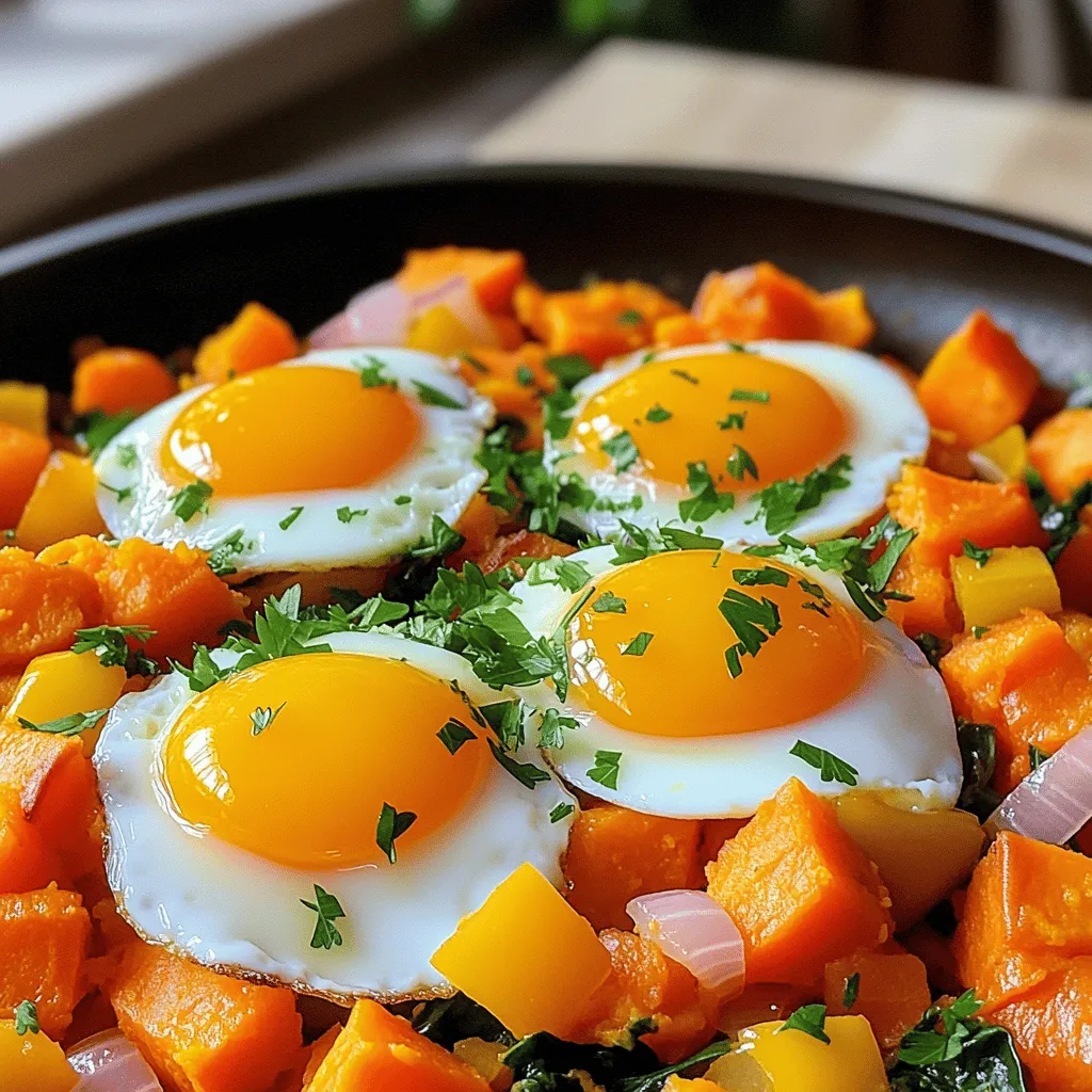 To create a tasty Sweet Potato Breakfast Hash, you need a few key ingredients. Each one adds flavor and nutrition to your meal. - 2 medium sweet potatoes, peeled and diced into bite-sized pieces - 1 red bell pepper, diced - 1 yellow onion, diced - 1 cup fresh spinach, chopped - 3 large eggs - 1 teaspoon smoked paprika - 1/2 teaspoon garlic powder - 1/2 teaspoon salt - 1/4 teaspoon black pepper - 2 tablespoons olive oil (divided) - Fresh parsley, finely chopped (for garnish) Sweet potatoes are the star of this dish. They bring a sweet and earthy taste. Red bell peppers and onions add a crunch and a pop of color. Fresh spinach gives a nice green touch and boosts nutrition. The seasoning is simple but powerful. Smoked paprika brings warmth, while garlic powder adds depth. Salt and black pepper balance the flavors. Olive oil helps cook the veggies and brings richness to the hash. You can find the full recipe linked above to help you prepare this delicious and filling meal. Cooking sweet potatoes Start by heating one tablespoon of olive oil in a large skillet over medium heat. Once the oil shimmers, add the diced sweet potatoes. Season them with salt, black pepper, smoked paprika, and garlic powder. Stir well to coat the sweet potatoes evenly. Cover the skillet with a lid and cook for about 10 minutes. Stir occasionally to ensure even cooking. You want the sweet potatoes to be tender with a slight crispness on the edges. Adding vegetables Next, add the diced red bell pepper and onion into the skillet. Mix everything well. Cook for an additional 5 to 7 minutes until the vegetables soften. You want the onion to become translucent and sweet. After that, gently fold in the chopped spinach. Let it cook for about 2 minutes, just until the spinach wilts and turns vibrant. Cooking eggs Now, create three small wells in the mixture using a spatula. Carefully crack an egg into each well. Cover the skillet again and cook until the eggs reach your desired doneness. This usually takes about 4 to 5 minutes for sunny-side-up eggs. Once the eggs are cooked, remove the skillet from heat. Sprinkle fresh chopped parsley on top for color and flavor. Serve this delightful breakfast hash right away. You can find the full recipe above if you need a reference. The best way to cook sweet potatoes is to dice them small. This helps them cook faster. I usually peel them first, but you can leave the skin on for extra fiber. Heat olive oil in a skillet over medium heat. Add the sweet potatoes and season them well. For seasoning, I like to use salt, pepper, smoked paprika, and garlic powder. They add a nice depth of flavor. When cooking, cover the skillet with a lid. This keeps the heat in and helps the sweet potatoes get tender. Stir them often, about every few minutes. You want them soft but still a little crisp. Cook for about 10 minutes before adding other veggies. To boost the flavor, try adding more spices. Cayenne pepper gives a nice kick. You can also use cumin or coriander for warmth. If you like herbs, try adding thyme or oregano. They work great with sweet potatoes. For garnishes, fresh herbs really brighten the dish. Chopped parsley adds color and taste. You can also sprinkle feta cheese or avocado slices on top. These add creaminess and make the hash even more delicious. For the full recipe, check out the Sweet Potato Breakfast Hash details. {{image_4}} You can change the sweet potato breakfast hash by using different vegetables. Try zucchini, mushrooms, or broccoli. Each veggie adds its own taste and texture. For a fresh twist, add some diced tomatoes or corn. These substitutions keep your hash exciting. If you want to skip eggs, you can use egg alternatives. Silken tofu works well. Just mash it and add it to the skillet. It gives a creamy texture. You can also try chickpea flour mixed with water. This mix can create a scramble-like effect. For a vegan version, replace the eggs with silken tofu or chickpea flour. You can also skip the oil and use vegetable broth for cooking. This keeps the dish plant-based while still being tasty. If you need gluten-free options, this hash is already a safe choice. All the ingredients are naturally gluten-free. Just be sure to check labels on any packaged ingredients. This way, you can enjoy the meal without worry. For the full recipe, check out the link above. To keep your Sweet Potato Breakfast Hash fresh, store it in an airtight container. Place it in the fridge. It lasts for about three days. If you want to save it longer, you can freeze it. Divide it into portions and store in freezer bags. This way, you can enjoy it even after a week! When it's time to eat again, reheating is simple. The best method is using a skillet. Heat it on medium and add a splash of olive oil. Stir the hash until it's warm. You can also use the microwave if you're in a hurry. Just heat it for 1-2 minutes. Make sure to stir halfway through for even heat! Can I make Sweet Potato Breakfast Hash ahead of time? Yes, you can! Make the hash and store it in the fridge. Reheat it in a skillet or microwave. This way, you save time on busy mornings. What can I serve with Sweet Potato Breakfast Hash? Sweet Potato Breakfast Hash pairs well with fresh fruit, a dollop of yogurt, or toast. You can also add hot sauce for a kick. These options make the meal even more filling. How do I make the hash spicier? To spice things up, add chopped jalapeños or a pinch of cayenne pepper. You can also use a spicy seasoning blend. Adjust it to your taste for the best flavor. Can I use canned sweet potatoes? Yes, you can use canned sweet potatoes. Just drain and rinse them before adding to the skillet. Keep in mind that they cook faster, so adjust your cooking time. Are there any nutritional benefits to sweet potatoes? Absolutely! Sweet potatoes are high in fiber, vitamins A and C, and potassium. They are low in calories and help keep you full. This makes them a great choice for breakfast. For the full recipe, check out the Sweet Potato Breakfast Hash section. In this blog post, we explored how to make a delicious Sweet Potato Breakfast Hash. We covered the main ingredients like sweet potatoes and various vegetables, along with important seasoning tips. You learned step-by-step cooking methods and discovered flavor enhancements to elevate your dish. We discussed variations, including dietary options, and provided storage and reheating tips. Sweet potatoes offer great nutrition and flexibility in your meals. Enjoy experimenting with this tasty dish any time!