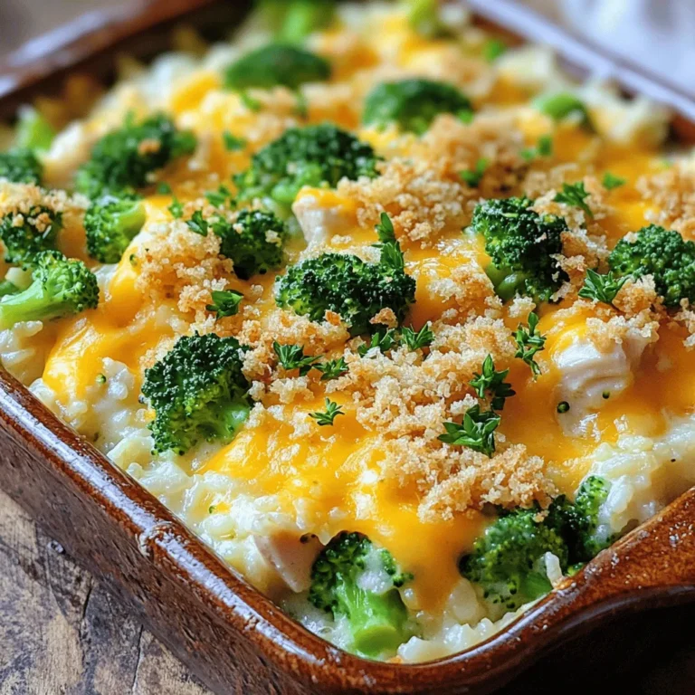- 2 cups cooked rice (white or brown) - 1 pound boneless, skinless chicken breasts, diced - 2 cups broccoli florets (fresh or frozen) - 1 can (10.5 oz) cream of mushroom soup (or any creamy soup of your choice) - 1 cup shredded cheddar cheese, divided - 1/2 cup milk - 1 teaspoon garlic powder - 1/2 teaspoon onion powder - 1 teaspoon dried thyme - Salt and pepper to taste - 1/2 cup breadcrumbs (optional, for topping) - 2 tablespoons olive oil I love using fresh ingredients when I make this casserole. The chicken gives it protein. Broccoli adds a nice crunch and color. You can use frozen broccoli if fresh isn’t available. It works just as well! I recommend using cream of mushroom soup for a rich flavor. You can swap it with any creamy soup you enjoy. The cheddar cheese is key for that melty goodness on top. Split the cheese; half goes in the mix, and half stays for the topping. For seasoning, garlic powder and dried thyme bring out the best taste. Adjust salt and pepper to fit your palate. If you want a crunchy top, add breadcrumbs for texture. Drizzle olive oil to keep it all moist and flavorful. This combination makes a cozy, tasty meal. You’ll love how easy it is to prepare. Check the [Full Recipe] for all the steps to make this dish shine! First, preheat your oven to 350°F (175°C). This step is key. A hot oven helps your casserole cook evenly. While it heats, prepare your baking dish. Grease a 9x13-inch dish with olive oil or cooking spray. This prevents sticking and makes for easy cleanup. Next, we cook the chicken. In a large skillet, heat 2 tablespoons of olive oil over medium heat. Once the oil is hot, add the diced chicken. Season the chicken with 1 teaspoon of garlic powder, 1/2 teaspoon of onion powder, 1 teaspoon of dried thyme, and salt and pepper to taste. Sauté it for about 5-7 minutes. Stir the chicken often to ensure even cooking. You want it to be fully cooked and lightly browned. In a large mixing bowl, combine your cooked rice, steamed broccoli florets, a can of cream of mushroom soup, and 1/2 cup of milk. Add half of your shredded cheddar cheese too. Mix these ingredients well until the mixture looks creamy. This step is important. A well-mixed casserole ensures every bite is full of flavor. Once your chicken is cooked, add it to the rice and broccoli mixture. Stir gently to combine everything evenly. Now, it’s time to bake. Spread the chicken and rice mixture in your greased baking dish. Sprinkle the remaining cheddar cheese over the top. If you want a crunchy topping, add 1/2 cup of breadcrumbs. Cover the dish tightly with aluminum foil. This keeps moisture in while baking. Place it in the preheated oven and bake for 25 minutes. After that, carefully remove the foil. Bake for an additional 10-15 minutes. You want the top to be golden brown and the cheese to be bubbling. When it's done, let the casserole rest for about 5 minutes. This helps the layers set before you serve. To make your chicken tender and moist, start with good-quality chicken. Sauté the diced chicken in olive oil over medium heat. Season it well with garlic powder, onion powder, thyme, salt, and pepper. Cook until it is no longer pink. This usually takes about 5-7 minutes. Stir it often for even cooking. For casserole success, preheat your oven to 350°F (175°C) before baking. Cover the dish with foil for the first part of baking. This keeps the dish moist. Remove the foil for the last 10-15 minutes to brown the cheese and breadcrumbs. For an appealing look, garnish your casserole with fresh parsley or chives. This adds a bright color and fresh flavor. You can also use individual ramekins for serving. This makes it easy to serve and adds a cozy touch to your table. Store leftovers in an airtight container in the fridge. They will last up to 3-4 days. If you want to freeze the casserole, wrap it tightly in foil or plastic wrap. It can last up to 3 months in the freezer. When reheating, you have two options: the microwave or the oven. For the microwave, heat in short bursts to avoid drying it out. Stir occasionally to heat evenly. For oven reheating, cover with foil and bake at 350°F (175°C) for about 20 minutes, or until heated through. {{image_4}} For a gluten-free option, swap the cream of mushroom soup with a gluten-free brand. You can also use gluten-free breadcrumbs or skip them altogether. For a low-fat version, cut back on cheese and milk. Use low-fat milk and just half the cheese. This keeps the dish tasty while reducing calories. You can change the flavor by adding different veggies. Carrots and bell peppers work great. They add color and crunch too! If you want a cheese twist, try mozzarella or pepper jack for a spicy kick. Each cheese brings its own unique taste, making each casserole a new experience. Using leftover rotisserie chicken is a smart time-saver. Just shred it and mix it in. For rice, consider quinoa or cauliflower rice for a low-carb option. Cauliflower rice is light and absorbs flavors well. It’s a great way to sneak in more veggies into your meal. Feel free to get creative. This dish is versatile, and you can tailor it to your taste! Chicken Broccoli Rice Casserole shines on its own, but you can enhance your meal with sides. Here are some tasty options: - Garlic Bread: Crisp and buttery, it pairs well with the creamy casserole. - Steamed Vegetables: Lightly steamed carrots or green beans add color and crunch. - Simple Salad: A fresh garden salad with lettuce, tomatoes, and cucumbers balances the rich flavors. For a quick salad, mix leafy greens with olive oil and lemon juice. This adds a refreshing touch to your meal. To complete your dinner, consider drinks that match the flavors of the casserole: - White Wine: A chilled Chardonnay or Sauvignon Blanc complements the dish well. - Sparkling Water: For a non-alcoholic option, sparkling water with lemon is refreshing. For kids, serve some apple juice or lemonade. These drinks are fun and pair nicely with the casserole's flavors. How long does it take to cook chicken in the casserole? It takes about 5 to 7 minutes to cook the chicken in the skillet. You want it cooked through and lightly browned. This step is key for flavor. Once you add the chicken to the casserole, it will bake for about 35 minutes. This helps all the flavors blend well. Can I prepare this dish ahead and refrigerate it? Yes, you can prepare the casserole ahead of time. Just mix all the ingredients as usual. Then, cover it and place it in the fridge. It’s best to bake it within 24 hours for best taste. What can I use instead of cream of mushroom soup? If you don’t have cream of mushroom soup, you can use cream of chicken soup. You can also make a homemade creamy base using sour cream or Greek yogurt mixed with milk. This keeps the dish rich and smooth. How do I store leftovers? To store leftovers, let the casserole cool first. Then, place it in an airtight container. It will stay fresh in the fridge for up to 3 days. Make sure to reheat only the portion you plan to eat. Can I freeze Chicken Broccoli Rice Casserole for future meals? Yes, you can freeze the casserole. Just cover it tightly with plastic wrap or foil. It will last in the freezer for up to 2 months. When ready to eat, thaw it in the fridge overnight before baking. For more details, check out the [Full Recipe]. It’s a great way to ensure you have all the steps at hand! In this article, we explored the key ingredients for Chicken Broccoli Rice Casserole and shared easy steps to make it. You learned about cooking tips, variations, and serving suggestions to enhance your meal. Remember, this dish is not only tasty but also nutritious. Try different ingredients to suit your taste or dietary needs. Enjoy creating this delicious casserole and share it with your family. You’ll love how simple and fun it is to prepare!