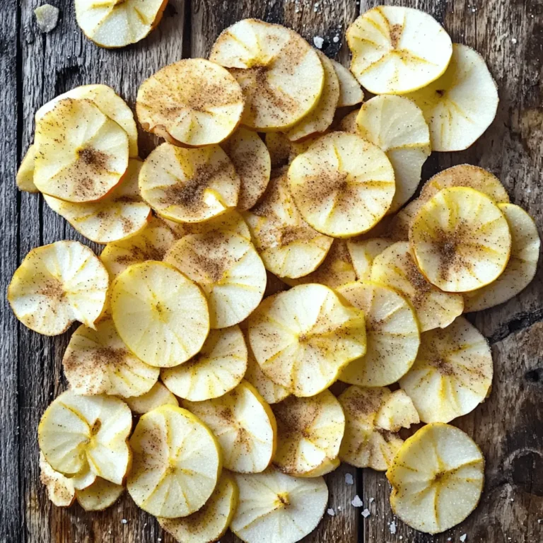 For the baked cinnamon apple chips, you will need: - 2 large apples (Honeycrisp or Fuji are ideal for sweetness and texture) - 1 teaspoon ground cinnamon - 1 tablespoon sugar (coconut sugar serves as a healthier alternative) - A pinch of salt - Optional: 1 teaspoon lemon juice (to prevent browning of the apple slices) You can switch out the sugar for a natural sweetener like honey or agave. For a fun twist, try adding a sprinkle of nutmeg or cardamom in place of cinnamon. If you want to skip the lemon juice, you can use vinegar. Just remember, it may change the flavor a bit. I recommend using Honeycrisp or Fuji apples. They offer a great mix of sweetness and crunch. Other good choices are Granny Smith for a tart flavor or Gala for a milder taste. Each type brings its own charm to the chips, so feel free to experiment with your favorites. First, set your oven to 225°F (110°C). This low heat helps the apples dry out slowly. While the oven warms up, line two baking sheets with parchment paper. This keeps the apple chips from sticking and makes cleanup easy. Next, wash the apples under cool water. This step is key for cleanliness. Use an apple corer or a sharp knife to remove the cores. Slice the apples into thin rounds, about 1/8 inch thick. If you want to keep them fresh, sprinkle a bit of lemon juice on the slices. This will stop browning. Now, lay the apple slices on the baking sheets. Make sure they do not overlap. Overcrowding will make it hard for them to crisp up. When the apple slices bake for about 45 minutes, flip them over. This helps them cook evenly. Use a spatula and be careful not to break them. Keep an eye on the apple chips as they bake. After 1 to 1.5 hours, they should look golden and feel crisp. If they still feel soft, let them bake a little longer. Once done, take them out and let them cool on the sheets. They will get crunchier as they cool. For the complete recipe, check out the Full Recipe section! To get your apple chips nice and crispy, slice them thin. Aim for about 1/8 inch thick. The thinner the slice, the crunchier the chip. Lay the slices flat on your baking sheet without overlapping. This helps them bake evenly. Baking at a low temperature, like 225°F, lets the moisture escape slowly. Flip them halfway through baking for even crispiness. Keep an eye on the apple chips as they bake. They can go from crisp to burnt quickly. Check them every 15 minutes towards the end of baking. Look for a light golden color and a crisp texture. If they bend, they need more time. If they snap, they're done. This way, you can catch them at just the right moment. These apple chips are great on their own, but you can make them even better. Serve them in a bright bowl for a fun touch. Pair them with dips like nut butter or yogurt for a tasty snack. You can also sprinkle some extra cinnamon on top before serving for added flavor. Enjoy them as a healthy treat any time of day! {{image_4}} You can change the spice game with nutmeg or cloves. Nutmeg gives a warm, sweet taste. Cloves add a rich, spicy flavor. Try mixing cinnamon with these spices for a fun twist. A little goes a long way, so start small. Just a pinch can transform your apple chips into something special. If you want to switch things up, use different sweeteners. Honey adds a nice floral note. Agave syrup is a great vegan choice. Coconut sugar offers a brown sugar taste. Each sweetener brings its unique flavor. Just remember to adjust the amount based on sweetness. Check the [Full Recipe] for guidance on using your chosen sweetener. Want to boost flavor? Add nuts or dried fruit. Chopped almonds or walnuts add crunch and protein. Dried cranberries or raisins can bring sweetness. Mix them into your cinnamon-sugar blend for an extra treat. You can even sprinkle them on top before baking. This way, each bite becomes a delightful surprise. To keep your baked cinnamon apple chips fresh, use an airtight container. Glass jars work well. You can also use resealable plastic bags. Just make sure to remove as much air as possible. Store them in a cool, dark place. Avoid direct sunlight or heat, which can make them soggy. When stored properly, these chips can last about one week. After that, they may lose some crunch. If you place them in the fridge, they can last longer, but the texture might change. Always check for any signs of moisture or softness before enjoying them. If your apple chips lose their crunch, don’t worry! You can easily revive them. Simply preheat your oven to 200°F (93°C). Spread the chips on a baking sheet in a single layer. Bake them for about 5 to 10 minutes. This will help bring back their crispy texture. Enjoy them fresh from the oven! Yes, you can use a dehydrator. Just slice the apples thinly. Set the dehydrator to 135°F (57°C). Dehydrate for 6 to 8 hours. Check them often. You want them crisp but not burnt. This method keeps more nutrients than baking. To stop browning, you can use lemon juice. Just sprinkle a teaspoon on the slices. This acid slows down the browning process. You can also soak the slices in a mix of water and lemon juice for a few minutes. Rinse and dry them before baking. Apple chips are a great snack! They have fiber that helps digestion. They are low in calories, making them a healthier choice. You get natural sweetness without added sugar. Plus, they contain vitamins A and C. They are good for your skin and immune system. Yes, you can freeze them! First, let them cool completely. Place them in a single layer on a baking sheet. Freeze until solid. Then, transfer to an airtight bag. They can last up to 6 months in the freezer. Just let them thaw before eating. For the full recipe, check the earlier section. In this post, we explored how to make delicious baked cinnamon apple chips. We covered ingredients, substitutions, and the best apple varieties. The step-by-step guide included tips for achieving crispiness and avoiding overbaking. You also learned variations with spices and sweeteners, along with storage information. Now you have all the tools to create your own tasty snacks. Enjoy your homemade apple chips!
