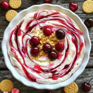 To make Cherry Cheesecake Dip, you need a few simple items: - 8 oz cream cheese, at room temperature - 1 cup powdered sugar - 1 tsp pure vanilla extract - 1 cup sour cream - 1/2 cup heavy whipping cream - 1 cup cherry pie filling (can be canned or homemade) - 1/2 cup crushed graham crackers These ingredients create a rich and creamy dip. The cream cheese gives it a smooth texture. The sour cream adds tanginess, while the powdered sugar sweetens it just right. The cherry pie filling gives your dip its fruity flavor and color. For a fun touch, consider adding: - Fresh cherries for garnish - Additional crushed graham crackers These garnishes not only make your dip look great but also add extra flavor and texture. Fresh cherries provide a burst of taste, while more graham crackers give a nice crunch. To make this dip, you will need: - Mixing bowls - Electric mixer or hand mixer - Spatula - Serving bowl These tools help you mix the ingredients well and serve your dip beautifully. A good mixer is key for getting that creamy texture. A spatula helps fold in the whipped cream gently, keeping it light and airy. Start by taking your cream cheese out. It should feel soft. Place it in a large bowl. Add the powdered sugar on top. Use an electric mixer on medium speed. Mix until it is smooth and creamy. You want to remove all lumps. Then, add the pure vanilla extract. Pour in the sour cream next. Keep mixing on low speed. Your mixture should feel silky and well combined. Now, let’s whip the heavy cream. Pour it into a separate bowl. Use a hand mixer or a stand mixer. Beat it on high speed. Watch for stiff peaks to form. This step is key for a light dip. Once you have stiff peaks, gently fold this whipped cream into the cream cheese mix. Use a spatula for this. Be careful not to deflate the whipped cream. This keeps your dip airy and fluffy. Once the whipped cream is folded in, it is time for the cherry pie filling. Spoon the filling into your dip mixture. Gently fold it in, making sure to keep those pretty swirls. You want to see the cherry color spread. Once mixed well, transfer your dip to a serving bowl. Top it with crushed graham crackers for some crunch. Cover it with plastic wrap. Place it in the fridge for at least 30 minutes. This helps the flavors blend. Check out the Full Recipe for more details! To get the best dip, start with soft cream cheese. Make sure it’s at room temperature. This helps it blend well. Beat the cream cheese and sugar until smooth. When you add the whipped cream, fold it gently. This keeps the dip light and fluffy. If it feels too thick, add a splash of milk to loosen it up. You can mix things up a bit. Instead of sour cream, use Greek yogurt for a tangy twist. If you want a lower-calorie dip, try using light cream cheese. For a dairy-free option, go for vegan cream cheese. You can also swap cherry pie filling for other fruit fillings like strawberry or blueberry. This dip is versatile and can fit many tastes! Serve your dip with a variety of dippers. Graham crackers and vanilla wafers are classic choices. Fresh fruit like apple slices or strawberries also works great. For a fun twist, use pretzels for a salty contrast. Make your dip a centerpiece by adding fresh cherries on top and a sprinkle of graham crackers. This makes it look beautiful and inviting. For the full recipe, check out the instructions above. {{image_4}} You can mix chocolate into your cherry cheesecake dip for a rich twist. Start with the base dip recipe. Melt about 4 ounces of semi-sweet chocolate and let it cool. Once cool, fold the chocolate into the cream cheese mixture. This adds a deep flavor that pairs well with cherries. The chocolate brings a new layer to your dip. Serve it with chocolate wafers or pretzels for a fun crunch. Turn your dip into no-bake bars! Use the dip as a filling. Spread it into a pan lined with parchment paper. Press crushed graham crackers on top for the crust. Chill it in the fridge for at least two hours. Once set, cut it into squares. These bars are perfect for parties and easy to grab. You can even drizzle chocolate over the top for extra sweetness. You can swap out cherries for other fruits in the dip. Fresh strawberries or blueberries work great. Just use the same amount of fruit pie filling. You can also mix in diced peaches or raspberries for a summer twist. Each fruit brings its own taste profile. Experimenting with flavors keeps the dip fresh and exciting. Don’t forget to serve it with an array of colorful dippers! After you enjoy your Cherry Cheesecake Dip, keep any leftovers in the fridge. Place the dip in an airtight container. This helps keep it fresh. Always cover the top with plastic wrap if you do not have a lid. Choose a container that seals well. Glass containers work great. They do not absorb smells and keep flavors intact. Plastic containers are lighter and easy to store. Just make sure they are safe for the fridge. The dip lasts about 3 to 5 days in the fridge. To enjoy the best taste, eat it within 3 days. Always check for signs of spoilage, like odd smells or changes in texture. To keep the dip fresh, do not let it sit out for too long during serving. Return it to the fridge when not in use. For the full recipe, you can refer to the Cherry Cheesecake Dip recipe section. Yes, you can use other fruit fillings. Strawberry, blueberry, or raspberry work well. Each fruit adds a different flavor. You can even mix fruits for a fun twist. Just make sure the filling is thick enough. This keeps the dip creamy. Absolutely! You can make this dip a day before your event. Just store it in the fridge. This gives the flavors time to blend. Just remember to cover it well. This keeps it fresh and tasty. You have many tasty options for serving. Try these: - Graham crackers - Vanilla wafers - Fresh fruit like strawberries or apple slices - Pretzel sticks for a salty crunch These will add fun textures and flavors. Each bite will be a delight! Check the Full Recipe for more tips on serving. This blog post covered how to make Cherry Cheesecake Dip from start to finish. We explored the main ingredients, optional garnishes, and key kitchen tools. You learned how to mix the base, incorporate whipped cream, and add cherry filling. You now have tips for consistency, substitutions, and serving ideas. Variations like chocolate cherry dip offer new flavors, while proper storage helps keep leftovers fresh. Remember, it's easy to customize this dip. Experiment and enjoy your sweet creation!